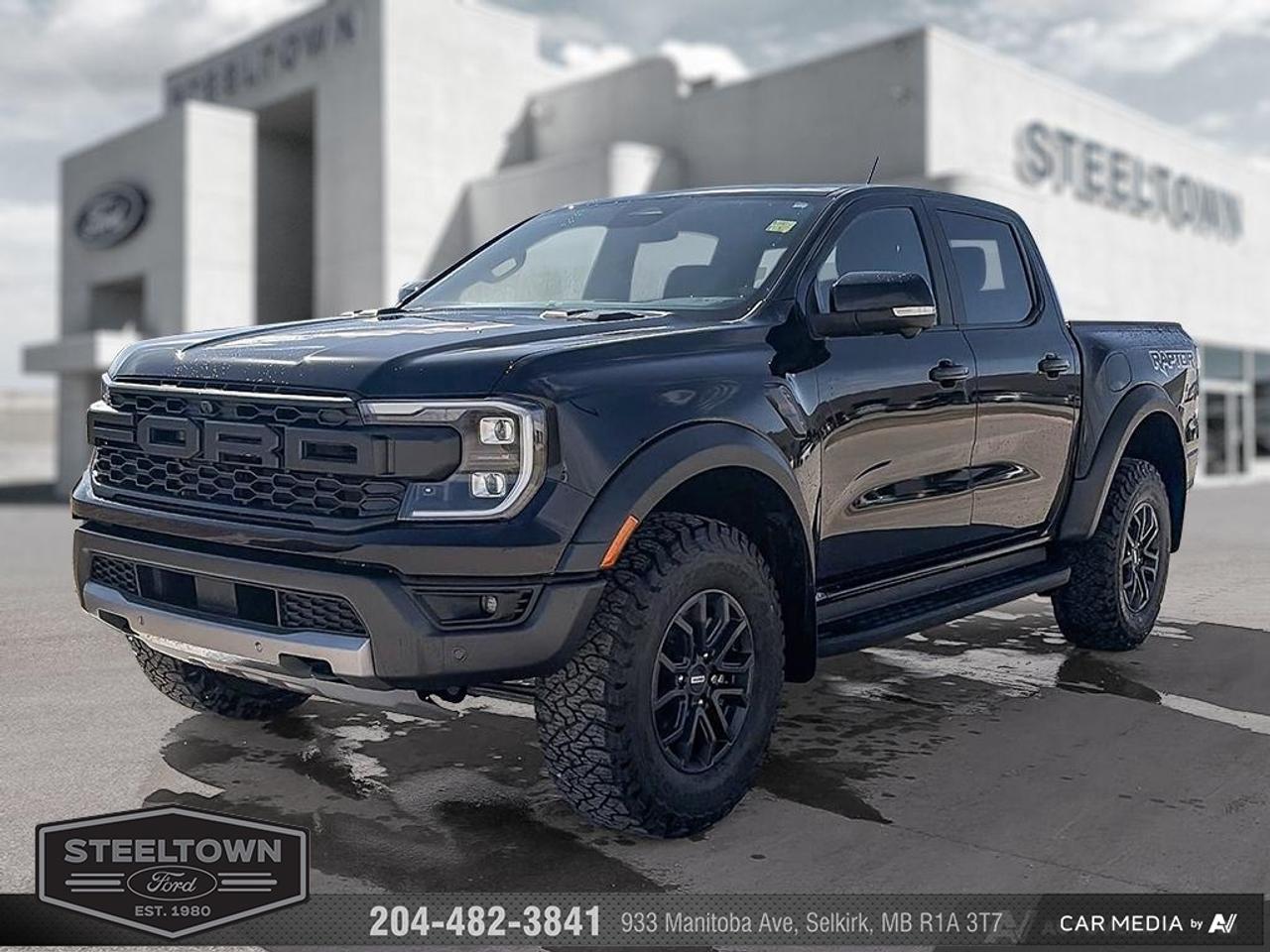 <b>Low Mileage, Off-Road Suspension,  Premium Audio,  Navigation,  Adaptive Cruise Control,  Heated Seats!</b><br> <br> We value your TIME, we wont waste it or your gas is on us!   We offer extended test drives and if you cant make it out to us we will come straight to you!<br><br><br> <br>A truly compelling off-road vehicle, this Ford Ranger comes with exceptional capabilities and unparalleled potential. This 2025 Ford Ranger is for sale today in Selkirk. <br> <br>With astounding capability for its size, along with a refined and well thought out interior, this Ford Ranger is exactly what you have been looking for. Efficient, yet powerful and with a ton of helpful features, this amazing midsize truck is perfect for the urban worksite, while the plush interior and off-road capability make sure your weekend getaway is as far away as possible. In this Ford Ranger, the only thing that feels midsized is the footprint. This low mileage Crew Cab 4X4 pickup has just 759 km. Its Black in colour. It has an Automatic transmission and is powered by a 415HP 3.0L V6 Cylinder Engine. <br> <br> Our Rangers trim level is Raptor. This Ranger Raptor is a transformative package that features FOX off-road baja suspension, beefy exterior styling, front and rear locking differentials, undercarriage skid plates and active anti-roll bars for an incredible desert-running experience. This truck is also decked with amazing features such as a sonorous 10-speaker B&O audio system, heated leather-trimmed front seats with power lumbar support, a heated steering wheel, adaptive cruise control, smart device remote engine start, and SYNC 4A with navigation capability. Additional features include blind spot detection, lane keeping assist with lane departure warning, active park assist with automated parking sensors, and an aerial view camera system. This vehicle has been upgraded with the following features: Off-Road Suspension, Premium Audio, Navigation, Adaptive Cruise Control, Heated Seats, Leather Seats, 360 Camera.<br> To view the original window sticker for this vehicle view this <a href=http://www.windowsticker.forddirect.com/windowsticker.pdf?vin=1FTER4LR2SLE37254 target=_blank>http://www.windowsticker.forddirect.com/windowsticker.pdf?vin=1FTER4LR2SLE37254</a>. <br/><br> <br>To apply right now for financing use this link: <a href=http://www.steeltownford.com/?https://CreditOnline.dealertrack.ca/Web/Default.aspx?Token=bf62ebad-31a4-49e3-93be-9b163c26b54c&La target=_blank>http://www.steeltownford.com/?https://CreditOnline.dealertrack.ca/Web/Default.aspx?Token=bf62ebad-31a4-49e3-93be-9b163c26b54c&La</a><br><br> <br/><br>Family owned and operated in Selkirk for 35 Years.  <br>Steeltown Ford is located just 20 minutes North of the Perimeter Hwy, with an onsite banking center that offers free consultations. <br>Ask about our special dealer rates available through all major banks and credit unions.<br><br><br>Steeltown Ford Protect Plus includes:<br>- Life Time Tire Warranty <br>Cars cost less in Selkirk <br><br>Dealer Permit # 1039<br><br><br> Come by and check out our fleet of 110+ used cars and trucks and 150+ new cars and trucks for sale in Selkirk.  o~o