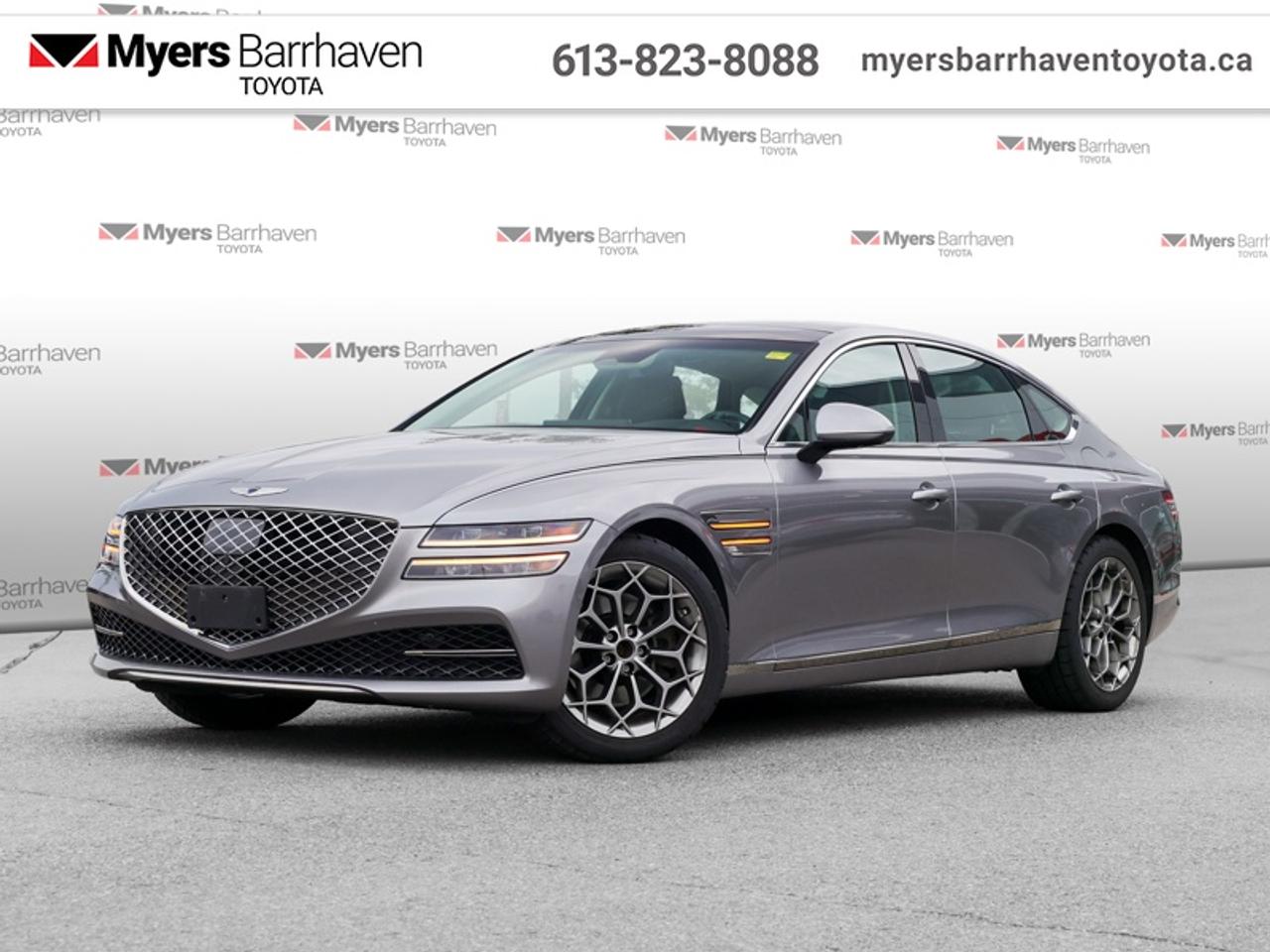 <b>Sunroof,  Cooled Seats,  Lexicon Premium Audio,  HUD,  360 Camera!</b><br> <br>  Compare at $37334 - Our Live Market Price is just $35898! <br> <br>With a striking exterior design and a polished interior cabin, this G80 is the purest expression of athletic elegance. This 2024 Genesis G80 is fresh on our lot in Ottawa.<br> <br>This stunning Genesis G80 slots in-between the smaller G70 and the larger G90, while offering a premium interior design, and modern infotainment technology. The G80s fresh take on what makes a premium car special, cements it at the top of its competitive class of luxury sedans. From its unique double headlights design and jewel-like pentagonal grille, to its exquisitely crafted bodywork and sloping roofline, the Genesis G80 draws attention for all of the right<br> <br>This sedan has 77,789 km. Its nice in colour. It has an Automatic transmission and is powered by a 300HP 2.5L 4 Cylinder Engine. <br> <br> Our G80s trim level is 2.5T Advanced. This G80 Advanced comes with great standard features such as ventilated and heated Nappa leather-trimmed seats with multiple adjustments, a heated steering wheel, adaptive cruise control, a dual-panel glass sunroof, a drivers head up display unit, and a sonorous 21-speaker Lexicon premium audio setup. Safety features also consist of blind spot detection, lane keeping assist with lane departure warning, an aerial view camera system, collision mitigation, and front and rear parking sensors. This vehicle has been upgraded with the following features: Sunroof, Cooled Seats, Lexicon Premium Audio, HUD, 360 Camera, Adaptive Cruise Control, Lane Keep Assist.<br> <br>To apply right now for financing use this link: <a href=https://www.myersbarrhaventoyota.ca/quick-approval/ target=_blank>https://www.myersbarrhaventoyota.ca/quick-approval/</a><br> <br/>Buy this vehicle now for the lowest bi-weekly payment of <b>$257.81</b> with $0 down for 84 months @ 7.99% APR O.A.C. ( Plus applicable taxes - Plus applicable fees ). See dealer for details. <br><br>At Myers Barrhaven Toyota we pride ourselves in offering highly desirable pre-owned vehicles. We truly hand pick all our vehicles to offer only the best vehicles to our customers. No two used cars are alike, this is why we have our trained Toyota technicians highly scrutinize all our trade ins and purchases to ensure we can put the Myers seal of approval. Every year we evaluate 1000s of vehicles and only 10-15% meet the Myers Barrhaven Toyota standards. At the end of the day we have mutual interest in selling only the best as we back all our pre-owned vehicles with the Myers *LIFETIME ENGINE TRANSMISSION warranty. Thats right *LIFETIME ENGINE TRANSMISSION warranty, were in this together! If we dont have what youre looking for not to worry, our experienced buyer can help you find the car of your dreams! Ever heard of getting top dollar for your trade but not really sure if you were? Here we leave nothing to chance, every trade-in we appraise goes up onto a live online auction and we get buyers coast to coast and in the USA trying to bid for your trade. This means we simultaneously expose your car to 1000s of buyers to get you top trade in value. <br>We service all makes and models in our new state of the art facility where you can enjoy the convenience of our on-site restaurant, shuttle van, free Wi-Fi, Enterprise Rent-A-Car, on-site tire storage, and complimentary drinks. Come see why many Toyota owners are making the switch to Myers Barrhaven Toyota. <br>*LIFETIME ENGINE TRANSMISSION WARRANTY NOT AVAILABLE FOR VEHICLES WITH KMS EXCEEDING 140,000KM, VEHICLES 8 YEARS & OLDER, HIGHLINE BRAND VEHICLES (e.g., BMW, INFINITI, CADILLAC, LEXUS), AND QUEBEC RESIDENTS.<br> Come by and check out our fleet of 80+ used cars and trucks and 20+ new cars and trucks for sale in Ottawa.  o~o