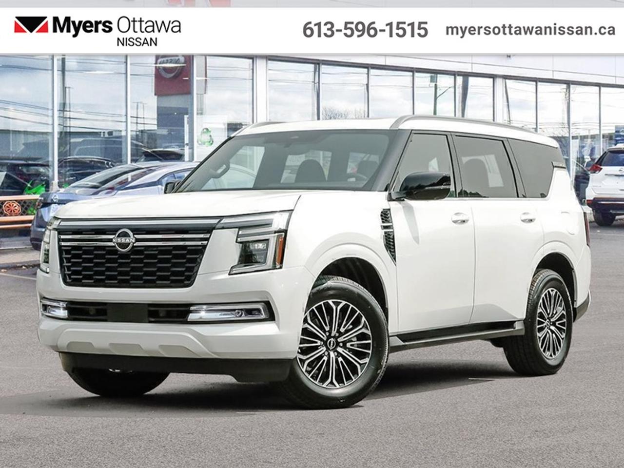 <b>Sunroof,  Klipsch Premium Audio,  Wireless Charging,  Navigation,  Heated Seats!</b><br> <br> With a rough and tumble exterior, a tech filled and plush interior, this 2026 Nissan Armada feels tailor-made for you.<br> <br>This 2026 Nissan Armada with its excellent road manners is arguably one of the best SUVs on the market. A well fitted and luxurious cabin keeps all passengers comfortable as it tackles highways and back roads with the same level of expertise and confidence. High towing capabilities as well as a generous cargo space only add to the versatility of this premium SUV, letting you haul family and luggage alike with no sacrifices being made to stability or power delivery.<br> <br>This Aspen White Tricoat SUV has an Automatic transmission and is powered by a 425HP 3.5L V6 Cylinder Engine. <br> <br> Our Armadas trim level is SL. Its refined body features a panoramic sunroof, power liftgate, and running boards for easy access, while the spacious interior offers heated front and rear seating, leather-appointed surfaces, and elegant wood and piano black trim. The cabin integrates a 12.3-inch touchscreen with Google built-in, wireless Apple CarPlay and Android Auto, a Klipsch premium audio system, and Wi-Fi connectivity for an immersive experience on every drive. ProPILOT Assist 1.1, Intelligent Cruise Control, and an Aerial View Camera System enhance driver confidence, supported by a full suite of safety features including Intelligent Blind Spot Intervention, Lane Departure Prevention, and Automatic Emergency Braking. With three rows of versatile seating, intuitive convenience features, and advanced driver assistance, it delivers a perfect balance of power, comfort, and capability for every journey. This vehicle has been upgraded with the following features: Sunroof, Klipsch Premium Audio, Wireless Charging, Navigation, Heated Seats, Heated Steering Wheel, Remote Start.<br><br> <br>To apply right now for financing use this link: <a href=https://www.myersottawanissan.ca/finance target=_blank>https://www.myersottawanissan.ca/finance</a><br> <br/>Weve discounted this vehicle $3000. Total rebate of $5000 is reflected in the price. Incentives expire 2026-08-31. See dealer for details. <br> <br> <br>LEASING:<br><br>Estimated Lease Payment: $1082/m <br>Payment based on 4.9% lease financing for 60 months with $0 down payment on approved credit. Total obligation $64,966. Mileage allowance of 16,000 KM/year. Offer expires 2026-08-31.<br><br><br><br> Come by and check out our fleet of 20+ used cars and trucks and 140+ new cars and trucks for sale in Ottawa.  o~o