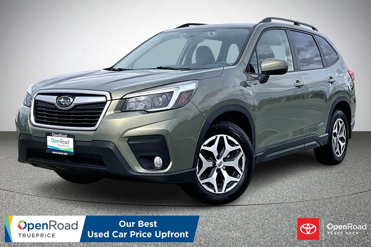 The 2021 Subaru Forester Touring CVT is a well-equipped compact SUV featuring a 2.5-litre 4-cylinder Boxer engine producing 182 horsepower, paired with a smooth CVT and standard symmetrical all-wheel drive for confident traction. It offers strong fuel efficiency around 9.0/7.2 L/100 km (city/highway).  The Touring trim adds an 8-inch touchscreen with Apple CarPlay and Android Auto, power liftgate, panoramic sunroof, heated steering wheel, and dual-zone climate control. Safety is enhanced by Subaru EyeSight with adaptive cruise control, lane keep assist, blind-spot monitoring, and rear cross-traffic alert. Inside, it provides heated seats, premium audio, and versatile cargo space up to about 2,000 litres. Have confidence with your OpenRoad purchase! Every OpenRoad Certified Pre-Owned vehicle comes fully reconditioned and complete with a comprehensive 153 point mechanical inspection, a CarFax history & lien report, a 3-Day Money Back Guarantee, a 30-Day/2,000 kms Exchange Policy, a 90-Day/5,000 kms Powertrain Warranty, guaranteed clear title, and membership to our exclusive Club OpenRoad! As a proud member of the OpenRoad Auto Group, a trusted name since 2000 serving the Lower mainland (including White Rock, Surrey, Langley, Maple Ridge, Delta, Richmond, Mission and beyond) with outstanding Toyota vehicles, Toyota parts, and Toyota service since 1966! OpenRoad Toyota Peace Arch is a &ldquo;True Price&rdquo; dealer, meaning no inflated prices, and no need for back and forth haggling! We use up to the minute technology offering LIVE MARKET VALUE PRICING to ensure you are receiving the most competitive price possible on all of our Pre-Owned vehicles!  All advertised vehicle prices do not include our $699 documentation fee.