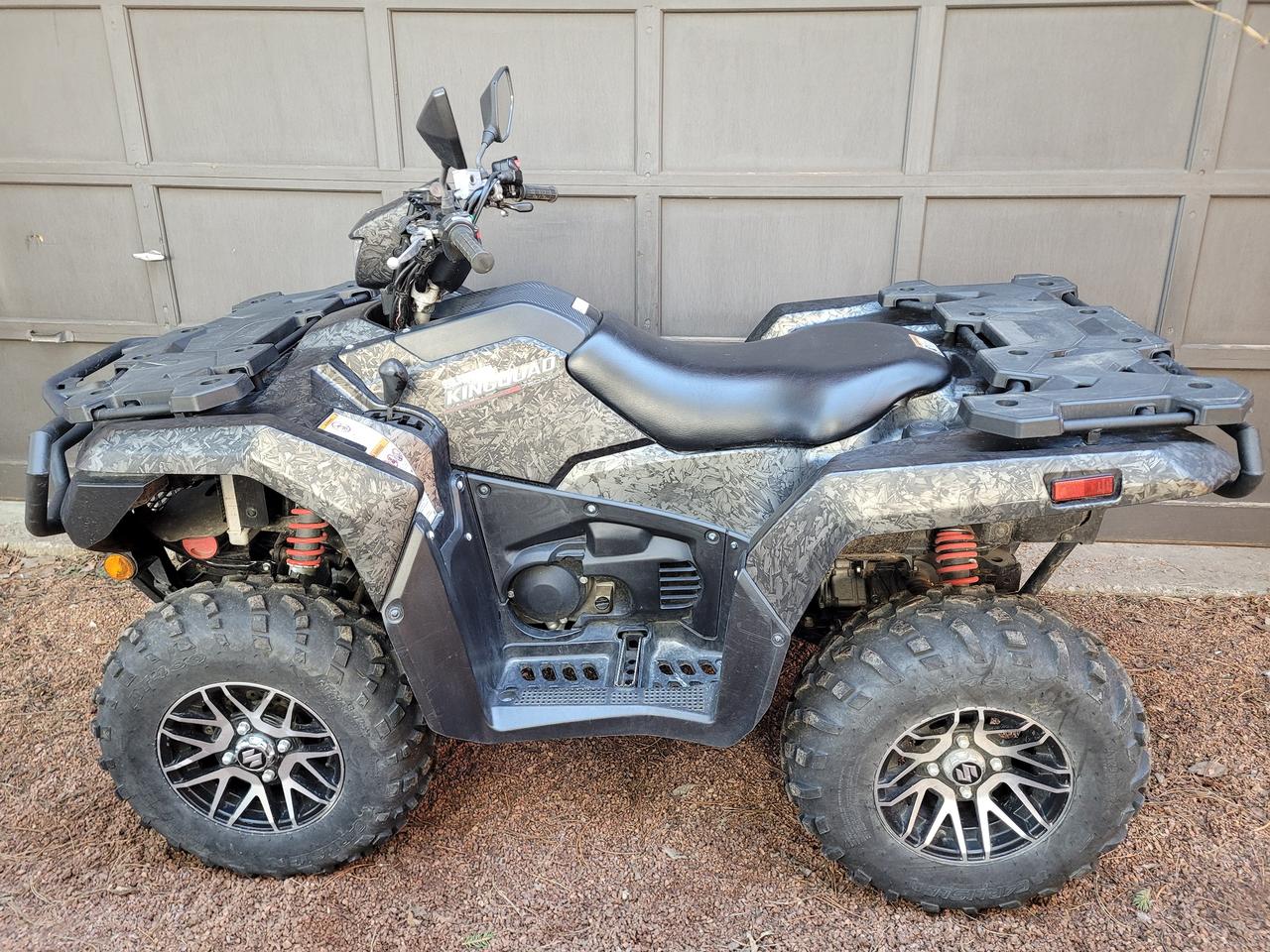 <p>Cast Carbon with the following Accessories Included:</p><p>Rear Bumper $525.</p><p>Front Bumper $570.</p><p>Warn Winch Kit $700.</p><p>KingQuad750AXi achieves a higher level of balance between practical use and leisure riding.<br>This makes it equally suitable for ranching and agriculture, or for trail riding and outdoors use.<br>Suzuki believes, there is a wide array of customers who will enjoy using this ATV for farming, ranching, chores, trail riding, hunting or other types of pleasure.</p><p>The 2023 Suzuki KingQuad 750AXi Power Steering SE+ is a flagship utility-sport ATV designed for both heavy-duty ranch work and recreational trail riding. As the SE+ (Special Edition Plus) trim, it features premium upgrades over the base model, including cast aluminum wheels with a Cast Carbon or Metallic Matte Rocky Gray finish and electronic power steering (EPS) as standard.</p><p>Key Specifications & Features</p><p>Engine: 722cc, liquid-cooled, DOHC, single-cylinder 4-stroke engine designed for strong low-to-mid-range torque.<br>Transmission: QuadMatic&trade; CVT-type automatic transmission with high/low range, neutral, reverse, and an advanced engine-braking system for controlled descents.<br>Drivetrain: Features push-button 2WD, 4WD, and a torque-sensing limited-slip front differential with a full 4WD differential lock.<br>Chassis & Suspension: Fully independent double-wishbone suspension at all four corners with 5-way preload-adjustable gas-charged shocks.<br>Towing & Hauling: Reinforced frame with a 1,322 lb (600 kg) towing capacity via a standard 2-inch receiver hitch.<br>Lighting: Includes dual fender-mounted headlights and a third handlebar-mounted headlight that follows your steering direction, plus an LED tail light.</p><p>Dimensions & Weight</p><p>Attribute&nbsp; &nbsp; &nbsp; &nbsp; &nbsp; &nbsp; &nbsp; &nbsp; &nbsp;Specification<br>Curb Weight&nbsp; &nbsp; &nbsp; &nbsp; &nbsp; &nbsp;721&ndash;723 lbs (327&ndash;328 kg)<br>Ground Clearance&nbsp; 10.2 inches (260 mm)<br>Seat Height&nbsp; &nbsp; &nbsp; &nbsp; &nbsp; &nbsp; 36.2 inches (920 mm)<br>Fuel Capacity&nbsp; &nbsp; &nbsp; &nbsp; &nbsp; 4.6 US gal (17.5 L)</p>