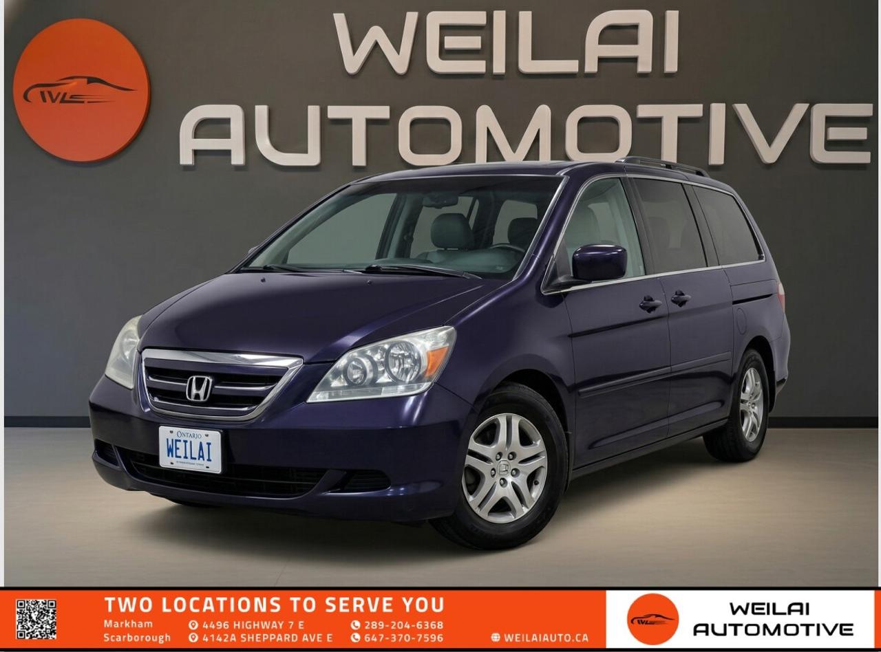 Rear DVD Entertainment System | Navigation System | Leather-Trimmed Seating | Power Sliding Doors | Power Tailgate | Low credit? No credit? Established Credit? We accept ALL!!! - Contact Us Today!Test Drive the 2007 Honda Odyssey Today! This top-of-the-line Touring minivan offers an unbeatable combination of family-friendly versatility, premium comfort, and reliable performance. Designed to make every road trip a breeze, this vehicle comes fully loaded with luxurious amenities, advanced entertainment options for rear passengers, and a highly capable V6 engine featuring Variable Cylinder Management for optimized fuel efficiency without sacrificing power. <br/> Performance:Engine: 3.5L SOHC i-VTEC V6 with Variable Cylinder Management <br/> Horsepower: 244 hp <br/> Torque: 240 lb-ft <br/> Transmission: 5-speed automatic <br/> Drivetrain: FWD <br/> Exterior:16-inch aluminum-alloy wheels <br/> Power sliding doors for effortless passenger access <br/> Power tailgate for convenient cargo loading <br/> Power moonroof with tilt feature <br/> Front and rear parking sensors <br/> Interior:Premium leather-trimmed seating surfaces <br/> Heated front seats with an 8-way power-adjustable driver seat <br/> Tri-zone automatic climate control <br/> Fold-flat 60/40 split third-row Magic Seat <br/> In-floor storage with Lazy Susan <br/> Technology:Honda Satellite-Linked Navigation System with voice recognition <br/> Rear DVD Entertainment System with a drop-down screen <br/> Premium audio system with 7 speakers including a subwoofer <br/> HandsFreeLink Bluetooth wireless mobile phone interface <br/> 115-volt household-style power outlet <br/> Safety:Vehicle Stability Assist (VSA) with Traction Control <br/> 4-wheel Anti-lock Braking System (ABS) with Electronic Brake Distribution <br/> Dual-stage front, side, and three-row side curtain airbags with rollover sensor <br/> Rearview camera integrated into the navigation display <br/> Tire Pressure Monitoring System (TPMS) <br/> Approximate Fuel Efficiency:City: 12.7 L/100 km <br/> Highway: 8.2 L/100 km! <br/> This exceptional minivan is a rare find in such a fully loaded trim level and it will not last long on our lot. Families are constantly looking for reliable, feature-packed vehicles like this one, meaning our hot inventory moves incredibly fast. Visit Weilai Automotive Inc. in Markham today to experience the premium comfort and versatility for yourself. Call us immediately to schedule your test drive and secure this outstanding Odyssey before another family takes it home! <br/> <br/> <br/> Financing and Credit Options:Weilai Automotive Inc. is committed to assisting customers with all types of credit backgrounds. Financing terms, including rates and options, will vary based on credit history and other factors. To protect your privacy, a signed consent form is required to review your financing options. Please contact us to schedule an appointment at your earliest convenience. <br/> Pricing, Taxes, and Additional Fees:Prices do not include HST or licensing fees. A free Carfax report is available on our website at weilaiauto.ca. We serve customers across the GTA, including but not limited to Markham, Scarborough, Barrie, Stouffville, Toronto, Richmond Hill, East Gwillimbury, Aurora, North York, East York, Whitby, and Brampton. <br/> Contact Us:To book an appointment, request more information, or discuss financing, please call 289-204-6368 or email info@weilaiauto.ca. We highly recommend scheduling a visit so you can inspect and test-drive the vehicle in person. <br/> <br/> <br/> “As-Is” Vehicle Condition:This vehicle is sold “as is.” We have not performed a mechanical inspection nor provided a safety certificate, and we cannot determine what may be required for it to meet safety standards. Although the original owner used this vehicle daily and it appears to be in good condition, buyers are strongly encouraged to inspect and test-drive the vehicle prior to purchase. <br/> OMVIC Disclosure for As-Is Vehicles:“This vehicle is being sold ‘as is,’ unfit, not e-tested, and is not represented as being in road-worthy condition, mechanically sound, or maintained at any guaranteed level of quality. The vehicle may not be fit for use as a means of transportation and may require substantial repairs at the purchaser’s expense. It may not be possible to register the vehicle to be driven in its current condition.”Although this wording may seem strict, it is a standard industry disclaimer required by OMVIC. From our observations, the vehicle appears to be in good condition, but it is sold without any guarantees or warranties. <br/> Disclaimer:The descriptions above and the contents on this vehicle detail page are generated by AI and other tools (such as a VIN decoder) which may contain inaccuracies or errors. They are provided for reference only and may not be entirely reliable. While we make every effort to provide accurate information, we strongly recommend verifying all details by inspecting the actual vehicle and reviewing its owner’s manual. <br/>