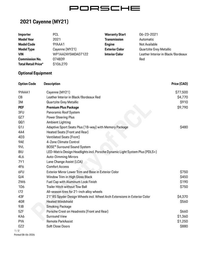 2021 Porsche Cayenne Premium Plus Package, 21in RS Spyder Design Wheels Photo
