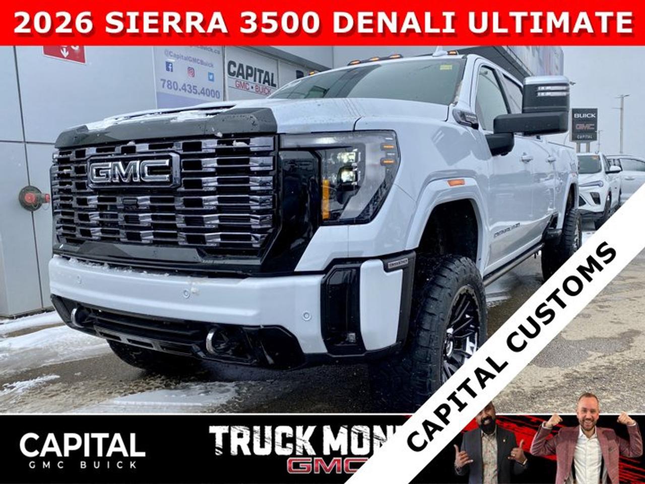 **CAPITAL CUSTOMS** - This truck is equipped with Zone 3 Lift Kit, Fuel Rebel Wheels (22X10 8X180) -18 Offset & 35X12.5R22 Toyo Open Country AT/3 tires & Painted Fender Flares.This 2026 DENALI ULTIMATE HD 3500 DURAMAX DIESEL IS HERE. Fully equipped with every option including Body Color Wheel Arch Moldings, Massaging Power Seats, Heated and Cooled Seats, Heads-Up Display, Adaptive Cruise, Rear Streaming Mirror, Signature Alpine Umber Interior, Vader Chrome, Duramax Engine, 360 Cam, Sunroof and so much more... CALL NOW and secure yours today..Ask for the Internet Department for more information or book your test drive today! Text (or call) 780-435-4000 for fast answers at your fingertips!Disclaimer: All prices are plus taxes and include all cash credits and loyalties. See dealer for details. AMVIC Licensed Dealer # B1044900