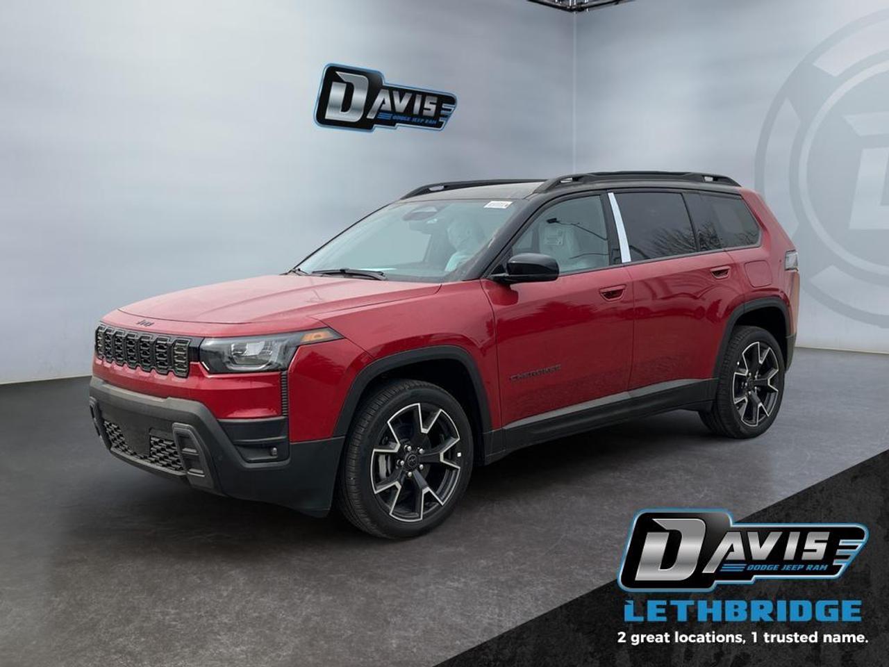<b>Navigation, Sunroof, Power Liftgate, Heated Seats, Heated Steering Wheel!</b><br /> <br /> <br /> <br />A suite of intelligent safety and driver-assistance features keeps you secure and in control wherever you go. <br /> <br />The 2026 Jeep Cherokee delivers the perfect mix of sophistication and strength, making it ideal for both adventure seekers and everyday drivers. Inside, youll find a well-appointed cabin packed with smart technology and comfortable finishes designed to elevate every drive. With dependable off-road capability, advanced safety systems, and a distinctive design, the Cherokee stands out as a versatile SUV ready for any road ahead.<br /> <br />This Red Hot Pearl SUV has an Automatic transmission and is powered by a 210HP 1.6L 4 Cylinder Engine. <br /> <br /> Our Cherokee's trim level is Overland. Enjoy refined comfort with heated Capri leatherette seats, 10-way power adjustments for both driver and passenger, dual-zone automatic climate control, and a heated leather-wrapped steering wheel that enhances every drive. The 12.3-inch Uconnect 5 NAV system with integrated navigation, wireless smartphone integration, and a 10-speaker premium audio system keeps you seamlessly connected and entertained, while the 4G LTE Wi-Fi hotspot and remote start add modern convenience. Confidence comes from advanced safety technologies including Active Driving Assist, Blind Spot Detection, Full-Speed Forward Collision Warning Plus, ParkSense with Stop, and Lane Management systems for all-around awareness. Sleek exterior details like the panoramic power sunroof, LED headlights with auto high-beam control, gloss black accents, and 20-inch machined aluminum wheels complete its modern and capable design. This vehicle has been upgraded with the following features: Navigation, Sunroof, Power Liftgate, Heated Seats, Heated Steering Wheel, Remote Start, Adaptive Cruise Control.<br /><br /> <br />To apply right now for financing use this link: <a href=https://lethbridge.davisdodge.ca/free-credit-check/ target=_blank rel=nofollow noopener noreferrer>https://lethbridge.davisdodge.ca/free-credit-check/</a><br /><br /> <br /><br />As a premier Chrysler, Dodge, Jeep and RAM dealership, Davis Dodge proudly offers an extensive selection of new and used vehicles to meet every drivers needs. Customers across Lethbridge, Fort Macleod, Taber, Claresholm, Coaldale, and beyond trust us for daily vehicle specials, certified service and parts, and a seamless online inventory experience. <br /><br /> With competitive financing options and expert support, we make car buying easy and enjoyable. <br /><br /> Ready to hit the road? Schedule your test drive today at Davis Dodge, your trusted Chrysler, Dodge, Jeep and RAM dealer in Lethbridge, Alberta.<br /><br /> Vehicle pricing offer shown expires 2026-04-30. <br /> Come by and check out our fleet of 70+ used cars and trucks and 110+ new cars and trucks for sale in Lethbridge. o~o