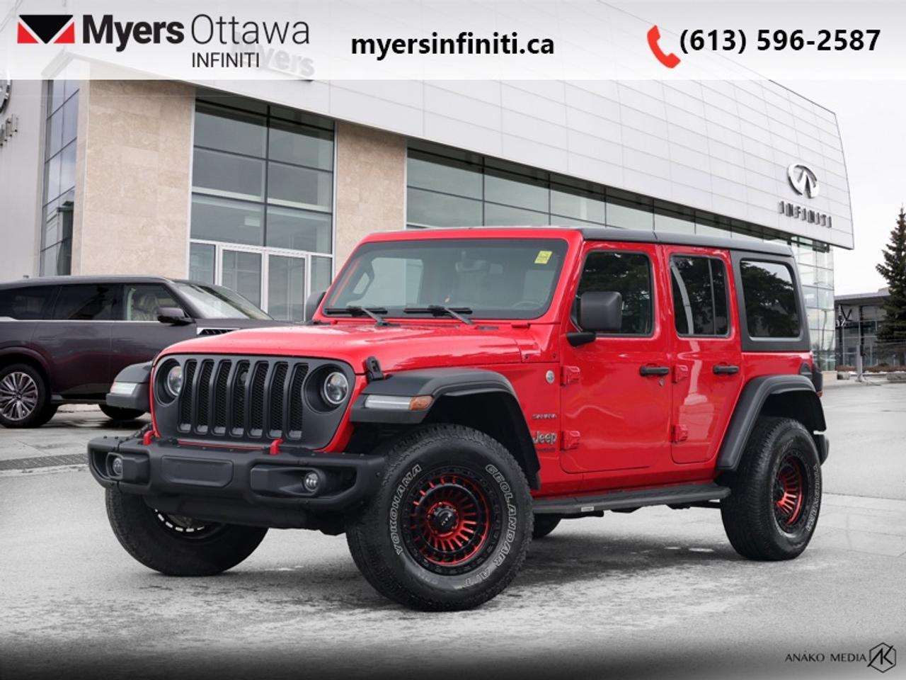 <b>Low Mileage, Navigation,  Premium Audio,  Apple CarPlay,  Android Auto,  4G Wi-Fi!</b><br> <br>  Compare at $40671 - Our Price is just $39486! <br> <br>This Jeep Wrangler is the culmination of tireless innovation and extensive testing to built the ultimate off-road SUV! This 2022 Jeep Wrangler is fresh on our lot in Ottawa. <br> <br>No matter where your next adventure takes you, this Jeep Wrangler is ready for the challenge. With advanced traction and handling capability, sophisticated safety features and ample ground clearance, the Wrangler is designed to climb up and crawl over the toughest terrain. Inside the cabin of this Wrangler offers supportive seats and comes loaded with the technology you expect while staying loyal to the style and design youve come to know and love. This low mileage SUV has just 47,297 km. Its Firecracker Red in colour and is completely accident free based on the <a href=https://vhr.carfax.ca/?id=MTdAl5gfFinDnPO6Ppla3aHkrERTyHF/ target=_blank>CARFAX Report</a>. It has a Manual transmission and is powered by a 285HP 3.6L V6 Cylinder Engine. <br> <br> Our Wranglers trim level is Unlimited Sahara. This Wrangler Sahara is the perfect balance between a family SUV and a weekend toy. With interior features like navigation, interior ambient lighting, Alpine Premium Audio System, Apple CarPlay, Android Auto, and wi-fi, you get to make everyday driving an engaging experience. This Sahara does not slack on the trail, sporting a hardtop, heavy duty suspension, bigger wheels, side steps, skid plates, tow hooks, a sport bar, Dana axles, and a shift-on-the-fly transfer case to ensure you can make it through the harshest terrain while aluminum wheels make sure you do it in style. A rearview camera and fog lamps help you stay safe. This vehicle has been upgraded with the following features: Navigation, Premium Audio, Apple CarPlay, Android Auto, 4G Wi-Fi, Aluminum Wheels, Rear Camera.<br> To view the original window sticker for this vehicle view this <a href=http://www.chrysler.com/hostd/windowsticker/getWindowStickerPdf.do?vin=1C4HJXEG6NW109887 target=_blank>http://www.chrysler.com/hostd/windowsticker/getWindowStickerPdf.do?vin=1C4HJXEG6NW109887</a>. <br/><br> <br>To apply right now for financing use this link: <a href=https://www.myersinfiniti.ca/finance/ target=_blank>https://www.myersinfiniti.ca/finance/</a><br><br> <br/><br> Buy this vehicle now for the lowest bi-weekly payment of <b>$330.75</b> with $0 down for 84 months @ 8.99% APR O.A.C. ( taxes included, and licensing fees   ).  See dealer for details. <br> <br>*LIFETIME ENGINE TRANSMISSION WARRANTY NOT AVAILABLE ON VEHICLES WITH KMS EXCEEDING 140,000KM, VEHICLES 8 YEARS & OLDER, OR HIGHLINE BRAND VEHICLE(eg. BMW, INFINITI. CADILLAC, LEXUS...)<br> Come by and check out our fleet of 50+ used cars and trucks and 120+ new cars and trucks for sale in Ottawa.  o~o