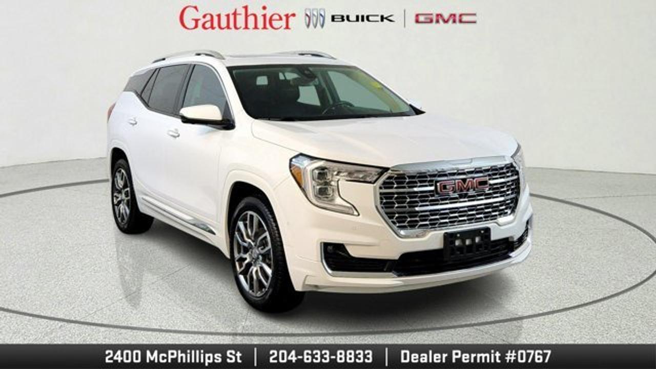 The 2022 GMC Terrain Denali is a compact luxury SUV that blends refined styling with premium features like leather upholstery, ventilated front seats, heated rear seats and distinctive Denali interior / exterior accents. It is powered by a 1.5L turbocharged engine and includes technology such as an 8-inch touchscreen infotainment system with navigation, wireless charging, a head-up display and a premium audio system. Safety and driving confidence are enhanced with standard features like adaptive cruise control, surround-view cameras, blind-spot monitoring, and GMC Pro Safety Plus driver-assistance technologies.