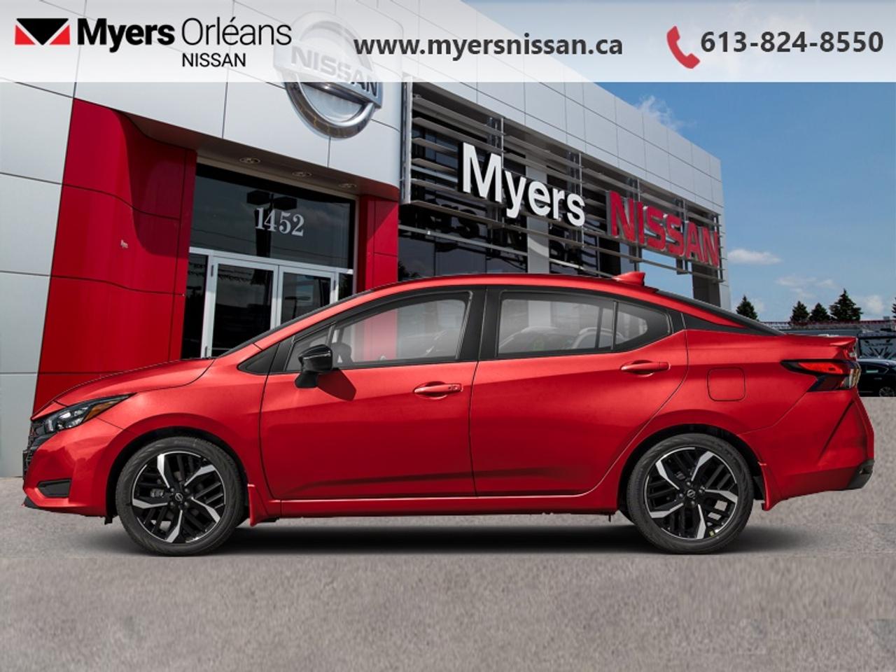 <b>Navigation,  LED Lights,  SiriusXM,  Heated Seats,  Apple CarPlay!</b><br> <br> <br> <br>From the sleek exterior styling to the efficient powertrain, Nissan aims to make ever drive a fun one with this 2025 Versa. <br> <br>The Nissan Versa stays true to the core mandate of providing a value-packed yet competent urban commuter. The updated looks and smooth handling with class-leading efficiency are few of the delightful characteristics that make this subcompact sedan a top pick. The interior is also loaded with great tech and safety features that ensure a blissful and hassle-free commute every time, in all conditions.<br> <br>This Scarlet Ember Pearl Metallic Tintcoat sedan has an Automatic transmission and is powered by a 122HP 1.6L 4 Cylinder Engine. <br> <br> Our Versas trim level is SR. his range-topping Versa SR gets an upgraded 8-inch infotainment screen with navigation, SiriusXM satellite radio, Apple CarPlay and Android Auto, LED lights, silver alloy wheels, a lip spoiler, and a dark chrome grille. Other features include SR fabric heated front seats, remote start, blind spot detection, front fog lamps, remote keyless entry, cruise control with steering wheel controls, air conditioning, Siri Eyes Free, and Google Assistant voice recognition. Safety features include intelligent emergency braking, lane departure warning, front and rear collision mitigation, and a rearview camera. This vehicle has been upgraded with the following features: Navigation, LED Lights, SiriusXM, Heated Seats, Apple CarPlay, Android Auto, Remote Start.<br><br> <br/> See dealer for details. <br> <br> <br>LEASING:<br><br>Estimated Lease Payment: $407/m <br>Payment based on 6.74% lease financing for 60 months with $0 down payment on approved credit.         Total obligation $24,460. Mileage allowance of 16,000 KM/year. Offer expires 2026-03-31.<br><br><br>We are proud to regularly serve our clients and ready to help you find the right car that fits your needs, your wants, and your budget.And, of course, were always happy to answer any of your questions.Proudly supporting Ottawa, Orleans, Vanier, Barrhaven, Kanata, Nepean, Stittsville, Carp, Dunrobin, Kemptville, Westboro, Cumberland, Rockland, Embrun , Casselman , Limoges, Crysler and beyond! Call us at (613) 824-8550 or use the Get More Info button for more information. Please see dealer for details. The vehicle may not be exactly as shown. The selling price includes all fees, licensing & taxes are extra. OMVIC licensed.Find out why Myers Orleans Nissan is Ottawas number one rated Nissan dealership for customer satisfaction! We take pride in offering our clients exceptional bilingual customer service throughout our sales, service and parts departments. Located just off highway 174 at the Jean DÀrc exit, in the Orleans Auto Mall, we have a huge selection of New vehicles and our professional team will help you find the Nissan that fits both your lifestyle and budget. And if we dont have it here, we will find it or you! Visit or call us today.<br> Come by and check out our fleet of 30+ used cars and trucks and 120+ new cars and trucks for sale in Orleans.  o~o