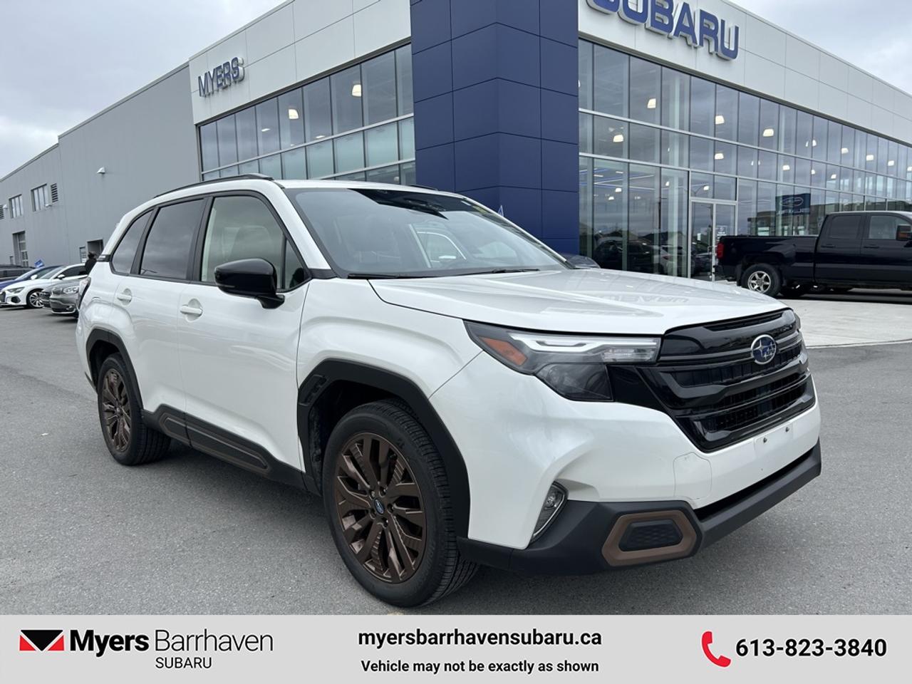 <b>Premium Audio,  Sunroof,  Power Liftgate,  Heated Steering Wheel,  Heated Seats!</b><br> <br> Giving you total driving confidence with its fun-to-drive nature, responsive handling, and outstanding ride comfort this amazing Subaru Forest is ready to anything you put in front of it. This 2025 Subaru Forester is fresh on our lot in Nepean. <br> <br>The Subaru Forester brings more convenience and versatility to your daily life with durable and quality materials, a driver focused cockpit and incredible off-road capability. With a well-engineered suspension that securely hugs the road and an impressive suite of driver assistance packages, the safety of you and your family is second to none. This SUV has 38,022 km. Its Crystal White P in colour. It has an Automatic transmission and is powered by a 180HP 2.5L 4 Cylinder Engine. <br> <br> Our Foresters trim level is Sport. This trim steps things up with a 11-speaker harman/kardon system, a panoramic sunroof, a power liftgate for rear cargo access, and a heated steering wheel. Other standard features include heated front seats, adaptive cruise control, automatic high beams, aluminum alloy wheels, dual-zone climate control, and an 11.6-inch tablet-style touchscreen infotainment system with Apple CarPlay and Android Auto. Safety features also include pre-collision braking, lane keeping assist with lane departure warning, and forward collision mitigation. This vehicle has been upgraded with the following features: Premium Audio, Sunroof, Power Liftgate, Heated Steering Wheel, Heated Seats, Adaptive Cruise Control, Lane Keep Assist.<br> <br>To apply right now for financing use this link: <a href=https://www.myersbarrhavensubaru.ca/quick-approval/ target=_blank>https://www.myersbarrhavensubaru.ca/quick-approval/</a><br><br> <br/><br><br> The Myers name has been synonymous with first-rate automotive service and products for over 80 years in Ottawa; we are happy to welcome you here to <b> Myers Barrhaven Subaru </b> the unbeatable Subaru dealer in Ottawa and the National Capital Region. Serving drivers as the premier Subaru dealership near Kanata, Orléans, Gatineau, QC and Vanier region, we offer a wide range of new and used offerings from Subaru. If youre in the market for a full range of Subaru cars and Subaru SUVs for sale in Ottawa. </br><br> Come by and check out our fleet of 50+ used cars and trucks and 20+ new cars and trucks for sale in Nepean.  o~o