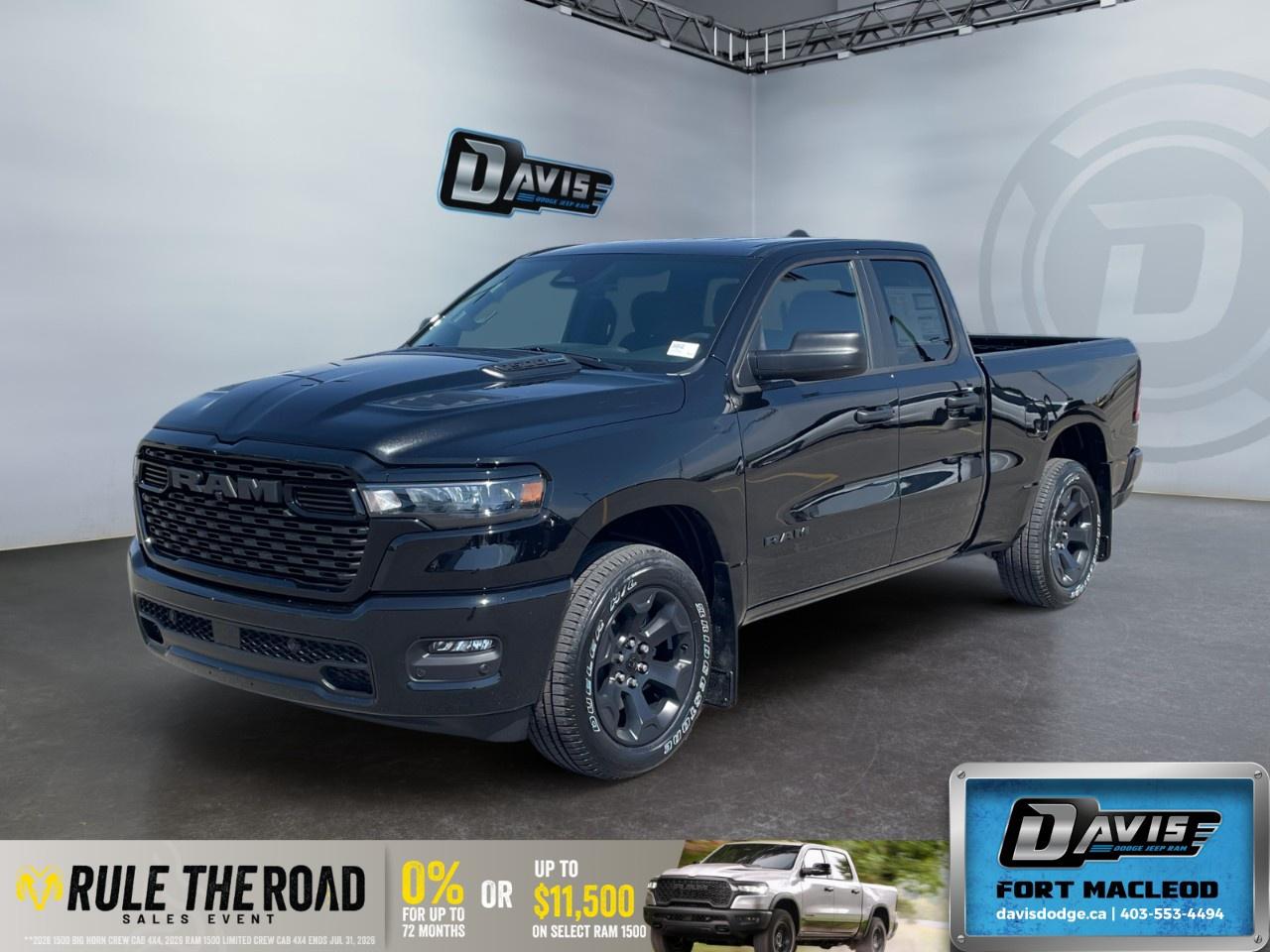 <p>Experience the power and style of the brand new 2026 Ram 1500 Express 4x4 Quad Cab 6'4" Box in striking black. Built for both strength and sophistication, this 4x4 truck offers exceptional handling and durability.</p><p><strong>Exterior Features:</strong><br />  Diamond Black Crystal Pearl finish<br />  20" x 9" Aluminum Painted Clad wheels<br />  Black Mesh Grille with Black Surround<br />  Front LED Fog Lamps<br />  Body-Colour Front and Rear Bumpers with Step Pads<br />  Rear Wheelhouse Liners</p><p><strong>Interior Features:</strong><br />  Black Cloth High-Back Front Bucket Seats<br />  Rear Power Sliding Window<br />  Rear 60/40 Folding Seat<br />  Front Centre Seat Cushion Storage<br />  Full-Length Floor Console<br />  Front Seatback Map Pockets</p><p><strong>Technology & Safety Features:</strong><br />  7" Customizable In-Cluster Display<br />  Adaptive Cruise Control<br />  Backup Camera<br />  Lane Assist<br />  Brake Assist<br />  Parking Sensors<br />  Remote Start<br />  Keyless Entry<br />  Bluetooth Connection<br />  Smart Device Integration<br />  Wi-Fi Hotspot<br />  SiriusXM Satellite Radio</p><p>Perfectly suited for adventurers and those with an active lifestyle, the 2026 Ram 1500 delivers comfort, performance, and advanced technology. Visit Davis Dodge Fort Macleod for more information and make this remarkable truck yours today!</p>