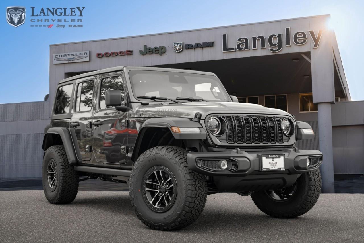 <p><strong>2026 Jeep Wrangler Willys 4-Door 4x4</strong></p><p>The 2026 Jeep Wrangler Willys remains the ultimate "sweet spot" for off-roaders, combining heavy-duty hardware from the Rubicon with a more accessible price point. This trim features a factory-installed suspension lift, massive 33-inch tires, and an electronic-locking rear differential, all while sporting the classic Willys-inspired "Willys" hood decals and blacked-out exterior accents.</p><p></p><ul><li><p><strong>Engine</strong>: 3.6L Pentastar V6 with Engine Stop/Start (285 hp, 260 lb-ft torque)</p><p></p></li><li><p><strong>Optional Engine</strong>: 2.0L Turbo I-4 with Engine Stop/Start (270 hp, 295 lb-ft torque)</p><p></p></li><li><p><strong>Drivetrain</strong>: Command-Trac Part-Time 4x4 system with heavy-duty Dana 44 rear axle</p><p></p></li><li><p><strong>Off-Road Specs</strong>: 10.8 inches of ground clearance and 33-inch LT285/70R17C tires</p><p></p></li><li><p><strong>Technology</strong>: 12.3-inch Uconnect 5 touchscreen, wireless Apple CarPlay, and Android Auto</p><p></p></li><li><p><strong>Safety</strong>: Standard Side-Curtain Airbags for both rows and Forward Collision Warning</p></li><li><p><strong>Key Features</strong>: Electronic-locking rear differential (Tru-Lok), Rock rails, LED headlamps, and fog lamps</p><p></p></li></ul><p>Come book a test drive at Langley Chrysler, conveniently located in Langley, British Columbia.</p>*All new vehicle purchases are plus the PDI accessory installs and any price increases provided by the manufacturer. For trucks the accessories will include wheel locks, spray-in liners, and mud flaps. For all other vehicles, wheel locks are standard, other equipment may apply. Confirm with the dealer.

<p>*All prices are net of all manufacturer incentives and/or rebates and are subject to change by the manufacturer without notice. All prices plus applicable taxes, applicable environmental recovery charges, documentation of $599 and full tank of fuel surcharge of $76 if a full tank is chosen.<br />Other items available that are not included in the above price:<br />Tire & Rim Protection and Key fob insurance starting from $599<br />Service contracts (extended warranties) for up to 7 years and 200,000 kms starting from $599<br />Custom vehicle accessory packages, mudflaps and deflectors, tire and rim packages, lift kits, exhaust kits and tonneau covers, canopies and much more that can be added to your payment at time of purchase<br />Undercoating, rust modules, and full protection packages starting from $199<br />Flexible life, disability and critical illness insurances to protect portions of or the entire length of vehicle loan?im?im<br />Financing Fee of $500 when applicable<br />Prices shown are determined using the largest available rebates and incentives and may not qualify for special APR finance offers. See dealer for details. This is a limited time offer.</p>