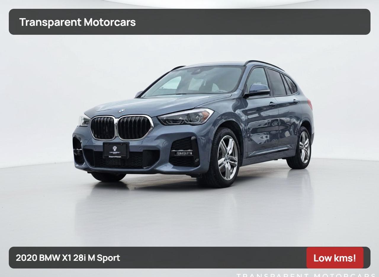 Transparent Motorcars is pleased to offer this beautiful 2020 BMW X1 28i xDrive With 15,267kms. It Features 228 Horsepower 2.0L Turbo Engine Paired With 8-Speed Shiftable Automatic Transmission Layered With All-Wheel-Drive System, Auto Dimming Mirror Interior, Automatic Trunk, Lumbar Support, Panorama Sunroof, Comfort Access, Lights Package, Alarm System, Auto Dimming Exterior Mirrors, Satin Aluminum Roof Rails, Universal Remote Control, On-Board Navigation, Park Assistant Incl. Front And Rear Park Distance Control, BMW ConnectedDrive Services Professional, Sport Seats, Power Folding Side Mirrors, Heated Steering Wheel, LED Headlights With Cornering Function, M SPORT PACKAGE, Sport Seats, M Leather Steering Wheel, M Aerodynamics Package, Black High-Gloss Roof Rails, Sport Auto Trans With Paddles, M Sport Steering, M Sport Suspension, Apple Carplay, Back-Up Camera And Much More! <br/> <br/> <br/> <br/> <br/> <br/> <br/> Stock# G00199B Dealer # 50276 <br/> <br/> <br/> <br/> <br/> <br/> <br/> $995 Documentation Fee <br/> <br/> <br/> <br/> <br/> <br/> <br/> 3771 No.3 Road Richmond/4211 No.3 Road Richmond <br/> <br/> <br/> <br/> <br/> <br/> <br/> This vehicle has undergone a comprehensive 110-point inspection at our state-of-the-art service facility, covering: Powertrain, Suspension, Tire Tread Depth ,Brake Condition ,All Electrical Components <br/> <br/> <br/> <br/> <br/> <br/> <br/> *Each vehicle comes with a limited warranty for your peace of mind. <br/> <br/> <br/> <br/> <br/> <br/> <br/> *Free, full CARFAX Vehicle History Report available upon request. <br/> <br/> <br/> <br/> <br/> <br/> <br/> *We are a 5-star rated Google dealership, trusted by our customers. <br/> <br/> <br/> <br/> <br/> <br/> <br/> *Thousands of satisfied customers  we invite you to join our automotive family! <br/> <br/> <br/> <br/> <br/> <br/> <br/> *Complimentary pick-up service from the airport, ferry terminal, or SkyTrain station is available. <br/> <br/> <br/> <br/> <br/> <br/> <br/> *For details on our refund and buyback policy, please contact our team directly. <br/> <br/> <br/> <br/> <br/> <br/> <br/> At our dealership, we pride ourselves on building lasting relationships with our customers. Were not just a one-time dealer  we are committed to being your trusted partner for all your vehicle needs, now and in the future. From your initial purchase to ongoing service, we aim to exceed expectations every step of the way. <br/>