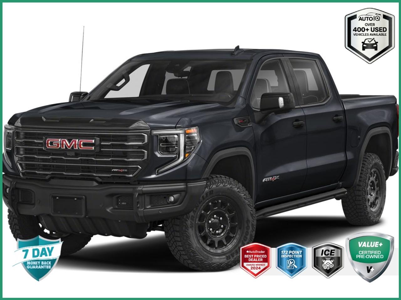 Recent Arrival!<br><br><br>| Apple CarPlay/Android Auto, | Non-Smoker, LOCAL TRADE, 10-Speed Automatic, 4WD, Obsidian Rush Leather, 12 Speakers, 120-Volt Bed Mounted Power Outlet, 120-Volt Instrument Panel Power Outlet, 16-Way Power Driver Seat Adjuster w/Lumbar, 16-Way Power Passenger Seat Adjuster w/Lumbar, 2 Charge-Only Rear USB Ports, 2 Charge/Data USB Ports Inside Centre Console, 2 USB Ports, 3.23 Rear Axle Ratio, AM/FM radio: SiriusXM with 360L, Auto High-beam Headlights, Bed View Camera, Colour-Keyed Carpeting Floor Covering, Compass, Deep-Tinted Glass, Driver-Selectable Full-Locking Front Differential, Driver-Selectable Full-Locking Rear Differential, Electric Rear-Window Defogger, Electrical Steering Column Lock, Floor-Mounted Centre Console, Front Bucket Seats, Front fog lights, Front Prem Floor Liners w/Removable Carpet Insert, Front Rain-Sensing Wipers, Fully automatic headlights, Gloss Black Header w/Drk Nickel Grille Insert Bars, GMC Connected Access Capable, HD Surround Vision, Heads-Up Display, Heated 2nd Row Outboard Seats, Heated rear seats, Heated steering wheel, Heavy-Duty Air Filter, Hill Descent Control, Hitch Guidance, Hitch Guidance w/Hitch View, In-Vehicle Trailering App, Integrated Trailer Brake Controller, Keyless Open & Start, LED Cargo Area Lighting, Memory seat, Multi-Colour 15 Diagonal Head-Up Display, MultiPro Audio System by Kicker (LPO), Navigation System, OnStar & GMC Connected Services Capable, Perimeter Lighting, Power Door Locks, Power Front Passenger Windows w/Express Up/Down, Power Front Windows w/Driver Express Up/Down, Power Rake & Telescoping Steering Column, Power Rear Windows w/Express Down, Power Sliding Rear Window w/Rear Defogger, Power Sunroof, Preferred Equipment Group 4SG, Push Button Start, Rain sensing wipers, Rear Cross Traffic Braking, Rear Pedestrian Alert, Rear Prem Floor Liners w/Removable Carpet Insert, Rear Wheelhouse Liners, Remote Vehicle Starter System, SiriusXM w/360L, Spray-On Pickup Bed Liner w/AT4X Logo, Steering Wheel Audio Controls, Theft Deterrent System (Unauthorized Entry), Trailer Camera Provisions, Trailer Side Blind Zone Alert, Trailer Tire Pressure Monitor Sensors, Trailering Package, Ultrasonic Front & Rear Park Assist, Universal Home Remote, Ventilated Driver & Front Passenger Seats, Wi-Fi Hotspot Capable, Wireless Charging.<br><br>Onyx Black AT4X<br>6.2L V8 | HEATED & VENTILATED SEATS | TAILGATE AUDIO SYSTEM | WIRELESS CHARGING | ADAPTIVE CRUISE CONTROL 2023 GMC Sierra 1500 AT4X  EcoTec3 6.2L V8<br>10-Speed Automatic<br>4WD<br><br><br>CALL 905-309-3356 TO SCHEDULE YOUR TEST DRIVE TODAY!<p> </p><h4>VALUE+ CERTIFIED PRE-OWNED VEHICLE</h4><p>- 36-point Provincial Safety Inspection<br>- 172-point inspection combined mechanical, aesthetic, functional inspection including a vehicle report card<br>- Warranty: 30 Days or 1500 KMS on mechanical safety-related items and extended plans are available<br>- Complimentary CARFAX Vehicle History Report<br>- 2X Provincial safety standard for tire tread depth<br>- 2X Provincial safety standard for brake pad thickness<br>- 7 Day Money Back Guarantee*<br>- Market Value Report provided<br>- Complimentary 3 months SIRIUS XM satellite radio subscription on equipped vehicles<br>- Complimentary wash and vacuum<br>- Vehicle scanned for open recall notifications from manufacturer</p><p>SPECIAL NOTE: This vehicle is reserved for AutoIQs retail customers only. Please, No dealer calls. Errors & omissions excepted.</p><p>*As-traded, specialty or high-performance vehicles are excluded from the 7-Day Money Back Guarantee Program (including, but not limited to Ford Shelby, Ford mustang GT, Ford Raptor, Chevrolet Corvette, Camaro 2SS, Camaro ZL1, V-Series Cadillac, Dodge/Jeep SRT, Hyundai N Line, all electric models)</p>