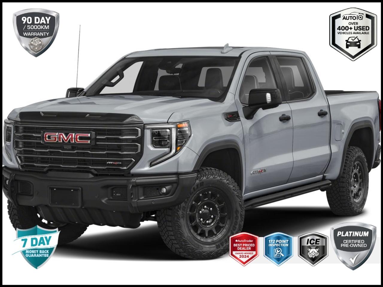 One Owner, | No Accidents, | Apple CarPlay/Android Auto, | Non-Smoker, LOCAL TRADE, 10-Speed Automatic, 4WD, Obsidian Rush Leather, 120-Volt Bed Mounted Power Outlet, 120-Volt Interior Power Outlet, 16-Way Power Driver Seat Adjuster w/Lumbar, 16-Way Power Passenger Seat Adjuster w/Lumbar, 2 Charge-Only Rear USB Ports, 2 Charge/Data USB Ports Inside Centre Console, 2 USB Ports, 220 Amp Alternator, 3.23 Rear Axle Ratio, Alloy wheels, Apple CarPlay/Android Auto, Auto High-beam Headlights, Auto-dimming door mirrors, Bed View Camera, Black Sport Step (LPO), Block heater, Bose Premium Series w/12-Speaker System, Colour-Keyed Carpeting Floor Covering, Deep-Tinted Glass, Driver Memory, Driver-Selectable Full-Locking Front Differential, Driver-Selectable Full-Locking Rear Differential, Electric Rear-Window Defogger, Floor-Mounted Centre Console, Front Bucket Seats, Front fog lights, Front Prem Floor Liners w/Removable Carpet Insert, Front Rain-Sensing Wipers, Fully automatic headlights, Gloss Black Header w/Drk Nickel Grille Insert Bars, GMC Connected Access Capable, HD Surround Vision, Heads-Up Display, Heated 2nd Row Outboard Seats, Heated Driver & Front Outboard Passenger Seating, Heated steering wheel, Heavy-Duty Air Filter, Hill Descent Control, Hitch Guidance, Hitch View, In-Vehicle Trailering System App, Integrated Trailer Brake Controller, IntelliBeam Automatic High Beam On/Off, Keyless Open & Start, LED Cargo Area Lighting, Memory seat, Multi-Colour 15 Diagonal Head-Up Display, MultiPro Tailgate Audio System by Kicker (LPO), Navigation System, Off-Road Suspension, OnStar & GMC Connected Services Capable, Perimeter Lighting, Power Door Locks, Power Front Passenger Windows w/Express Up/Down, Power Front Windows w/Driver Express Up/Down, Power Rake & Telescoping Steering Column, Power Rear Windows w/Express Down, Power Sliding Rear Window w/Rear Defogger, Power Sunroof, Preferred Equipment Group 4SG, Push Button Start, Rain sensing wipers, Rear Cross Traffic Braking, Rear Pedestrian Alert, Rear Prem Floor Liners w/Removable Carpet Insert, Rear Wheelhouse Liners, Remote Vehicle Starter System, SiriusXM w/360L, Spray-On Pickup Bedliner w/AT4X Logo, Steering Wheel Audio Controls, Theft Deterrent System (Unauthorized Entry), Trailer Camera Provisions, Trailer Side Blind Zone Alert, Trailer Tire Pressure Monitor Sensors, Trailering Package, Ultrasonic Front & Rear Park Assist, Universal Home Remote, Ventilated Driver & Front Passenger Seats, Wheels: 18 x 8.5 Painted Aluminum, Wi-Fi Hotspot Capable, Wireless Charging.
<p> </p>

<h4>PLATINUM CERTIFIED PRE-OWNED VEHICLE</h4>

<p>
- 36-point Provincial Safety Inspection<br>
- 172-point inspection combined mechanical, aesthetic, functional inspection including a vehicle report card<br>
- Warranty: 90-days or 5,000 KM on inspected mechanical items, factory extended options eligible for warranty up to 200,000 KM<br>
- Complimentary CARFAX Vehicle History Report<br>
- 3X Provincial safety standard for tire tread depth<br>
- 3X Provincial safety standard for brake pad thickness<br>
- 7 Day Money Back Guarantee*<br>
- Market Value Report provided<br>
- Guaranteed 2 keys/key fobs and door code (if equipped)<br>
- Equipped vehicles include a complimentary 3 month Sirius satellite radio subscription!<br>
- Complimentary full interior detailing and carpet shampoo<br>
- Paintless dent repair and/or touch-ups for applicable body panels<br>
- Vehicle scanned for open recall notifications from manufacturer
</p>

<p>SPECIAL NOTE: This vehicle is reserved for AutoIQs retail customers only. Please, no dealer calls. Errors & omissions excepted.</p>

<p>*As-traded, specialty or high-performance vehicles are excluded from the 7-Day Money Back Guarantee Program (including, but not limited to Ford Shelby, Ford mustang GT, Ford Raptor, Chevrolet Corvette, Camaro 2SS, Camaro ZL1, V-Series Cadillac, Dodge/Jeep SRT, Hyundai N Line, all electric models)</p>