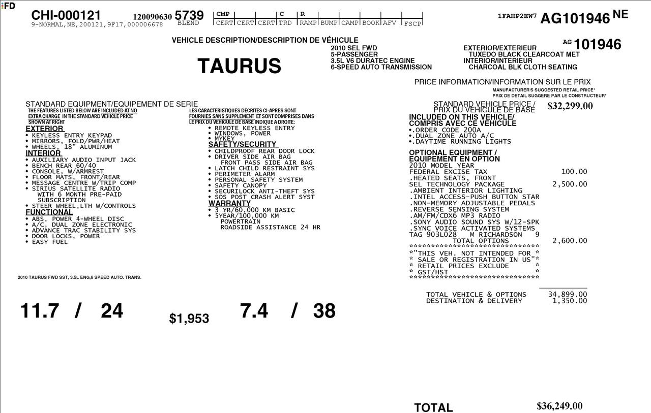 2010 Ford Taurus 3.5 V6|SEL TECH PK|NO ACCIDENTS Photo2