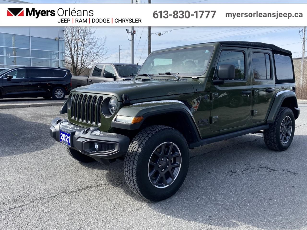 <b>SARGE GREEN!</b><br> <br>  Compare at $30475 -  is just $29995! <br> <br>Whether youre concurring a highway mountain pass or challenging off-road trail, this reliable Jeep Wrangler is ready to get you there with style! This 2021 Jeep Wrangler is for sale today in Orleans.<br> <br>No matter where your next adventure takes you, this Jeep Wrangler is ready for the challenge. With advanced traction and handling capability, sophisticated safety features and ample ground clearance, the Wrangler is designed to climb up and crawl over the toughest terrain. Inside the cabin of this Wrangler offers supportive seats and comes loaded with the technology you expect while staying loyal to the style and design youve come to know and love.<br> <br>This SUV has 105,929 km. Its Sarge Green in colour. It has an Automatic transmission and is powered by a 285HP 3.6L V6 Cylinder Engine. <br> <br> Our Wranglers trim level is Sport 80th Anniversary Unlimited. This 80th anniversary package is more than just an appearance package with navigation, Off-Road Information Pages, wi-fi, Granite Crystal exterior accents, Alpine premium audio system, 80th Anniversary badging, and the 80th Anniversary logo throughout the interior. It also comes withUconnect4, voice activation, Android Auto, Apple CarPlay, skid plates, tow hooks, stylish wheels, fog lamps, Dana axles, Command Trac shift on the fly 4x4 system, Trail Rated badge, and a rear view camera. This vehicle has been upgraded with the following features: SARGE GREEN.<br> To view the original window sticker for this vehicle view this <a href=http://www.chrysler.com/hostd/windowsticker/getWindowStickerPdf.do?vin=1C4HJXDG5MW604033 target=_blank>http://www.chrysler.com/hostd/windowsticker/getWindowStickerPdf.do?vin=1C4HJXDG5MW604033</a>. <br/><br> <br>To apply right now for financing use this link: <a href=https://www.myersorleansjeep.ca/apply-for-financing/ target=_blank>https://www.myersorleansjeep.ca/apply-for-financing/</a><br> <br/>Buy this vehicle now for the lowest weekly payment of <b>$107.63</b> with $0 down for 84 months @ 7.99% APR O.A.C. ( Plus applicable taxes - Plus applicable fees / Total Obligation of $39182 ). See dealer for details. <br><br>The road to new driving experiences begins in our inventory, where youll find an incredible array of brand-new cars, trucks, minivans, and SUVs, including two of our bestselling models, the Dodge Ram 1500 and the Dodge Grand Caravan. If you want to know what the cutting edge of automotive technology looks like, all you have to do is visit Myers Orleans Jeep! Each model comes loaded with the convenient features and cool technology that help make every trip memorable. Looking for additional everyday luxury at a price thats incredibly wallet-friendly? Choose from our selection of quality pre-owned models! If you can think of a road, our friendly and knowledgeable sales team will help you find the perfect vehicle to drive it.<br><br>We may be a well-established dealership thats been part of the community for many years, but that doesnt mean were stuck in the past! At Myers Orleans Jeep, were proud to provide a fresh, modern approach to car buying. Using our array of online tools, you can browse our extensive inventory, schedule a service appointment, order parts, and even apply for credit from wherever youve got a connection. Our goal is to create relationships that will last, and we know that the best way to do this is by providing a dealership experience thats based on honesty, transparency, trust, and a commitment to customers. Stop by today and discover all the ways we go above and beyond for you.<br><br> Come by and check out our fleet of 40+ used cars and trucks and 80+ new cars and trucks for sale in Orleans.  o~o