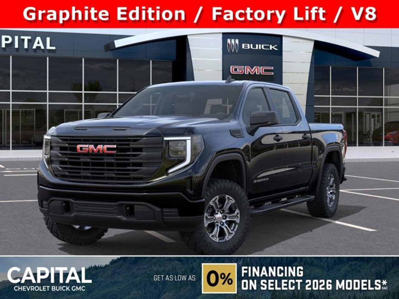This GMC Sierra 1500 boasts a Gas V8 5.3L/325 engine powering this Automatic transmission. TRANSMISSION, 10-SPEED AUTOMATIC, (COLUMN SHIFTER) ELECTRONICALLY CONTROLLED with overdrive and tow/haul mode. Includes Cruise Grade Braking and Powertrain Grade Braking, TRAILER BRAKE CONTROLLER, INTEGRATED, REAR AXLE, 3.23 RATIO.*This GMC Sierra 1500 Comes Equipped with These Options *PRO VALUE PACKAGE includes (PCI) Convenience Package and (Z82) Trailering Package , PRO PREFERRED EQUIPMENT GROUP includes standard equipment, GVWR, 7100 LBS. (3221 KG), GRAPHITE EDITION includes (U2K) SiriusXM, (VT5) body-colour rear bumper, (VB5) body colour front bumper, (B30) colour-keyed carpeting, (BTV) Remote Start, (UTJ) Theft-deterrent system, (RD3) 20 6-spoke High gloss Black painted aluminum wheels, and (QAB) 275/60R20 all-season tires and Body colour upper grille., ENGINE, 5.3L ECOTEC3 V8 (355 hp [265 kW] @ 5600 rpm, 383 lb-ft of torque [518 Nm] @ 4100 rpm); featuring Dynamic Fuel Management (Includes (KW7) 170-amp alternator and (MHT) 10-speed automatic transmission., ENGINE BLOCK HEATER, AUTO-LOCKING REAR DIFFERENTIAL, Wireless, Apple CarPlay / Wireless Android Auto, Windows, power rear, express down (Not available on Regular Cab models.), Windows, power front, drivers express up/down.* Visit Us Today *For a must-own GMC Sierra 1500 come see us at Capital Chevrolet Buick GMC Inc., 13103 Lake Fraser Drive SE, Calgary, AB T2J 3H5. Just minutes away!
