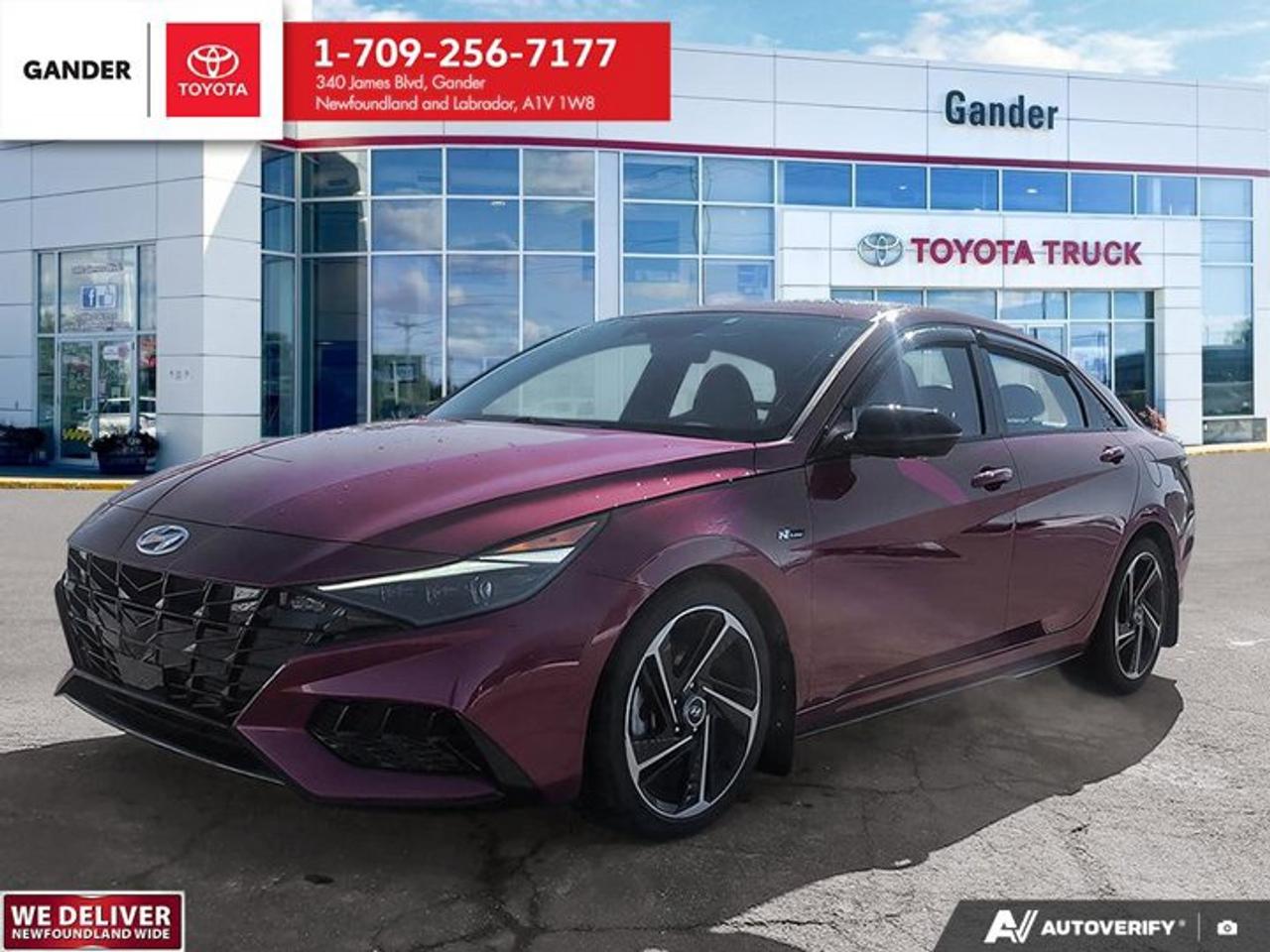 Recent Arrival!CARFAX Canada Low KilometerCARFAX Canada No Reported Accidents2023 Hyundai Elantra N Line 7-Speed Dual Clutch FWD 1.6LThe 2023 Hyundai Elantra N Line in Scarlet Red Pearl is a performance sedan featuring a 201-horsepower 1.6L turbocharged engine, 7-speed DCT, and exclusive sport styling. Key features include 18-inch alloy wheels, N Line leather sport seats with red accents, a 10.25-inch infotainment display, Bose premium audio, and sport-tuned suspensionThe 2023 Hyundai Elantra N Line in Canada is a performance-oriented sedan featuring a 201-horsepower 1.6L turbocharged engine, 7-speed DCT, and exclusive sport styling. Key features include 18-inch alloy wheels, N Line leather sport seats with red accents, a 10.25-inch infotainment display, Bose premium audio, and sport-tuned suspensionHigh-beam Headlights, Exterior Parking Camera Rear, Heated Front Sport Seats, Navigation System, Power driver seat, Power moonroof, Speed control. High-beam Headlights, Exterior Parking Camera Rear, Heated Front Sport Seats, Navigation System, Power driver seat, Power moonroof, Speed control.ALL CREDIT APPLICATIONS ACCEPTED! ESTABLISH OR REBUILD YOUR CREDIT HERE. APPLY AT https://steeleadvantagefinancing.com/?dealer=7148 We know that you have high expectations in your car search in NL. So, if youre in the market for a pre-owned vehicle that undergoes our exclusive inspection protocol, stop by Gander Toyota. Were confident we have the right vehicle for you. Here at Gander Toyota, we enjoy the challenge of meeting and exceeding customer expectations in all things automotive.Certification Program Details: 85 Point inspection Fluid Top Ups Brake Inspection Tire Inspection Oil Change Recall Check Copy Of Carfax ReportSteele Auto Group is the most diversified group of automobile dealerships in Atlantic Canada, with 34 dealerships selling 27 brands and an employee base of over 1000. Sales are up by double digits over last year and the plan going forward is to expand further into Atlantic Canada. PLEASE CONFIRM WITH US THAT ALL OPTIONS, FEATURES AND KILOMETERS ARE CORRECT.