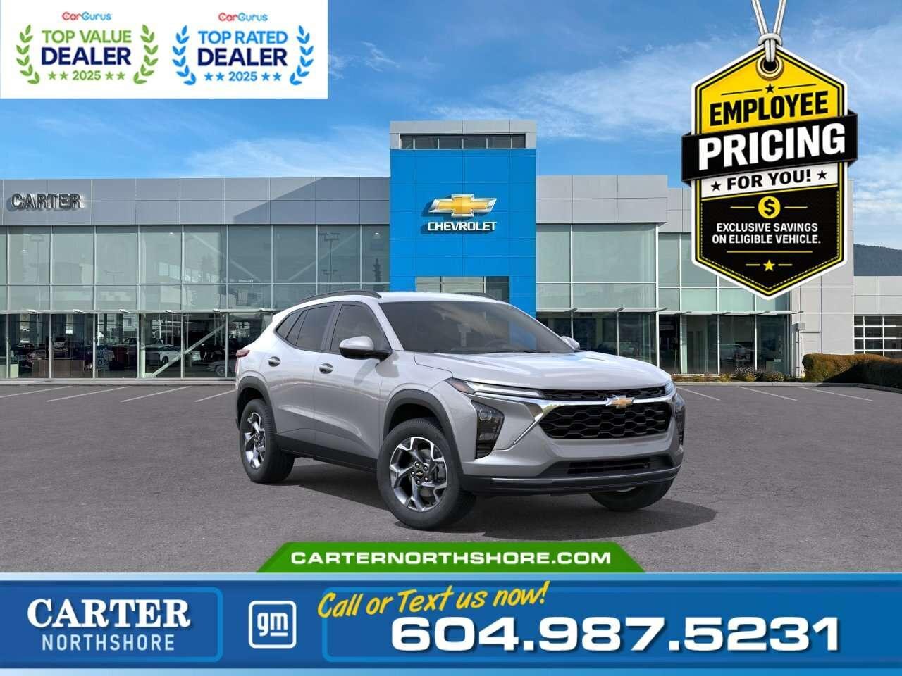 <b>GREAT NEWS EMPLOYEE PRICING IS BACK!</b> Take advantage of exclusive Employee Pricing on eligible new vehicles and enjoy exceptional value for a limited time. This is your opportunity to save on the vehicle youve been waiting for while inventory lasts. Contact us today to confirm your eligibility and discover the available offers on your preferred model. Get behind the wheel of this 2026 Chevrolet Trax LT in Sterling Gray Metallic with striking Jet Black and Blue interior accents. Packed with convenience and safety, it features heated front seats, keyless entry, a 6-way manual driver seat, 11" touchscreen with wireless Apple CarPlay and Android Auto, and Chevy Safety Assist including forward collision alert, automatic emergency braking, and lane keep assist. Its 1.2L turbo engine and 6-speed automatic transmission make city and highway driving a breeze. Come take it for a test drive today and experience all this stylish vehicle has to offer! <b>WHY CARTER GM NORTHSHORE?</b> - An unrivalled vehicle purchasing experience! - Exceeding our loyal customers expectations since 1990 - 4.7 Google star rating (with 1,700+ customer reviews) - CarGurus Top-Rated Dealer 2025 Award - CarGurus Top Value Dealer 2025 Award - Vehicle trades welcome! Best price guaranteed! - We provide upfront pricing, zero hidden fees, and 100% transparency - Fast approvals and 99% acceptance rates (no matter your current credit status!) - Multilingual staff (many languages spoken) - Comfortable non-pressured environment with in-store television, WIFI and a childrens play area! <p><img src=https://gmtadvantage-com.cdn-convertus.com/uploads/sites/16/2025/09/Carter-GM-Burnaby-Car-Gurus-Awards-2025.png alt="" width="300" height="77" /></p> Were here to help you drive the vehicle you want, the vehicle you deserve! <b>QUESTIONS? GREAT! WEVE GOT ANSWERS!</b> To speak with a friendly vehicle specialist - <b>CALL NOW!</b> <small>The advertised price includes all standard dealer fees and any applicable manufacturer or dealer incentives. It does not include applicable taxes, licensing, insurance, or optional products or services. Dealer fees will be clearly broken out and itemized on the bill of sale, maximum total of fees $699.00. Prices are shown in Canadian dollars. While we make every effort to ensure accuracy, vehicle details, pricing, options, and availability are subject to change without notice. Please confirm all information with dealership sales management before purchase. Dealer Code: 81121</small>