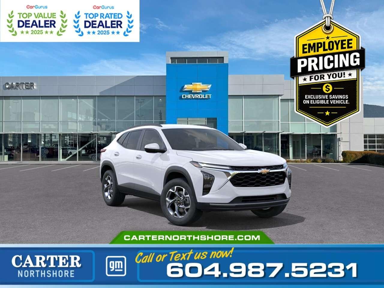 <b>GREAT NEWS EMPLOYEE PRICING IS BACK!</b> Take advantage of exclusive Employee Pricing on eligible new vehicles and enjoy exceptional value for a limited time. This is your opportunity to save on the vehicle youve been waiting for while inventory lasts. Contact us today to confirm your eligibility and discover the available offers on your preferred model. Step into adventure with this 2026 Chevrolet Trax LT in Summit White with Jet Black and Blue accents. It comes loaded with an 11" HD touchscreen, wireless Apple CarPlay and Android Auto, heated front seats, keyless start, and advanced safety features like forward collision alert, lane keep assist, and rear park assist. With a 1.2L turbo engine, 6-speed automatic transmission, and 17" aluminum wheels, it delivers both style and performance. Comfortable, tech-ready, and designed for everyday fun. Come take it for a test drive today and experience all this stylish vehicle has to offer! <b>WHY CARTER GM NORTHSHORE?</b> - An unrivalled vehicle purchasing experience! - Exceeding our loyal customers expectations since 1990 - 4.7 Google star rating (with 1,700+ customer reviews) - CarGurus Top-Rated Dealer 2025 Award - CarGurus Top Value Dealer 2025 Award - Vehicle trades welcome! Best price guaranteed! - We provide upfront pricing, zero hidden fees, and 100% transparency - Fast approvals and 99% acceptance rates (no matter your current credit status!) - Multilingual staff (many languages spoken) - Comfortable non-pressured environment with in-store television, WIFI and a childrens play area! <p><img src=https://gmtadvantage-com.cdn-convertus.com/uploads/sites/16/2025/09/Carter-GM-Burnaby-Car-Gurus-Awards-2025.png alt="" width="300" height="77" /></p> Were here to help you drive the vehicle you want, the vehicle you deserve! <b>QUESTIONS? GREAT! WEVE GOT ANSWERS!</b> To speak with a friendly vehicle specialist - <b>CALL NOW!</b> <small>The advertised price includes all standard dealer fees and any applicable manufacturer or dealer incentives. It does not include applicable taxes, licensing, insurance, or optional products or services. Dealer fees will be clearly broken out and itemized on the bill of sale, maximum total of fees $699.00. Prices are shown in Canadian dollars. While we make every effort to ensure accuracy, vehicle details, pricing, options, and availability are subject to change without notice. Please confirm all information with dealership sales management before purchase. Dealer Code: 81121</small>