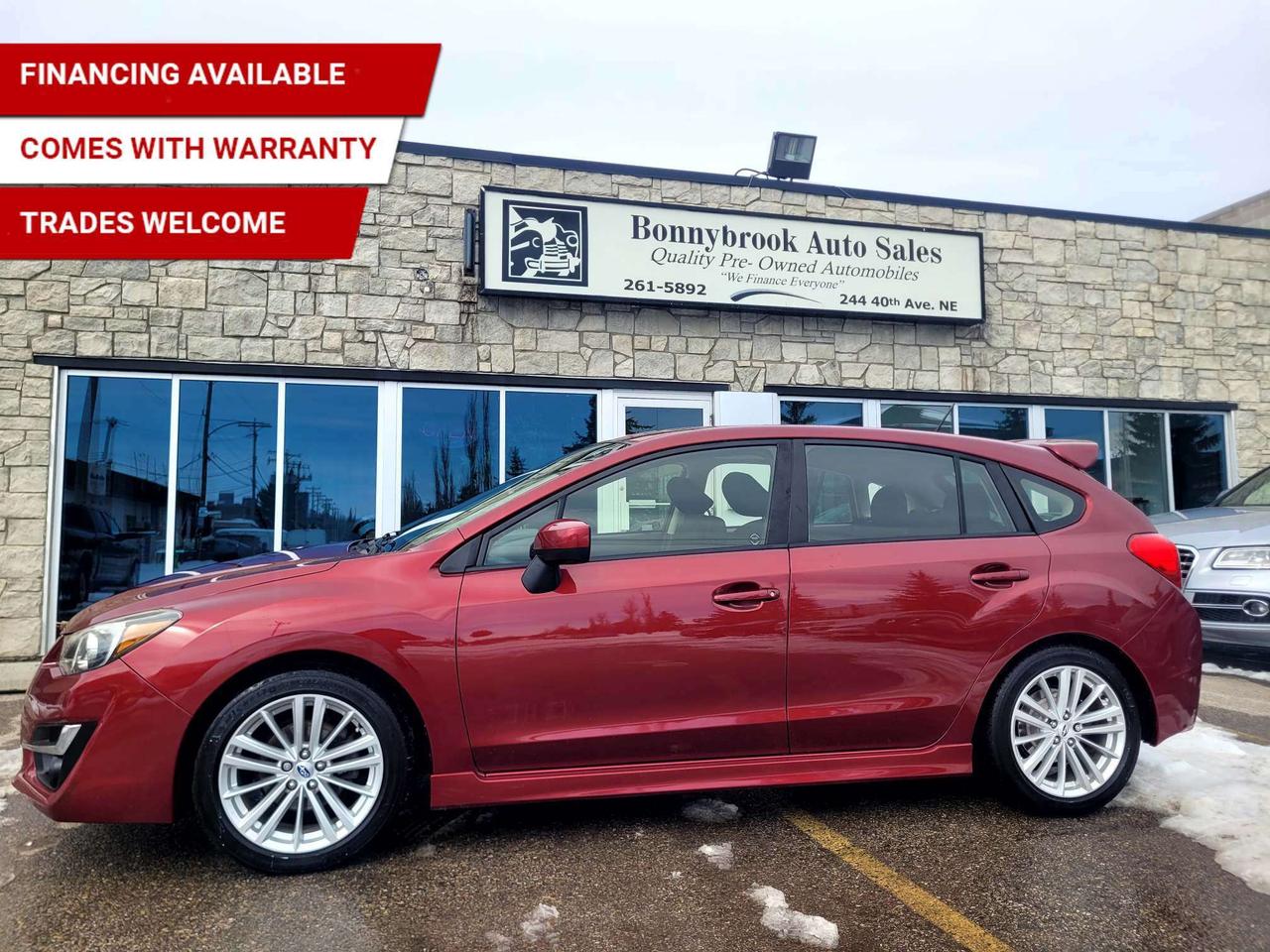 Need a vehicle that has style? Look at our Pre-Owned 2015 SUBARU IMPREZA  (Pictured in photo) Options include:  Keyless Entry, Bluetooth, Power Sunroof Power Mirrors, Power Locks, Power Windows. Am/Fm stereo Cd player  Rearview camera /Air /Tilt /Cruise comes with 6 month power train warranty with options to extend. Smooth ride at a great price thats ready for your test drive. Fully inspected and given a clean bill of health by our technicians. Fully detailed on the interior and exterior so it feels like new to you. There should never be any surprises when buying a used car, thats why we share our Mechanical Fitness Assessment and Carfax with our customers, so you know what we know. Bonnybrook Auto sales is helping thousands find quality used vehicles at prices they can afford. If you would like to book a test drive, have questions about a vehicle or need information on finance rates, give our friendly staff a call today! Bonnybrook auto sales is proudly one of the few car dealerships that have been serving Calgary for over Twenty years. /TRADE INS WELCOMED/ Amvic Licensed Business.  Due to the recent increase for used vehicles.  Demand and sales combined with  the U.S exchange rate, a lot  vehicles are being exported to the U.S. We are in need of pre-owned vehicles. We give top dollar for your trades.  We also purchase all makes and models.