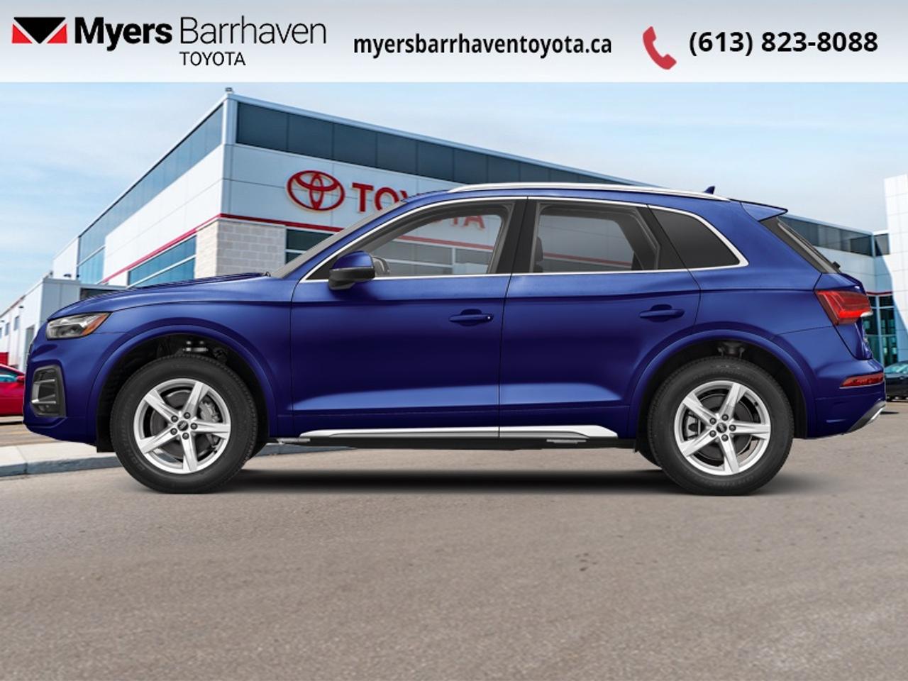 <b>Leather Seats,  Heated Seats,  Apple CarPlay,  Heated Steering Wheel,  Power Liftgate!</b><br> <br>  Compare at $34318 - Our Live Market Price is just $32998! <br> <br>Get lost in the endlessly comfortable and spacious interior of this 2023 Audi Q5. This 2023 Audi Q5 is fresh on our lot in Ottawa. <br> <br>For luxury SUV buyers who are big on style and technology, this 2023 Audi Q5 is a handsome choice with plenty to like. This vehicle looks good, treats occupants right, and wont seem out of place at the valet stand. This Q5 applies the brands luxury pedigree to the compact-crossover template, and features an impeccably-built cabin with upscale features, impressive ergonomics, and a tranquil ride quality. Overall, this Audi Q5 promotes a stately image and delivers a posh driving experience. This SUV has 56,000 km. Its Navarra Blue Meta in colour and is completely accident free based on the <a href=https://vhr.carfax.ca/?id=0I1igilInpo1ehMMtz24IbXWE6mIHOhd target=_blank>CARFAX Report</a>. It has an Automatic transmission and is powered by a 261HP 2.0L 4 Cylinder Engine. <br> <br> Our Q5s trim level is Komfort 45 TFSI quattro. This SUV is more than a simple family vehicle with luxury features like heated leather bucket seats with contrast stitching, a leather steering wheel, proximity key with push button start, proximity cargo access, and voice activated LCD touchscreen infotainment with wireless Apple CarPlay. The style continues on the exterior with a dual tailpipe, aluminum alloy wheels, programmable LED lighting, fog lamps, and perimeter lights. Drive in confident safety with lane departure warning, blind spot monitor, and a back up camera. This vehicle has been upgraded with the following features: Leather Seats, Heated Seats, Apple CarPlay, Heated Steering Wheel, Power Liftgate, Blind Spot Detection, Lane Keep Assist.<br> <br>To apply right now for financing use this link: <a href=https://www.myersbarrhaventoyota.ca/quick-approval/ target=_blank>https://www.myersbarrhaventoyota.ca/quick-approval/</a><br><br> <br/><br> Buy this vehicle now for the lowest bi-weekly payment of <b>$236.98</b> with $0 down for 84 months @ 7.99% APR O.A.C. ( Plus applicable taxes -  Plus applicable fees   ).  See dealer for details. <br> <br>At Myers Barrhaven Toyota we pride ourselves in offering highly desirable pre-owned vehicles. We truly hand pick all our vehicles to offer only the best vehicles to our customers. No two used cars are alike, this is why we have our trained Toyota technicians highly scrutinize all our trade ins and purchases to ensure we can put the Myers seal of approval. Every year we evaluate 1000s of vehicles and only 10-15% meet the Myers Barrhaven Toyota standards. At the end of the day we have mutual interest in selling only the best as we back all our pre-owned vehicles with the Myers *LIFETIME ENGINE TRANSMISSION warranty. Thats right *LIFETIME ENGINE TRANSMISSION warranty, were in this together! If we dont have what youre looking for not to worry, our experienced buyer can help you find the car of your dreams! Ever heard of getting top dollar for your trade but not really sure if you were? Here we leave nothing to chance, every trade-in we appraise goes up onto a live online auction and we get buyers coast to coast and in the USA trying to bid for your trade. This means we simultaneously expose your car to 1000s of buyers to get you top trade in value. <br>We service all makes and models in our new state of the art facility where you can enjoy the convenience of our on-site restaurant, shuttle van, free Wi-Fi, Enterprise Rent-A-Car, on-site tire storage, and complimentary drinks. Come see why many Toyota owners are making the switch to Myers Barrhaven Toyota. <br>*LIFETIME ENGINE TRANSMISSION WARRANTY NOT AVAILABLE FOR VEHICLES WITH KMS EXCEEDING 140,000KM, VEHICLES 8 YEARS & OLDER, HIGHLINE BRAND VEHICLES (e.g., BMW, INFINITI, CADILLAC, LEXUS), AND QUEBEC RESIDENTS.<br> Come by and check out our fleet of 90+ used cars and trucks and 20+ new cars and trucks for sale in Ottawa.  o~o