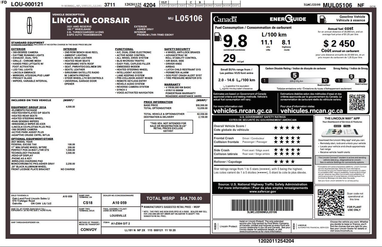 2021 Lincoln Corsair Reserve 201A|ELEMENTS PK|TECH PK|MONOCHROME PK|COPILOT+ PK Photo