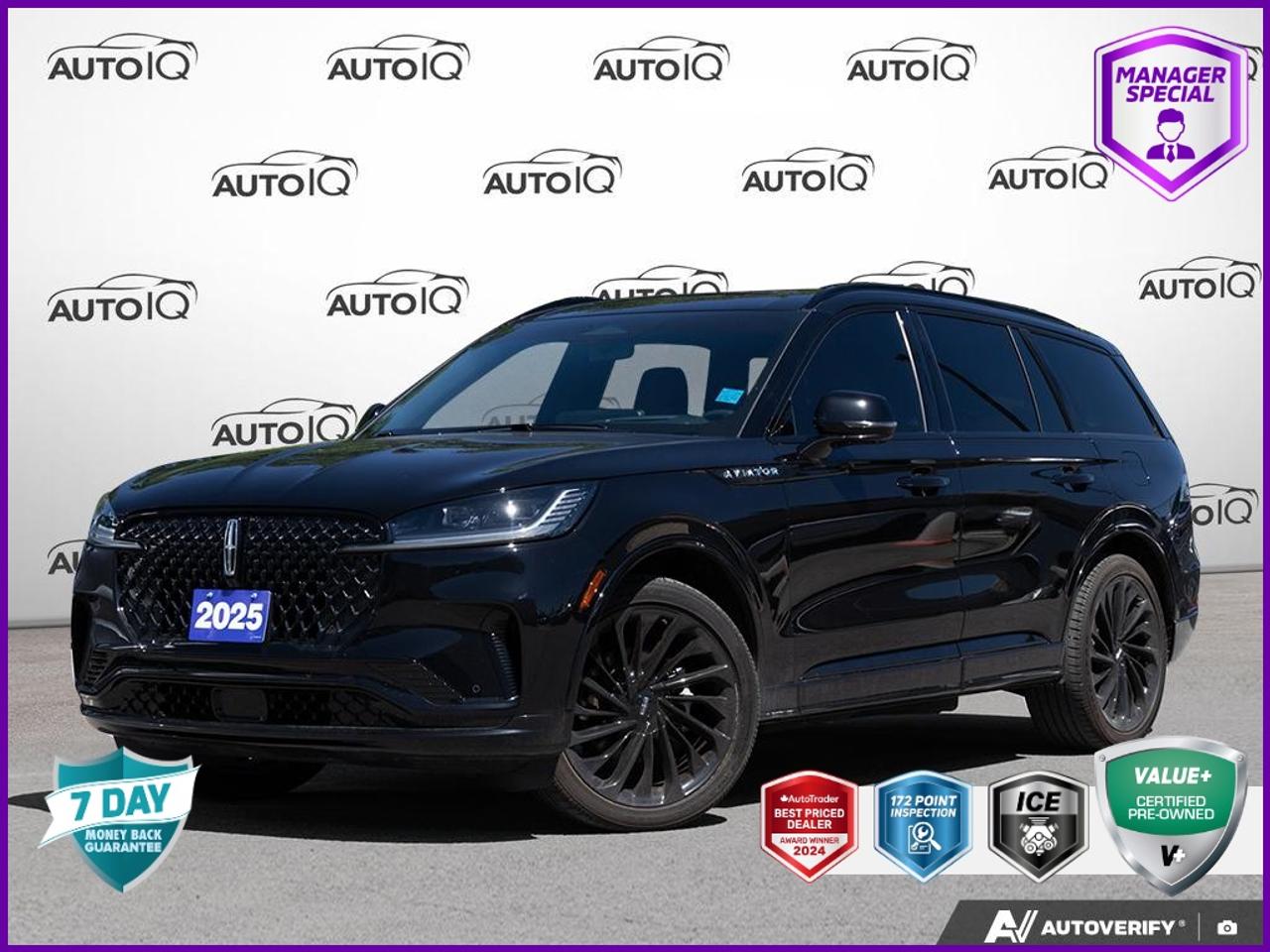 Odometer is 3228 kilometers below market average!<br><br>14 Speakers, 3rd row seats: split-bench, 40/Mini Console/40 Dual Captains Chairs, Adaptive Dynamic Bending Lighting, Adaptive Pixel LED Headlamps, Adaptive suspension, Air Conditioning, Apple CarPlay/Android Auto, Auto High-beam Headlights, Automatic temperature control, Black Exterior Elements, Body-Colour Exterior Elements, Brake assist, Delay-off headlights, Dual front impact airbags, Dual front side impact airbags, Electronic Stability Control, Emergency communication system: 911 Assist, Equipment Group 200A, Four wheel independent suspension, Front anti-roll bar, Front dual zone A/C, Full Rear Console, Fully automatic headlights, Garage door transmitter: HomeLink, Genuine wood console insert, Genuine wood dashboard insert, Heads-Up Display, Heated front seats, Heated rear seats, Heated steering wheel, HVAC memory, Illuminated entry, Illuminated Lincoln Star in Grille, Illumination Package, Jet Appearance Package, Leather steering wheel, Lincoln Digital Experience, Lincoln Dynamic Signature Lighting, Low tire pressure warning, Memory seat, Navigation System, Power door mirrors, Power driver seat, Power Liftgate, Power moonroof: Panoramic Vista Roof, Power steering, Power windows, Premium Leather Heated/Ventilated Captains Chairs, Radio: Revel Audio System w/14 Speakers & HD Radio, Rain sensing wipers, Rear air conditioning, Rear dual zone A/C, Rear window defroster, Rear window wiper, Remote keyless entry, SiriusXM Radio, Speed Dependent Lighting, Speed-Sensitive Wipers, Spoiler, Steering wheel memory, Steering wheel mounted A/C controls, Steering wheel mounted audio controls, Traction control, Turn signal indicator mirrors, Variably intermittent wipers, Wheels: 22 Black Aluminum.<br><br>Infinite Black Metallic Clearcoat<br>2025 Lincoln Aviator Reserve 200A | ILLUMINATION PACKAGE | JET APPEARANCE PACKAGE | NAVIGATION SYSTEM | FRONT & REAR ADUAL A/C | POWER MOONROOF | POWER LIFTGATE |<br>200A | ILLUMINATION PACKAGE | JET APPEARANCE PACKAGE | NAVIGATION SYSTEM | FRONT & REAR ADUAL A/C | POWER MOONROOF | POWER LIFTGATE | 4D Sport Utility<br>3.0L V6 10-Speed Automatic<br>AWD<p> </p>

<h4>MANAGER SPECIAL VALUE+ CERTIFIED PRE-OWNED VEHICLE</h4>

<p>
- 36-point Provincial Safety Inspection<br>
- 172-point inspection combined mechanical, aesthetic, functional inspection including a vehicle report card<br>
- Warranty: 30 Days or 1500 KMS on mechanical safety-related items and extended plans are available<br>
- Complimentary CARFAX Vehicle History Report<br>
- 2X Provincial safety standard for tire tread depth<br>
- 2X Provincial safety standard for brake pad thickness<br>
- 7 Day Money Back Guarantee*<br>
- Market Value Report provided<br>
- Complimentary 3 months SIRIUS XM satellite radio subscription on equipped vehicles<br>
- Complimentary wash and vacuum<br>
- Vehicle scanned for open recall notifications from manufacturer
</p>

<p>SPECIAL NOTE: This vehicle is reserved for AutoIQs retail customers only. Please, No dealer calls. Errors & omissions excepted.</p>

<p>*As-traded, specialty or high-performance vehicles are excluded from the 7-Day Money Back Guarantee Program (including, but not limited to Ford Shelby, Ford mustang GT, Ford Raptor, Chevrolet Corvette, Camaro 2SS, Camaro ZL1, V-Series Cadillac, Dodge/Jeep SRT, Hyundai N Line, all electric models)</p>