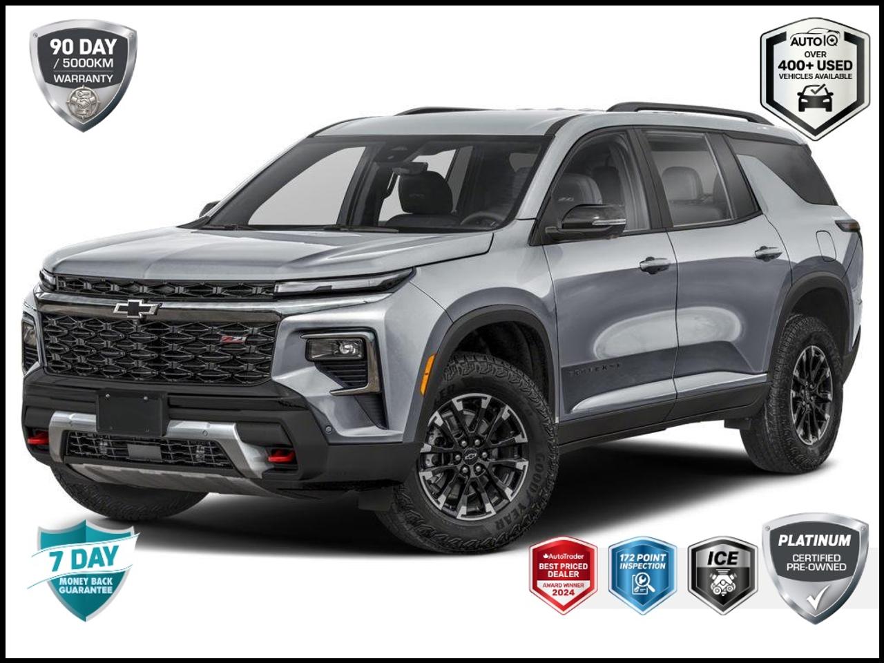 New Price! Recent Arrival!<br>CARFAX Canada No Reported Accidents CARFAX Canada One Owner<br><br>| One Owner, | No Accidents, AWD, 120-Volt Power Outlet, 1st and 2nd Row All-Weather Floor Liners, 3 Years of OnStar Digital Services, 3rd Row All-Weather Floor Liner, 3rd row seats: split-bench, 6-Speaker Audio System Feature, 8-Way Power Driver Seat Adjuster, Auto High-beam Headlights, Bose Premium 12-Speaker Audio System Feature, Driver Attention Assist, Enhanced Automatic Parking Assist, Enhanced Driving Package, Evotex Seat Trim, Floor Liner Package, Front Bucket Seats, Front dual zone A/C, Fully automatic headlights, HD Surround Vision, Heated Driver and Front Passenger Seats, Heated steering wheel, Power driver seat, Power Liftgate, Preferred Equipment Group 2Z7, Radio: 17.7 Diagonal Display, Rear air conditioning, Rear Camera Mirror, SiriusXM with 360L Trial Subscription, Super Cruise, Wheels: : 18 High Gloss Black Painted Aluminum.<br><br>Sterling Gray Metallic Z71<br>7-PASSENGER | BOSE AUDIO | SUPER CRUISE DRIVER ASSIST | HD SURROUND VISION | ENHANCED PARK ASSIST | POWER LIFTGATE 2025 Chevrolet Traverse Z71  2.5L DOHC<br>8-Speed Automatic<br>AWD<br><br><br>CALL 905-309-3356 TO SCHEDULE YOUR TEST DRIVE TODAY!<p> </p>

<h4>PLATINUM CERTIFIED PRE-OWNED VEHICLE</h4>

<p>
- 36-point Provincial Safety Inspection<br>
- 172-point inspection combined mechanical, aesthetic, functional inspection including a vehicle report card<br>
- Warranty: 90-days or 5,000 KM on inspected mechanical items, factory extended options eligible for warranty up to 200,000 KM<br>
- Complimentary CARFAX Vehicle History Report<br>
- 3X Provincial safety standard for tire tread depth<br>
- 3X Provincial safety standard for brake pad thickness<br>
- 7 Day Money Back Guarantee*<br>
- Market Value Report provided<br>
- Guaranteed 2 keys/key fobs and door code (if equipped)<br>
- Equipped vehicles include a complimentary 3 month Sirius satellite radio subscription!<br>
- Complimentary full interior detailing and carpet shampoo<br>
- Paintless dent repair and/or touch-ups for applicable body panels<br>
- Vehicle scanned for open recall notifications from manufacturer
</p>

<p>SPECIAL NOTE: This vehicle is reserved for AutoIQs retail customers only. Please, no dealer calls. Errors & omissions excepted.</p>

<p>*As-traded, specialty or high-performance vehicles are excluded from the 7-Day Money Back Guarantee Program (including, but not limited to Ford Shelby, Ford mustang GT, Ford Raptor, Chevrolet Corvette, Camaro 2SS, Camaro ZL1, V-Series Cadillac, Dodge/Jeep SRT, Hyundai N Line, all electric models)</p>