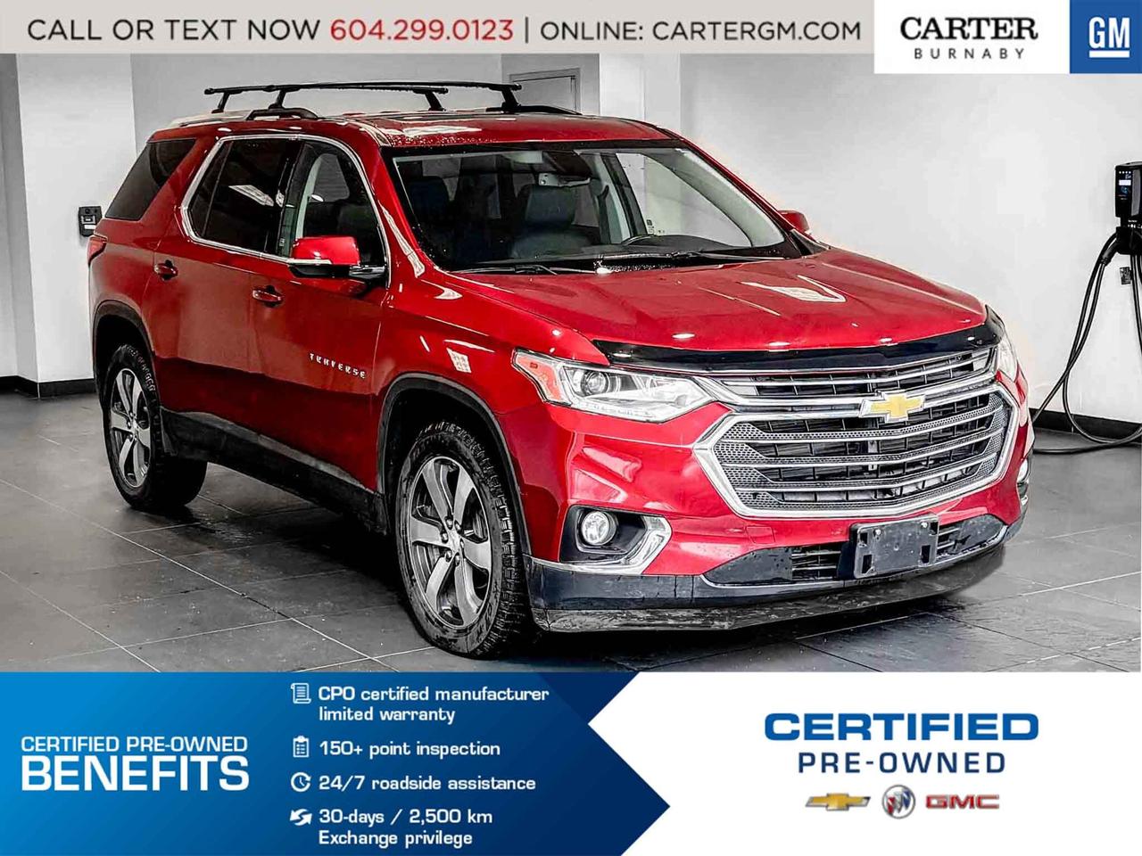 CERTIFIED PRE-OWNED | NO ACCIDENTS
Experience versatility and power in this 2018 Chevrolet Traverse LT True North AWD, equipped with a strong 3.6L V6 engine. Enjoy comfort with heated power seats, automatic climate control, and a sunroof that brightens every drive. Stay confident with advanced features like navigation, HD Surround Vision, Rear Park Assist, and a Traction Control System. The power liftgate adds everyday convenience for busy lifestyles.

Come take it for a test drive today and experience all this stylish vehicle has to offer!

WHY CARTER GM BURNABY?

- An unrivalled vehicle purchasing experience!
- Exceeding our loyal customers expectations since 1963
- 4.5 Google star rating (with 2,300+ customer reviews)
- Cargurus Top-rated Dealer 2025 Award
- Cargurus Top Value Dealer 2025 Award
- Peace of mind - 150-point vehicle inspection
- CARFAX - full vehicle service history - purchase with confidence!
- Vehicle trades welcome! Best price guaranteed!
- We provide upfront pricing, zero hidden fees, and 100% transparency
- Fast approvals and 99% acceptance rates (no matter your current credit status!)
- Multilingual staff (many languages spoken)
- Comfortable non-pressured environment with in-store television, WIFI and a childrens play area!
- In-store restaurant: fresh daily menu





Were here to help you drive the vehicle you want, the vehicle you deserve!
QUESTIONS? GREAT! WEVE GOT ANSWERS!
To speak with a friendly vehicle specialist - CALL NOW!
The advertised price includes all standard dealer fees and any applicable manufacturer or dealer incentives. It does not include applicable taxes, licensing, insurance, or optional products or services. Dealer fees will be clearly broken out and itemized on the bill of sale, maximum total of fees $495.00. Prices are shown in Canadian dollars. While we make every effort to ensure accuracy, vehicle details, pricing, options, and availability are subject to change without notice. Please confirm all information with dealership sales management before purchase. Dealer Code: 81129