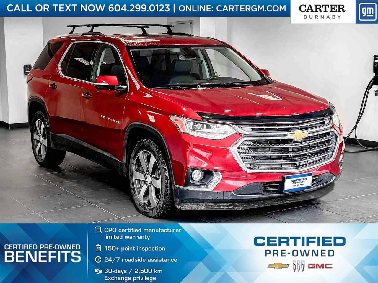 CERTIFIED PRE-OWNED | NO ACCIDENTS
Experience versatility and power in this 2018 Chevrolet Traverse LT True North AWD, equipped with a strong 3.6L V6 engine. Enjoy comfort with heated power seats, automatic climate control, and a sunroof that brightens every drive. Stay confident with advanced features like navigation, HD Surround Vision, Rear Park Assist, and a Traction Control System. The power liftgate adds everyday convenience for busy lifestyles.

Come take it for a test drive today and experience all this stylish vehicle has to offer!

WHY CARTER GM BURNABY?

- An unrivalled vehicle purchasing experience!
- Exceeding our loyal customers expectations since 1963
- 4.5 Google star rating (with 2,300+ customer reviews)
- Cargurus Top-rated Dealer 2025 Award
- Cargurus Top Value Dealer 2025 Award
- Peace of mind - 150-point vehicle inspection
- CARFAX - full vehicle service history - purchase with confidence!
- Vehicle trades welcome! Best price guaranteed!
- We provide upfront pricing, zero hidden fees, and 100% transparency
- Fast approvals and 99% acceptance rates (no matter your current credit status!)
- Multilingual staff (many languages spoken)
- Comfortable non-pressured environment with in-store television, WIFI and a childrens play area!
- In-store restaurant: fresh daily menu





Were here to help you drive the vehicle you want, the vehicle you deserve!
QUESTIONS? GREAT! WEVE GOT ANSWERS!
To speak with a friendly vehicle specialist - CALL NOW!
The advertised price includes all standard dealer fees and any applicable manufacturer or dealer incentives. It does not include applicable taxes, licensing, insurance, or optional products or services. Dealer fees will be clearly broken out and itemized on the bill of sale, maximum total of fees $595.00. Prices are shown in Canadian dollars. While we make every effort to ensure accuracy, vehicle details, pricing, options, and availability are subject to change without notice. Please confirm all information with dealership sales management before purchase. Dealer Code: 81129