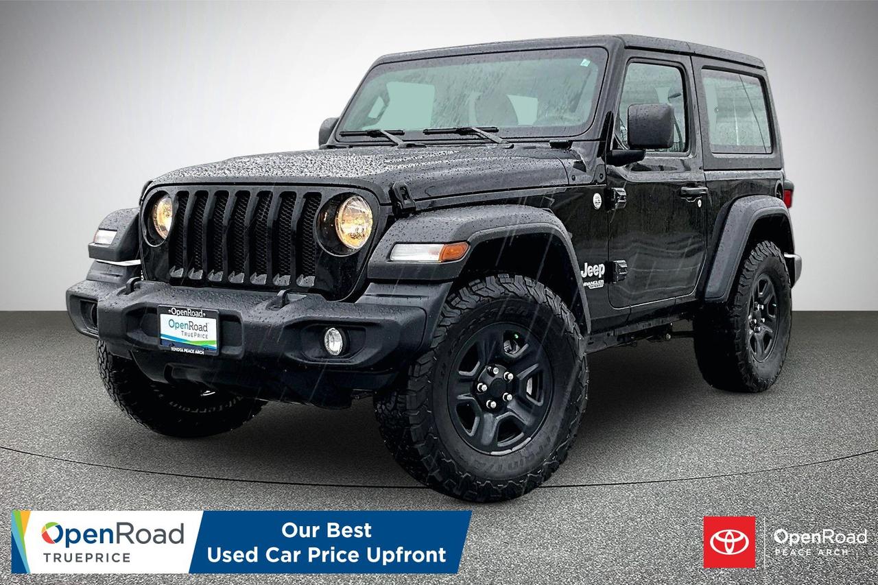 The 2019 Jeep Wrangler JL Sport is a rugged, entry-level off-road SUV built for durability and adventure. It features a 3.6-litre V6 engine producing 285 horsepower, paired with a smooth 8-speed automatic transmission and part-time four-wheel drive for confident off-road capability. Standard features include removable doors and roof, a fold-down windshield, skid plates, tow hooks, and solid axles. Inside, it offers cloth seating, a 5-inch Uconnect touchscreen, Bluetooth connectivity, and an 8-speaker audio system. Safety features include stability control, traction control, multiple airbags, and a rearview camera. Practical design elements like a split-folding rear seat and washable interior enhance everyday versatility.  Have confidence with your OpenRoad purchase! Every OpenRoad Certified Pre-Owned vehicle comes fully reconditioned and complete with a comprehensive 153 point mechanical inspection, a CarFax history & lien report, a 3-Day Money Back Guarantee, a 30-Day/2,000 kms Exchange Policy, a 90-Day/5,000 kms Powertrain Warranty, guaranteed clear title, and membership to our exclusive Club OpenRoad! As a proud member of the OpenRoad Auto Group, a trusted name since 2000 serving the Lower mainland (including White Rock, Surrey, Langley, Maple Ridge, Delta, Richmond, Mission and beyond) with outstanding Toyota vehicles, Toyota parts, and Toyota service since 1966! OpenRoad Toyota Peace Arch is a &ldquo;True Price&rdquo; dealer, meaning no inflated prices, and no need for back and forth haggling! We use up to the minute technology offering LIVE MARKET VALUE PRICING to ensure you are receiving the most competitive price possible on all of our Pre-Owned vehicles!  All advertised vehicle prices do not include our $699 documentation fee.