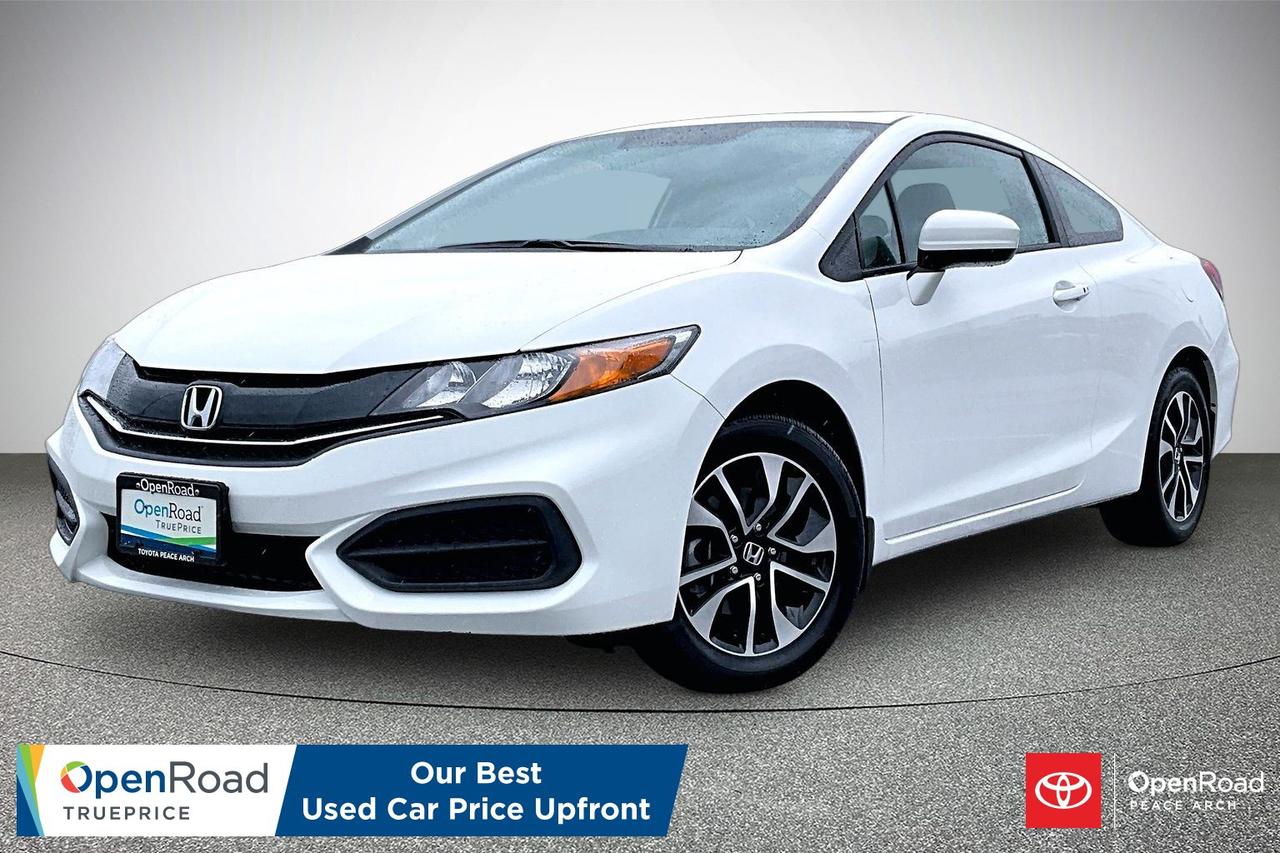 The 2014 Honda Civic Coupe LX with a 5-speed manual transmission features a 1.8-litre inline 4-cylinder engine producing 143 horsepower and 129 lb-ft of torque, paired with front-wheel drive for efficient performance. It offers fuel economy of approximately 7.3 L/100 km city and 5.5 L/100 km highway. Standard equipment includes 16-inch steel wheels, EcoAssist with ECON mode, heated front seats, air conditioning, cruise control, and a tilt and telescopic steering wheel. Interior highlights include Bluetooth connectivity, USB and auxiliary inputs, a multi-information display, and a split-folding rear seat. Safety features include stability control, traction control, multiple airbags, ABS brakes, and a rearview camera.  Have confidence with your OpenRoad purchase! Every OpenRoad Certified Pre-Owned vehicle comes fully reconditioned and complete with a comprehensive 153 point mechanical inspection, a CarFax history & lien report, a 3-Day Money Back Guarantee, a 30-Day/2,000 kms Exchange Policy, a 90-Day/5,000 kms Powertrain Warranty, guaranteed clear title, and membership to our exclusive Club OpenRoad! As a proud member of the OpenRoad Auto Group, a trusted name since 2000 serving the Lower mainland (including White Rock, Surrey, Langley, Maple Ridge, Delta, Richmond, Mission and beyond) with outstanding Toyota vehicles, Toyota parts, and Toyota service since 1966! OpenRoad Toyota Peace Arch is a &ldquo;True Price&rdquo; dealer, meaning no inflated prices, and no need for back and forth haggling! We use up to the minute technology offering LIVE MARKET VALUE PRICING to ensure you are receiving the most competitive price possible on all of our Pre-Owned vehicles!  All advertised vehicle prices do not include our $699 documentation fee.