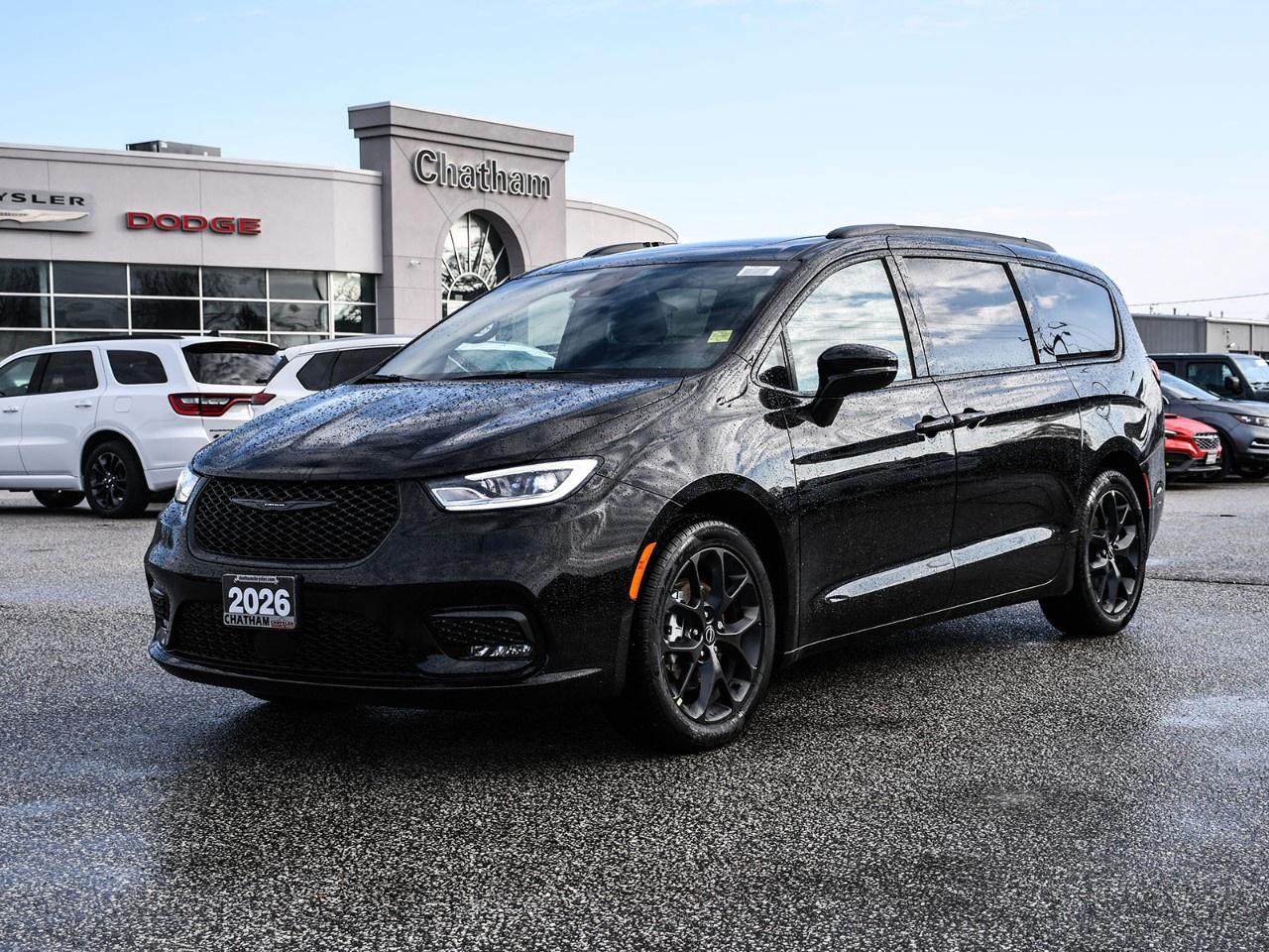 <p>Step into the 2026 Chrysler Pacifica Select FWD, a superb black van that effortlessly combines style and functionality with its front-wheel drive. This new van is equipped with a 3.6L Pentastar VVT V6 engine paired with a 9-speed automatic transmission, ensuring a smooth drive for any journey.</p><p>The exterior shines with its Diamond Black Crystal Pearl coat, enhanced by a Premium Upper/Lower Grille with Black Surround and sleek 20" Foreshadow Aluminum Wheels. The S Appearance Package adds further distinction with features like Black Daylight Opening Mouldings and a Black Stow 'N Place Roof Rack, perfectly framing its bold design.</p><p>Inside, you'll be greeted by a refined space with Piano Black Interior Accents. Comfort is paramount with heated seats and steering wheel, power seats, and a Full Sunroof with Power Front and Fixed Rear for those sunny days on the go. Staying connected is easy with advanced features like a Wi-Fi hotspot, smart device integration, and Bluetooth connectivity.</p><p>Safety and convenience are priorities with systems such as adaptive cruise control, lane assist, and parking sensors included to aid in every drive. The backup camera, brake assist, and keyless entry provide peace of mind, while the remote start, satellite radio, and third row enhance your driving experience.</p><p>This Chrysler Pacifica Select suits families and individuals who appreciate technological advancements, comfort, and safety in their vehicle. Visit or contact Chatham Chrysler to find out how this exceptional van can be yours.</p>