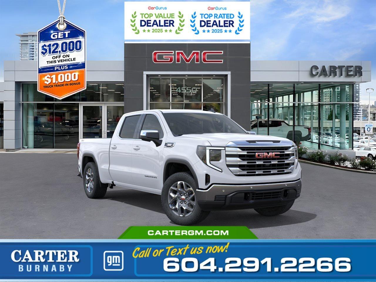 Now is the perfect time to upgrade your truck and save big! Take advantage of an $8,000 Non-Stackable Cash Delivery Allowance and our $4,000 dealer discount, PLUS get a $1,000 Truck Trade-In Bonus with the trade of a 2015 or newer pickup truck. Power, strength, and dependable towing are waiting, but only for a limited time!  Power meets efficiency in this 2026 GMC Sierra 1500 SLE 4WD, equipped with the impressive Duramax 3.0L Turbo-Diesel I6 delivering outstanding torque and capability. The X31 Off-Road Package adds rugged confidence with skid plates, off-road suspension, and hill descent control. Stay connected with a 13.4" touchscreen and 12.3" digital driver display, while the trailering package with Hitch Guidance makes towing easy. StabiliTrak with trailer sway control enhances safety on every drive.  Come take it for a test drive today and experience all this stylish vehicle has to offer!  WHY CARTER GM BURNABY?  - An unrivalled vehicle purchasing experience! - Exceeding our loyal customers expectations since 1963 - 4.5 Google star rating with 2,300+ customer reviews) - CarGurus Top-Rated Dealer 2025 Award - CarGurus Top Value Dealer 2025 Award - Vehicle trades welcome! Best price guaranteed! - We provide upfront pricing, zero hidden fees, and 100% transparency - Fast approvals and 99% acceptance rates (no matter your current credit status!) - Multilingual staff (many languages spoken) - Comfortable non-pressured environment with in-store television, WIFI and a childrens play area! - In-store restaurant: fresh daily menu        Were here to help you drive the vehicle you want, the vehicle you deserve! QUESTIONS? GREAT! WEVE GOT ANSWERS! To speak with a friendly vehicle specialist - CALL NOW! The advertised price includes all standard dealer fees and any applicable manufacturer or dealer incentives. It does not include applicable taxes, licensing, insurance, or optional products or services. Dealer fees will be clearly broken out and itemized on the bill of sale, maximum total of fees $595.00. Prices are shown in Canadian dollars. While we make every effort to ensure accuracy, vehicle details, pricing, options, and availability are subject to change without notice. Please confirm all information with dealership sales management before purchase. Dealer Code: 81129