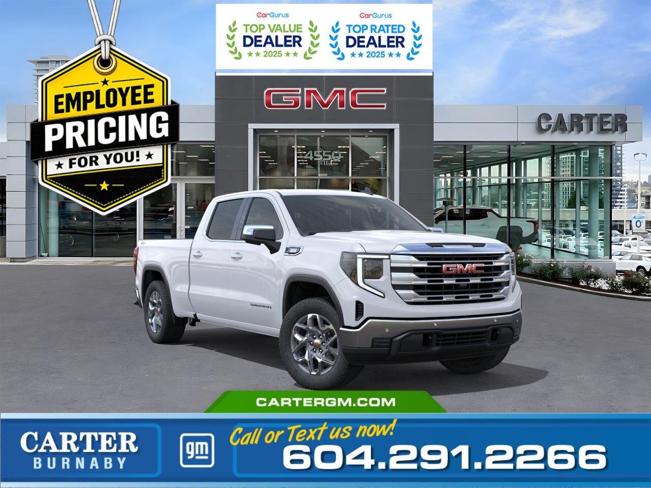 GREAT NEWS! THE EMPLOYEE PRICING EVENT IS BACK! Take advantage of exclusive Employee Pricing on eligible new vehicles and enjoy exceptional value for a limited time. This is your opportunity to save on the vehicle youve been waiting for while inventory lasts. Contact us today to confirm your eligibility and discover the available offers on your preferred model.  Power meets efficiency in this 2026 GMC Sierra 1500 SLE 4WD, equipped with the impressive Duramax 3.0L Turbo-Diesel I6 delivering outstanding torque and capability. The X31 Off-Road Package adds rugged confidence with skid plates, off-road suspension, and hill descent control. Stay connected with a 13.4" touchscreen and 12.3" digital driver display, while the trailering package with Hitch Guidance makes towing easy. StabiliTrak with trailer sway control enhances safety on every drive.  Come take it for a test drive today and experience all this stylish vehicle has to offer!  WHY CARTER GM BURNABY?  - An unrivalled vehicle purchasing experience! - Exceeding our loyal customers expectations since 1963 - 4.5 Google star rating with 2,300+ customer reviews) - CarGurus Top-Rated Dealer 2025 Award - CarGurus Top Value Dealer 2025 Award - Vehicle trades welcome! Best price guaranteed! - We provide upfront pricing, zero hidden fees, and 100% transparency - Fast approvals and 99% acceptance rates (no matter your current credit status!) - Multilingual staff (many languages spoken) - Comfortable non-pressured environment with in-store television, WIFI and a childrens play area! - In-store restaurant: fresh daily menu        Were here to help you drive the vehicle you want, the vehicle you deserve! QUESTIONS? GREAT! WEVE GOT ANSWERS! To speak with a friendly vehicle specialist - CALL NOW! The advertised price includes all standard dealer fees and any applicable manufacturer or dealer incentives. It does not include applicable taxes, licensing, insurance, or optional products or services. Dealer fees will be clearly broken out and itemized on the bill of sale, maximum total of fees $699.00. Prices are shown in Canadian dollars. While we make every effort to ensure accuracy, vehicle details, pricing, options, and availability are subject to change without notice. Please confirm all information with dealership sales management before purchase. Dealer Code: 81129