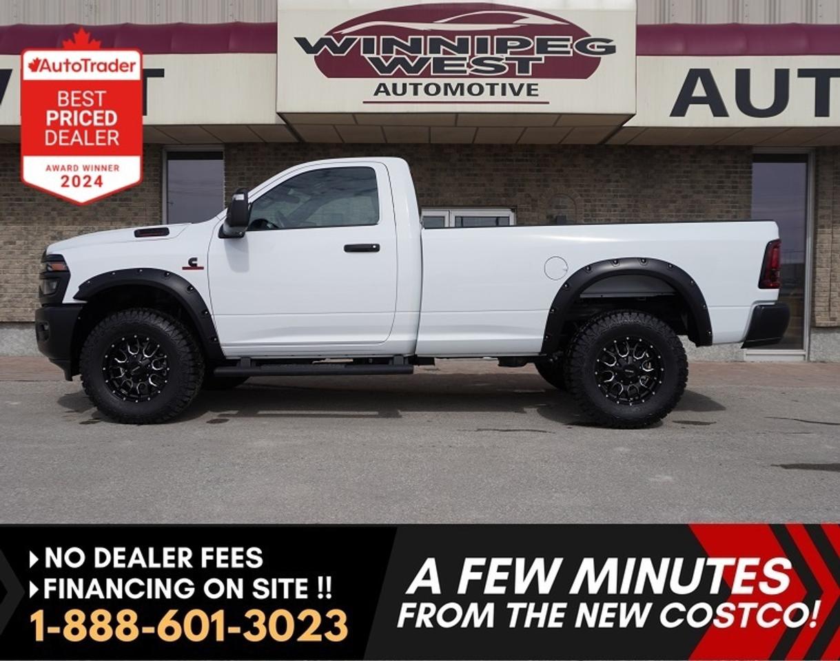 *** Dealer arranged financing on site! Quick, Simple,  no calls or waiting on bank appointments required!! Drive away today ***   NO ADMINISTRATION FEES!!

SALE PRICE: $73,800 **ASK US HOW TO RECEIVE A PRICE DISCOUNT WITH DEALER ARRANGED FINANCING O.A.C.** PLUS APPLICABLE TAXES. NO ADMINISTRATION FEES!! 

ULTRA RARE & STILL Brand New 2025 Ram 2500 Tradesman Regular Cab 4x4 Cummins HO Diesel Extremely Rare Truck - Full factory Warranty - HUGE SAVINGS FROM NEW PRICE!
 
This is a brand new 2025 Ram 2500 Tradesman Regular Cab 4x4, powered by the legendary 6.7L Cummins High Output turbo diesel. Finding a regular cab, 4x4, Cummins-equipped Ram 2500 is exceptionally rare in todays market, especially one built with modern safety technology and heavy-duty trailering capability. This truck is purpose-built, work-focused, and increasingly hard to replace. Finished in Bright White with a Black interior featuring 2 tone leather seats covers, this truck combines durability, simplicity, and serious capability in a configuration that many buyers actively search for but rarely find.

NOTE: Optional brand-new aftermarket tire and wheel package available for purchase if desired (pictured) Original tires and wheels come with vehicle at advertised price. 

Powertrain & Capability

- 6.7L Cummins I-6 High Output Turbo Diesel
- ALL NEW 8-Speed TorqueFlite HD Automatic Transmission
- 4x4 with Electronic Shift-on-the-Fly Transfer Case
- 3.42 Axle Ratio
- Anti-Spin Rear Differential
- GVWR: 10,190 lbs. (4,622 kg)
- 102-litre (28-gallon) fuel tank
- Engine block heater
- Transfer case skid plate shield

This drivetrain is engineered for heavy towing, long service life, and demanding work conditions.

Trailering & Work Equipment

- Class V hitch receiver
- 4-pin and 7-pin wiring harness
- Trailer Sway Control
- Trailer Light Check
- Trailer Tow Pages
- Electronic Roll Mitigation
- Locking tailgate
- Black Mopar tubular side steps
- Exterior 115-volt power outlet
- Front and rear ParkSense parking assist
- ParkView rear back-up camera

Safety & Driver Assistance

- Full-Speed Forward Collision Warning Plus
- Pedestrian and Cyclist Emergency Braking
- Adaptive Cruise Control with Stop
- Emergency Vehicle Alert System (EVAS)
- Electronic Stability Control
- Traction Control
- Hill Start Assist
- Advanced multistage front airbags
- Side curtain and seat-mounted side airbags

This truck offers modern safety technology rarely found in regular cab heavy-duty pickups.

Interior & Comfort

- Heavy-duty vinyl front 40/20/40 split bench seat
- Dual-zone automatic climate control
- Push-button start
- Tilt steering column
- 3.5-inch full-colour instrument cluster display
- Air conditioning
- Multiple USB ports and auxiliary input
- 115-volt auxiliary power outlet (front)
- Built for durability while still providing everyday comfort.

Technology & Connectivity

- Uconnect 5 NAV with 12-inch touchscreen
- Built-in GPS navigation
- Apple CarPlay and Android Auto
- SiriusXM with 360L on-demand content
- Alexa Built-In
- Hands-free phone and audio
- 4G LTE Wi-Fi hotspot
- Connected travel and traffic services

This is a highly uncommon level of technology in a Tradesman regular cab.

Exterior Features

- LED high/low beam headlamps
- LED fog lamps
- Power folding, heated, telescopic tow mirrors
- Supplemental turn signals and courtesy lamps
- Mirror running lights
- Power convex auxiliary mirrors
- Automatic headlamps

Why This Truck Matters

- Brand new
- Regular cab 4x4
- Cummins High Output diesel
- Highly optioned Tradesman
- Built for serious work, fleets, towing, and long-term ownership

Extremely difficult to source in todays market! This 2025 Ram 2500 Regular Cab Cummins 4x4 is a true heavy-duty work truck in its purest form, offering unmatched durability in a configuration that are next to impossible to find on a lot anywhere! 

Truck is being sold on a NIVIS (New Car documentation), of course a PERFECT CARFAX history report, the FULL Ram warranty coverage and we have many extended policies to enhance that with many options available to choose from. ON SALE NOW (HUGE VALUE!!!) Zero down financing available O.A.C. Please see dealer for details. Trades accepted. View at Winnipeg West Automotive Group, 5195 Portage Ave. Dealer permit # 6007, Call now 1 (888) 601-3023Comes with a Manitoba Safety Certification, and we have many Extended Powertrain warranties available on your vehicle purchase up to 10-year coverage (on eligible vehicles see dealer for details). Financing on site with Zero down financing OAC. Trades accepted. View at Winnipeg West Automotive Group, 5195 Portage Ave. (only a couple of minutes past the new Costco) Dealer permit # 6007, Call now 1(888) 601-3023. This Car is located in Winnipeg Manitoba,  however we can have it shipped anywhere in North America relatively inexpensively.