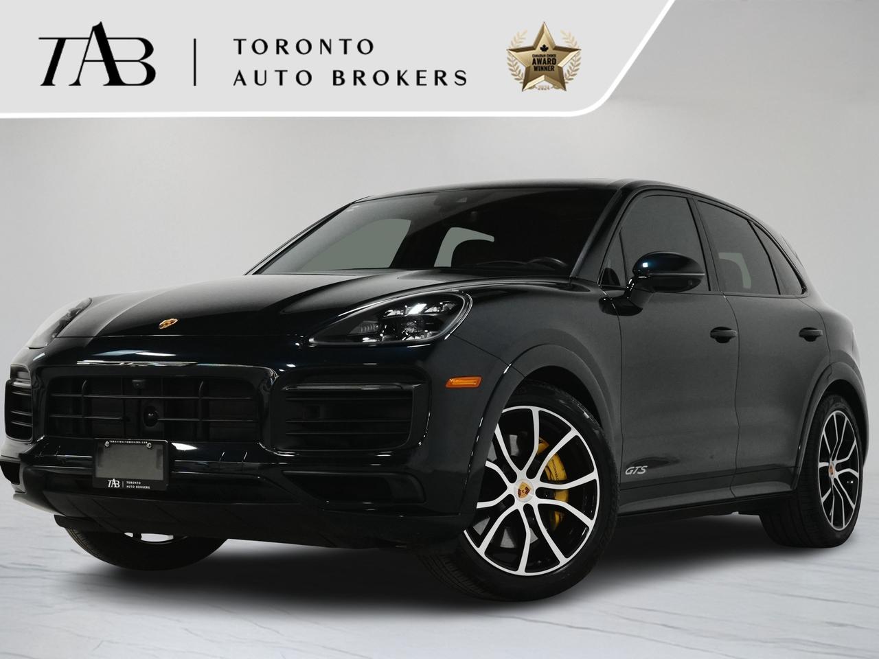 This 2022 Porsche Cayenne GTS is a local Ontario vehicle with remaining manufacturer warranty until August 8th, 2026 or up to 80,000 kms. Combining unmistakable Porsche performance with everyday practicality, the Cayenne GTS delivers a dynamic driving experience with a powerful V8 engine, sporty styling, and premium comfort.

Key features include:

Premium Plus Package  $8,720
Assistance Package  $7,120
21" Cayenne Exclusive Design Wheels in High Gloss Black incl. Wheel Arch Extensions in Exterior Color  $1,880
Sport Chrono Package  $1,280
Interior Trim in Carbon Fiber  $1,140
Brake Calipers in High Gloss Black  $1,030
Moonlight Blue Metallic  $910
Heated Windshield  $560
Center Console Armrest with Porsche Crest  $520
Central Tachometer in White  $480
Ionizer  $390
PORSCHE Logo in Satin Black and Model Designation in Exterior Color  $365
Panoramic glass roof
Power steering Plus
Ambient Lighting
Power Seats (14-way) with Comfort Memory
Heated Seats (Front and Rear)
Ventilated Seats (Front)
4-Zone Climate Control
BOSE Surround Sound-System
LED-Matrix Design Headlights in Black incl. Porsche Dynamic Light System Plus (PDLS+)
Auto-Dimming Mirrors
Lane Change Assist (LCA)
Comfort Access
Head-Up Display
Surround View
Night Vision Assist
Traffic Sign Recognition
Emergency Assist incl. Lane Keep Assist
Porsche InnoDrive incl. Adaptive Cruise Control (ACC)

NOW OFFERING 3 MONTH DEFERRED FINANCING PAYMENTS ON APPROVED CREDIT. 

WE OFFER THE BEST FINANCE RATES, AND DONT CHARGE ANY FINANCING FEE 

Looking for a top-rated pre-owned luxury car dealership in the GTA? Look no further than Toronto Auto Brokers (TAB)! Were proud to have won multiple awards, including the 2024 AutoTrader Best Priced Dealer, the 2024 CarGurus Award, the 2025 Top Choice Award, the 2025 Consumer Satisfaction Award, the 2025 Canadian Choice Award, the 2025 Three Best Rated Dealer Award, and many more!

With 30 years of experience serving the Greater Toronto Area, TAB is a respected and trusted name in the pre-owned luxury car industry. Our 30,000 sq.Ft indoor showroom is home to a wide range of luxury vehicles from top brands like BMW, Mercedes-Benz, Audi, Porsche, Land Rover, Jaguar, Aston Martin, Bentley, Maserati, and more. And we dont just serve the GTA, were proud to offer our services to all cities in Canada, including Vancouver, Montreal, Calgary, Edmonton, Winnipeg, Saskatchewan, Halifax, and more.

At TAB, were committed to providing a no-pressure environment and honest work ethics. As a family-owned and operated business, we treat every customer like family and ensure that every interaction is a positive one. Come experience the TAB Lifestyle at its truest form, luxury car buying has never been more enjoyable and exciting!

We offer a variety of services to make your purchase experience as easy and stress-free as possible. From competitive and simple financing and leasing options to extended warranties, aftermarket services, and full history reports on every vehicle, we have everything you need to make an informed decision. We welcome every trade, even if youre just looking to sell your car without buying, and when it comes to financing or leasing, we offer same day approvals, with access to over 50 lenders, including all of the banks in Canada. Feel free to check out your own Equifax credit score without affecting your credit score, simply click on the Equifax tab above and see if you qualify.

Call us today or visit our website to learn more about our inventory and services. And remember, all prices exclude applicable taxes and licensing, and vehicles can be certified at an additional cost of $999.