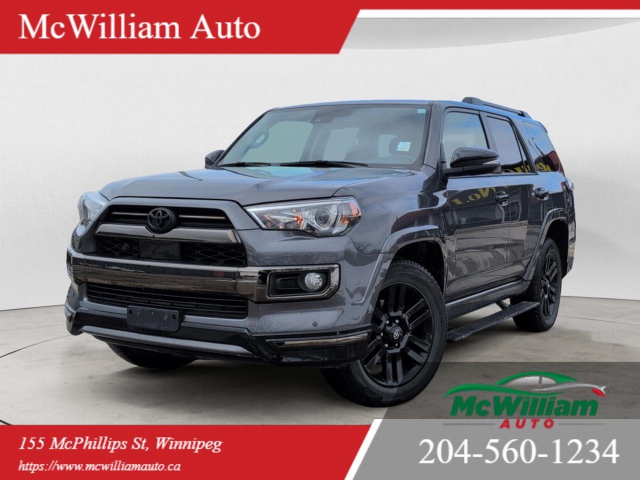 MECHANICAL / PERFORMANCE<br data-start=in.24in. data-end=in.27in. /> 4.0L V6 engine<br data-start=in.41in. data-end=in.44in. /> 5-speed automatic transmission<br data-start=in.74in. data-end=in.77in. /> Full-time 4WD system<br data-start=in.97in. data-end=in.100in. /> Rear locking differential<br data-start=in.125in. data-end=in.128in. /> Hill Start Assist<br data-start=in.145in. data-end=in.148in. /> Downhill Assist Control<br data-start=in.171in. data-end=in.174in. /> Independent front suspension<br data-start=in.202in. data-end=in.205in. /> Multi-terrain select<br data-start=in.225in. data-end=in.228in. /> Power steeringSAFETY<br data-start=in.252in. data-end=in.255in. /> Toyota Safety Sense<br data-start=in.274in. data-end=in.277in. /> Adaptive Cruise Control (ACC)<br data-start=in.306in. data-end=in.309in. /> Lane Keep Assist (LKAS)<br data-start=in.332in. data-end=in.335in. /> Forward Collision Warning<br data-start=in.360in. data-end=in.363in. /> Automatic Emergency Braking<br data-start=in.390in. data-end=in.393in. /> Blind Spot Monitoring<br data-start=in.414in. data-end=in.417in. /> Rear Cross Traffic Alert<br data-start=in.441in. data-end=in.444in. /> Backup camera<br data-start=in.457in. data-end=in.460in. /> Parking sensors<br data-start=in.475in. data-end=in.478in. /> Electronic Stability Control<br data-start=in.506in. data-end=in.509in. /> Traction Control System<br data-start=in.532in. data-end=in.535in. /> Anti-lock Braking System (ABS)<br data-start=in.565in. data-end=in.568in. /> Multiple airbagsTECHNOLOGY / INFOTAINMENT<br data-start=in.613in. data-end=in.616in. /> JBL 15-speaker premium audio system<br data-start=in.651in. data-end=in.654in. /> Touchscreen infotainment system<br data-start=in.685in. data-end=in.688in. /> Navigation system<br data-start=in.705in. data-end=in.708in. /> Bluetooth connectivity<br data-start=in.730in. data-end=in.733in. /> USB ports<br data-start=in.742in. data-end=in.745in. /> Voice recognition<br data-start=in.762in. data-end=in.765in. /> Satellite radio capability<br data-start=in.791in. data-end=in.794in. /> Smart key system<br data-start=in.810in. data-end=in.813in. /> Keyless entry<br data-start=in.826in. data-end=in.829in. /> Push-button startCOMFORT / INTERIOR<br data-start=in.868in. data-end=in.871in. /> 7-passenger seating<br data-start=in.890in. data-end=in.893in. /> Leather upholstery<br data-start=in.911in. data-end=in.914in. /> Heated front seats<br data-start=in.932in. data-end=in.935in. /> Cooled front seats<br data-start=in.953in. data-end=in.956in. /> Heated steering wheel<br data-start=in.977in. data-end=in.980in. /> Power adjustable front seats<br data-start=in.1008in. data-end=in.1011in. /> Driver memory seats (2 settings)<br data-start=in.1043in. data-end=in.1046in. /> Dual-zone automatic climate control<br data-start=in.1081in. data-end=in.1084in. /> Power sunroof<br data-start=in.1097in. data-end=in.1100in. /> Heated windshield wiper de-icer<br data-start=in.1131in. data-end=in.1134in. /> Power windows and door locksEXTERIOR / STYLING<br data-start=in.1184in. data-end=in.1187in. /> Nightshade Edition package<br data-start=in.1213in. data-end=in.1216in. /> Black exterior accents<br data-start=in.1238in. data-end=in.1241in. /> Black alloy wheels<br data-start=in.1259in. data-end=in.1262in. /> LED headlights<br data-start=in.1276in. data-end=in.1279in. /> LED fog lights<br data-start=in.1293in. data-end=in.1296in. /> LED taillights<br data-start=in.1310in. data-end=in.1313in. /> Roof rails<br data-start=in.1323in. data-end=in.1326in. /> Running boards<br data-start=in.1340in. data-end=in.1343in. /> Power folding mirrors<br data-start=in.1364in. data-end=in.1367in. /> Rear privacy glassOFF ROAD / CAPABILITY<br data-start=in.1410in. data-end=in.1413in. /> Full-time 4WD capability<br data-start=in.1437in. data-end=in.1440in. /> Rear locking differential<br data-start=in.1465in. data-end=in.1468in. /> Downhill Assist Control<br data-start=in.1491in. data-end=in.1494in. /> Hill Start Assist Control<br data-start=in.1519in. data-end=in.1522in. /> Multi-terrain select<br><br> DEALER PERMIT #4611<br data-start=in.1565in. data-end=in.1568in. /> Stock Number#4854<br data-start=in.1585in. data-end=in.1588in. /> McWilliam Auto, 155 McPhillips Street, Winnipeg MB<br data-start=in.1638in. data-end=in.1641in. /> IMPORTANT DISCLAIMER: This vehicle is a used vehicle, all the features and information may not be accurate from the descriptions above, please check the