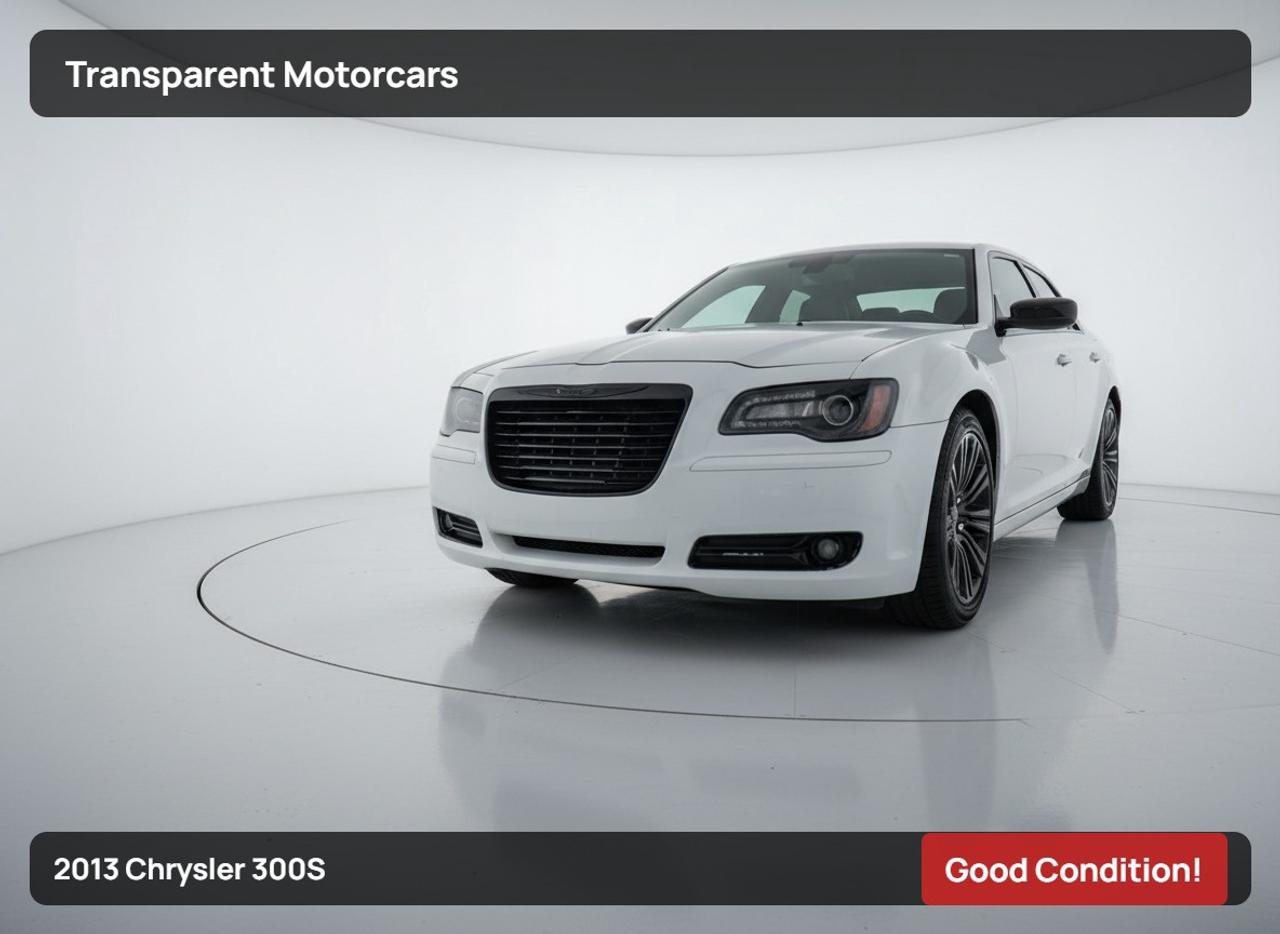 Transparent Motorcars is pleased to offer this beautiful 2013 Chrysler 300S With 127,590kms, It Features 292 Horsepower 3.5L V6 Engine Paired With 8-Speed Shiftable Automatic Transmission, Bluetooth Connection, Heated Front Seats, Leather Seats, Driver Convenience Group, Back-Up Camera, Driver And Passanger Adjustable Lumbar, Remote Engine Start, Security Sysetm, Garage Door Opener, Panoramic Roof, Automatic Headlights, Heated Mirrors, Multi-Zone Climate Control, Keyless Entry, Keyless Start, Remote Trunk Release, Cruise Control And Much More! <br/> <br/> <br/> <br/> <br/> Stock# G00208C Dealer # 50276 <br/> <br/> <br/> <br/> <br/> <br/> <br/> $995 Documentation Fee <br/> <br/> <br/> <br/> <br/> <br/> <br/> 3771 No.3 Road Richmond/4211 No.3 Road Richmond <br/> <br/> <br/> <br/> <br/> <br/> <br/> This vehicle has undergone a comprehensive 110-point inspection at our state-of-the-art service facility, covering: Powertrain, Suspension, Tire Tread Depth ,Brake Condition ,All Electrical Components <br/> <br/> <br/> <br/> <br/> <br/> <br/> *Each vehicle comes with a limited warranty for your peace of mind. <br/> <br/> <br/> <br/> <br/> <br/> <br/> *Free, full CARFAX Vehicle History Report available upon request. <br/> <br/> <br/> <br/> <br/> <br/> <br/> *We are a 5-star rated Google dealership, trusted by our customers. <br/> <br/> <br/> <br/> <br/> <br/> <br/> *Thousands of satisfied customers  we invite you to join our automotive family! <br/> <br/> <br/> <br/> <br/> <br/> <br/> *Complimentary pick-up service from the airport, ferry terminal, or SkyTrain station is available. <br/> <br/> <br/> <br/> <br/> <br/> <br/> *For details on our refund and buyback policy, please contact our team directly. <br/> <br/> <br/> <br/> <br/> <br/> <br/> At our dealership, we pride ourselves on building lasting relationships with our customers. Were not just a one-time dealer  we are committed to being your trusted partner for all your vehicle needs, now and in the future. From your initial purchase to ongoing service, we aim to exceed expectations every step of the way. <br/>