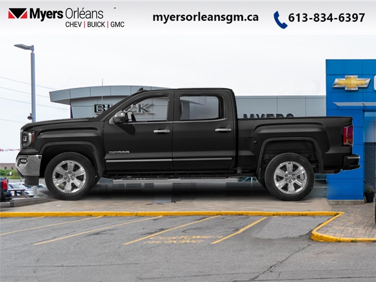 <b>Leather Seats, Heated Seats, Power Adjustable Pedals, Remote Engine Start, Climate Control, Touch Screen, Rear View Camera</b><br> <br>  Hurry on this one! Marked down from $31538 - you save $1600.Did you know that the 2016 Sierra 1500 comes with Duralife brake rotors that are known to last longer? This 2016 GMC Sierra 1500 is fresh on our lot in Orleans. <br> <br>The main attraction of the 2016 GMC Sierra is its combination of simplicity, ruggedness and handsome design features. The Sierra has always had the advantage in styling over other pickups in its class and 2016 is no different. This GMC Sierra 1500 becomes more fearless, thanks to its new unique front grille, stylish exterior body panels and the addition of LED lights around this awesome truck. This Crew Cab 4X4 pickup has 128,900 km. Its Black in colour. It has an Automatic transmission and is powered by a 355HP 5.3L 8 Cylinder Engine. It may have some remaining factory warranty, please check with dealer for details. <br> <br> Our Sierra 1500s trim level is SLT. The SLT trim is packed with the best features available. It receives larger aluminum wheels, leather heated seats, an 8 inch colour touch screen with Intellilink, SiriusXM, Bluetooth, power adjustable pedals, a remote engine start system, dual zone climate control, an EZ lift and lower tailgate and rear view camera plus much more.<br> <br>To apply right now for financing use this link: <a href=https://www.myersorleansgm.ca/FinancePreQualForm target=_blank>https://www.myersorleansgm.ca/FinancePreQualForm</a><br><br> <br/><br> Buy this vehicle now for the lowest bi-weekly payment of <b>$451.37</b> with $0 down for 36 months @ 10.99% APR O.A.C. ( Plus applicable taxes -  Plus applicable fees   ).  See dealer for details. <br> <br>*MYERS LIFETIME ENGINE AND TRANSMISSION COVERAGE CERTIFICATE NOT AVAILABLE ON VEHICLES WITH KMS EXCEEDING 140,000KM, VEHICLES 8 YEARS & OLDER, OR HIGHLINE BRAND VEHICLE(eg. BMW, INFINITI. CADILLAC, LEXUS...)<br> Come by and check out our fleet of 30+ used cars and trucks and 210+ new cars and trucks for sale in Orleans.  o~o