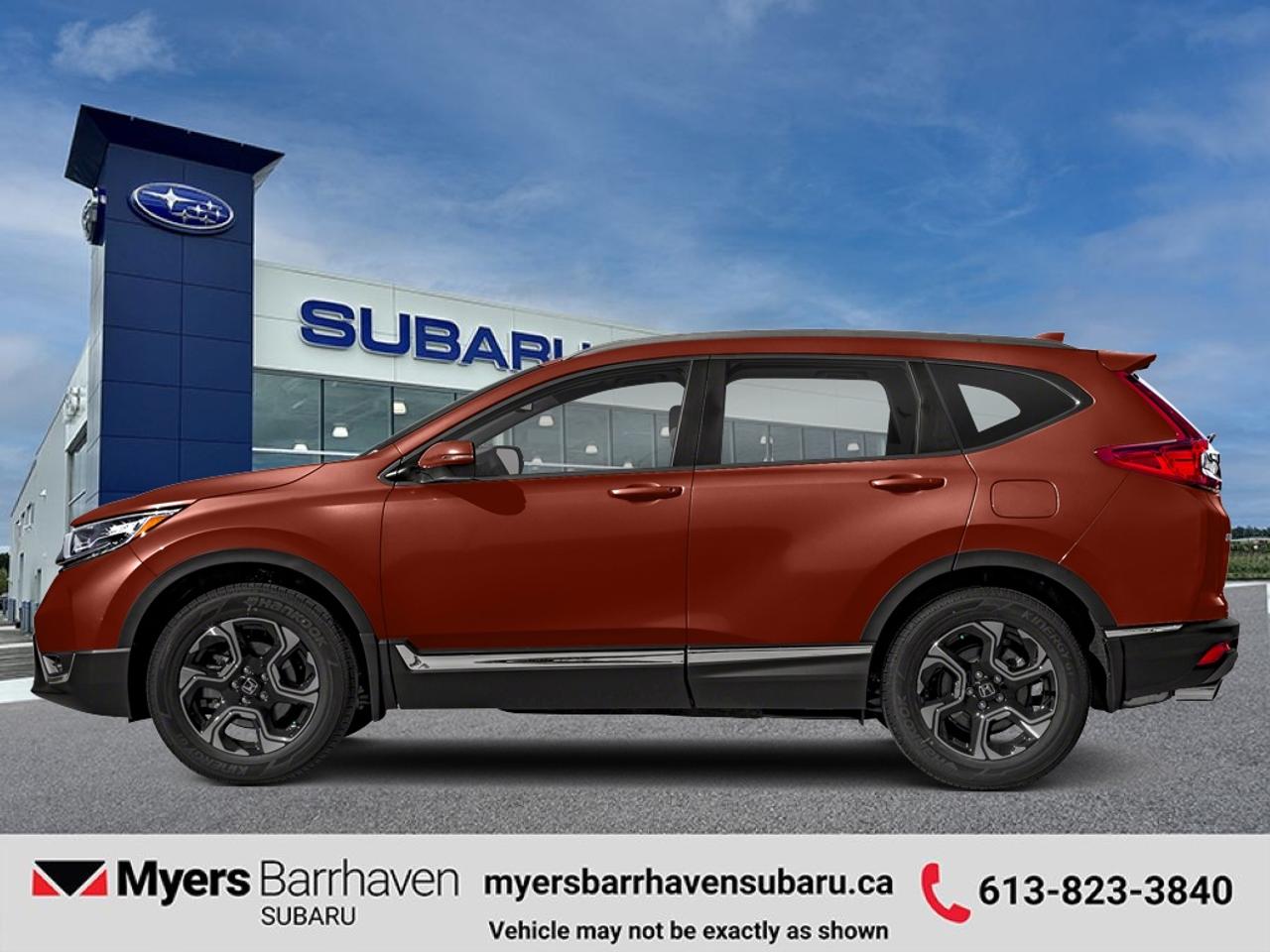 <b>Navigation,  Sunroof,  Leather Seats,  Blind Spot Assist,  Heated Steering Wheel!</b><br> <br> The Honda CR-V excels at things that matter to families including having a huge interior, a quiet cabin, superior features, and great cargo capacity. This 2018 Honda CR-V is fresh on our lot in Nepean. <br> <br>A focus on practical design, this versatile 2018 Honda CR-V offers a family-friendly space with plenty of room and a thoughtful design. Ample storage and comfort features ensure this is a place to relax no matter the destination. A classy SUV, this model is economical while still offering plenty of fun. This SUV has 102,477 km. Its Molten Lava Pea in colour and is completely accident free based on the <a href=https://vhr.carfax.ca/?id=fUWhGWnopeBYvNxugtF+EWMHdvkk1koI target=_blank>CARFAX Report</a>. It has an Automatic transmission and is powered by a 190HP 1.5L 4 Cylinder Engine. <br> <br> Our CR-Vs trim level is Touring AWD. The Touring trim is the top of the line Honda CR-V and it shows in every detail. It comes with leather seats which are heated in front, a heated, leather-wrapped steering wheel, a seven-inch audio display with navigation, Bluetooth, and SiriusXM, a power liftgate, a power sunroof, dual-zone automatic climate control, a rearview camera, lane departure warning, collision mitigation braking system, blind spot assist, and more. This vehicle has been upgraded with the following features: Navigation, Sunroof, Leather Seats, Blind Spot Assist, Heated Steering Wheel, Rear View Camera, Heated Seats.<br> <br>To apply right now for financing use this link: <a href=https://www.myersbarrhavensubaru.ca/quick-approval/ target=_blank>https://www.myersbarrhavensubaru.ca/quick-approval/</a><br><br> <br/><br><br> The Myers name has been synonymous with first-rate automotive service and products for over 80 years in Ottawa; we are happy to welcome you here to <b> Myers Barrhaven Subaru </b> the unbeatable Subaru dealer in Ottawa and the National Capital Region. Serving drivers as the premier Subaru dealership near Kanata, Orléans, Gatineau, QC and Vanier region, we offer a wide range of new and used offerings from Subaru. If youre in the market for a full range of Subaru cars and Subaru SUVs for sale in Ottawa. </br> o~o