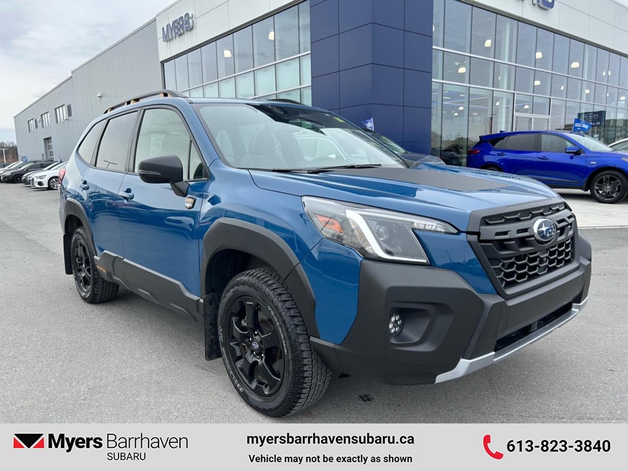 <b>Off-Road Package,  Remote Start,  Premium Audio,  Sunroof,  Power Liftgate!</b><br> <br> This 2025 Forester has enough comfort, safety and versatility for all of your weekend adventures, no matter where they may lead. This 2025 Subaru Forester is fresh on our lot in Nepean. <br> <br>The Subaru Forester brings more convenience and versatility to your daily life with durable and quality materials, a driver focused cockpit and incredible off-road capability. With a well-engineered suspension that securely hugs the road and an impressive suite of driver assistance packages, the safety of you and your family is second to none. This SUV has 23,824 km. Its Geyser Blue in colour and is completely accident free based on the <a href=https://vhr.carfax.ca/?id=gnlBlDihGKVeSyAvlI/iy4k0k88A6rtt target=_blank>CARFAX Report</a>. It has an Automatic transmission and is powered by a 182HP 2.5L 4 Cylinder Engine. <br> <br> Our Foresters trim level is Wilderness. This trim steps things up with a 11-speaker harman/kardon system, a panoramic sunroof, a power liftgate for rear cargo access, and a heated steering wheel. Other standard features include heated front seats with all-weather soft-touch upholstery, adaptive cruise control, automatic high beams, aluminum alloy wheels, dual-zone climate control, and an 11.6-inch tablet-style touchscreen infotainment system with Apple CarPlay and Android Auto. Safety features also include pre-collision braking, lane keeping assist with lane departure warning, and forward collision mitigation. This vehicle has been upgraded with the following features: Off-Road Package, Remote Start, Premium Audio, Sunroof, Power Liftgate, Heated Steering Wheel, Heated Seats.<br> <br>To apply right now for financing use this link: <a href=https://www.myersbarrhavensubaru.ca/quick-approval/ target=_blank>https://www.myersbarrhavensubaru.ca/quick-approval/</a><br><br> <br/><br><br> The Myers name has been synonymous with first-rate automotive service and products for over 80 years in Ottawa; we are happy to welcome you here to <b> Myers Barrhaven Subaru </b> the unbeatable Subaru dealer in Ottawa and the National Capital Region. Serving drivers as the premier Subaru dealership near Kanata, Orléans, Gatineau, QC and Vanier region, we offer a wide range of new and used offerings from Subaru. If youre in the market for a full range of Subaru cars and Subaru SUVs for sale in Ottawa. </br><br> Come by and check out our fleet of 50+ used cars and trucks and 20+ new cars and trucks for sale in Nepean.  o~o