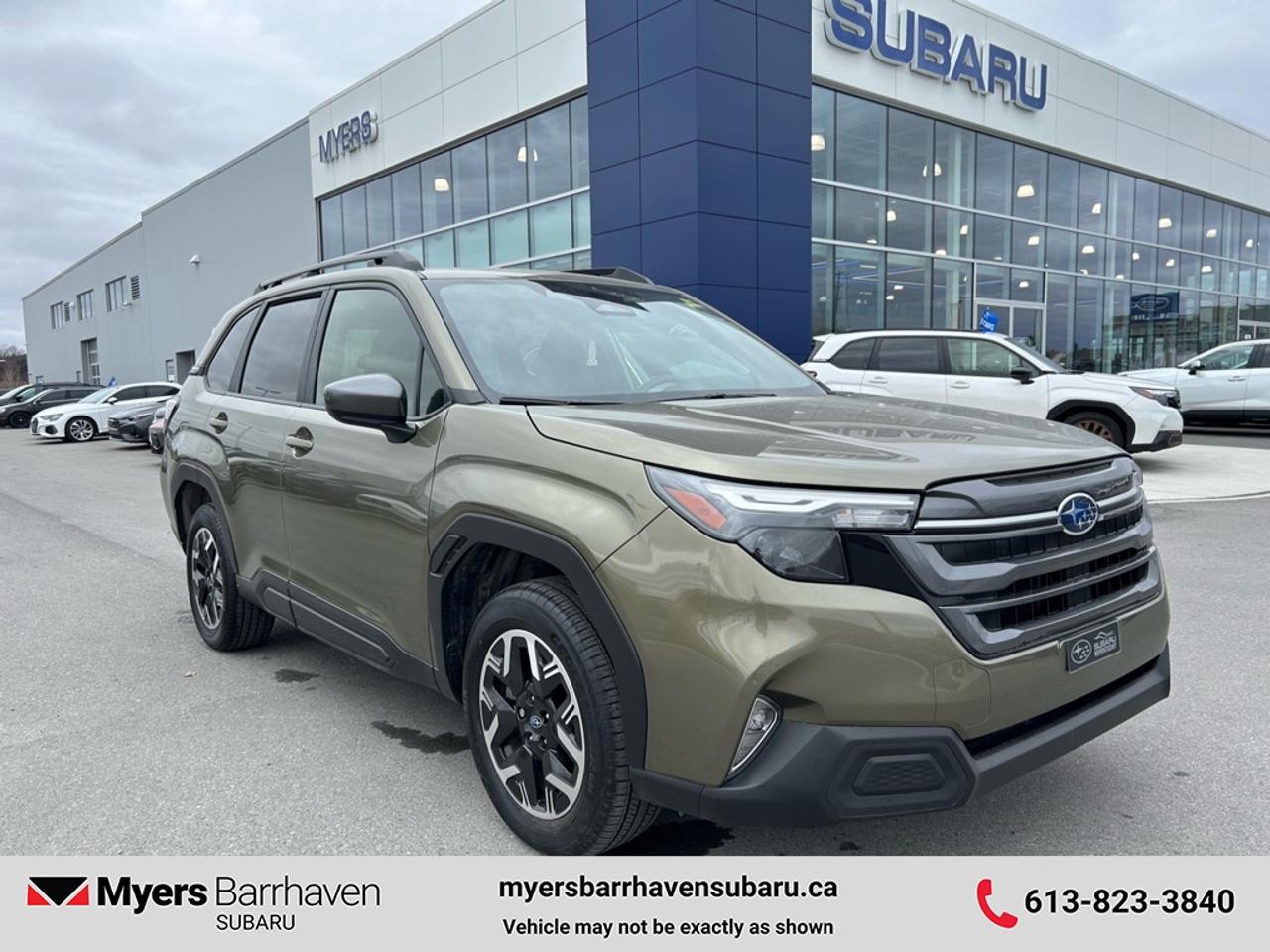 <b>Sunroof,  Power Liftgate,  Heated Steering Wheel,  Heated Seats,  Adaptive Cruise Control!</b><br> <br> With modern technology and ultra comfortable interior, this Subaru Forester is filled with the latest infotainment and convenience features. This 2025 Subaru Forester is fresh on our lot in Nepean. <br> <br>The Subaru Forester brings more convenience and versatility to your daily life with durable and quality materials, a driver focused cockpit and incredible off-road capability. With a well-engineered suspension that securely hugs the road and an impressive suite of driver assistance packages, the safety of you and your family is second to none. This SUV has 26,515 km. Its Autumn Green Me in colour. It has an Automatic transmission and is powered by a 180HP 2.5L 4 Cylinder Engine. <br> <br> Our Foresters trim level is Touring. This trim steps things up with a panoramic sunroof, a power liftgate for rear cargo access, and a heated steering wheel. Other standard features include heated front seats, adaptive cruise control, automatic high beams, aluminum alloy wheels, dual-zone climate control, and an 11.6-inch tablet-style touchscreen infotainment system with Apple CarPlay and Android Auto. Safety features also include pre-collision braking, lane keeping assist with lane departure warning, and forward collision mitigation. This vehicle has been upgraded with the following features: Sunroof, Power Liftgate, Heated Steering Wheel, Heated Seats, Adaptive Cruise Control, Lane Keep Assist, Lane Departure Warning.<br> <br>To apply right now for financing use this link: <a href=https://www.myersbarrhavensubaru.ca/quick-approval/ target=_blank>https://www.myersbarrhavensubaru.ca/quick-approval/</a><br><br> <br/><br><br> The Myers name has been synonymous with first-rate automotive service and products for over 80 years in Ottawa; we are happy to welcome you here to <b> Myers Barrhaven Subaru </b> the unbeatable Subaru dealer in Ottawa and the National Capital Region. Serving drivers as the premier Subaru dealership near Kanata, Orléans, Gatineau, QC and Vanier region, we offer a wide range of new and used offerings from Subaru. If youre in the market for a full range of Subaru cars and Subaru SUVs for sale in Ottawa. </br><br> Come by and check out our fleet of 50+ used cars and trucks and 20+ new cars and trucks for sale in Nepean.  o~o