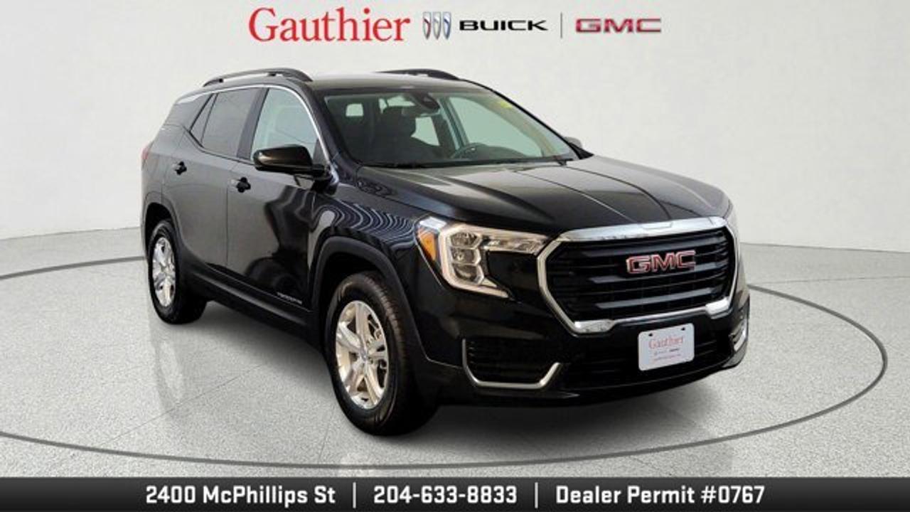 The 2024 GMC Terrain SLE is a compact SUV powered by a 1.5-liter turbocharged four-cylinder engine producing 175 horsepower, paired with a smooth 9-speed automatic transmission and all-wheel drive. It comes well-equipped with standard features like a 7-inch touchscreen infotainment system, wireless Apple CarPlay and Android Auto, keyless entry and ignition, and a comfortable cloth interior with seating for five. Safety is a strong focus, with standard driver-assistance technologies such as lane-keeping assist, forward collision warning, automatic emergency braking, and a rearview camera.
