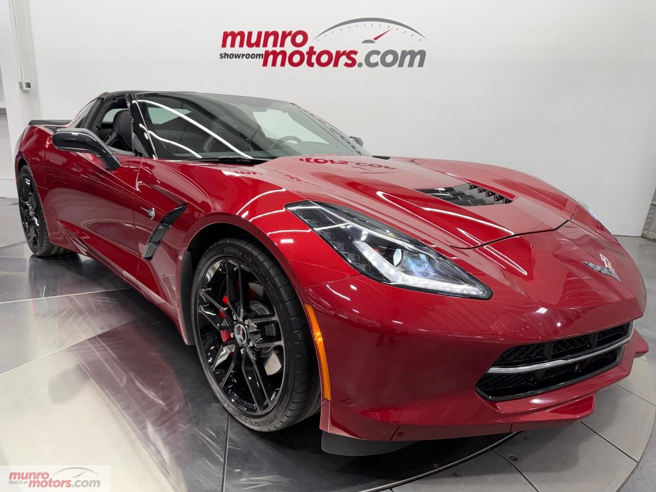 Vehicle Highlights include: 3LT Trim, Competition Seats, Heated & Ventilated Seats, Removeable Transparent Roof Panel, Black Z51 Style Wheels (19Inch & 20inch), Bright Red Brake Calipers, Carbon Flash Rear Spoiler, Carbon Flash Mirrors, NPP Performance Exhaust (Active Exhaust), NAV Navigation, PDR Performance Data Recorder, Chrome Badges, Cargo Net, Cargo Shade, & Carpeted Mats. <br /><br /> Few cars embody the spirit of American performance quite like the Chevrolet Corvette. The 2015 Corvette Stingray 3LT Coupe takes that legacy and enhances it with premium comfort, advanced technology, and heart-pounding performance. Blending track-ready engineering with everyday drivability, this model remains a standout in the sports car world. <br /><br /> Under the sculpted hood lies a 6.2-liter LT1 V8 engine producing an exhilarating 460 horsepower and 460 lb-ft of torque. Paired with an 8-speed automatic with paddle shifters, the 2015 Corvette 3LT rockets from 060 mph in just about 3.8 seconds. <br /><br /> Chevrolets Drive Mode Selector allows drivers to tailor the cars personality  from relaxed cruising in Tour mode to aggressive responsiveness in Track mode. The cars rear-wheel-drive layout, near 50/50 weight distribution, and lightweight aluminum frame deliver a driving experience thats sharp, balanced, and endlessly rewarding. <br /><br /> With its aggressive lines, low stance, and unmistakable presence, the 2015 Corvette turns heads wherever it goes. The long hood, muscular fenders, and quad exhaust outlets hint at its performance potential. <br /><br /> Draped in Crystal Red Tintcoat, this 2015 Chevrolet Corvette Stingray 3LT Coupe radiates a presence that is both commanding and sophisticated. The color isnt just red  its a deep, metallic crimson that shimmers with life under sunlight, shifting subtly from a rich ruby glow to a darker, almost wine-like tone in the shade. The finish accentuates every sculpted curve and muscular line of the Corvettes aerodynamic body, giving the car an appearance of motion even when its standing still. <br /><br /> Inside, the Jet Black leather interior creates a dramatic contrast to the radiant exterior. The cabin feels like stepping into a high-performance cockpit designed for both luxury and control  supple Nappa leather wraps the seats, dashboard, and door panels, while precision stitching adds an artisanal touch. The dark leather absorbs light, making the polished aluminum accents and illuminated controls stand out like jewelry against a black silk backdrop. <br /><br /> The 3LT trim represents one of the most luxurious options in the Corvette lineup. Inside, youll find premium Nappa leather upholstery, heated and ventilated seats, Memory Driver Seat, and a leather-wrapped dashboard & door panels with grey stitching. The Bose premium 10-speaker sound system, Head-Up Display (HUD), and Chevrolet MyLink infotainment system with an 8-inch touchscreen bring high-tech comfort and connectivity to the cockpit. <br /><br /> Drivers will also enjoy features like a Performance Data Recorder, which captures video and telemetry for reviewing your driving sessions on or off the track. <br /><br /> Safety is bolstered by features such as a rearview camera, OnStar telematics, traction and stability control, and a high-strength aluminum frame structure. Despite its supercar performance, the Corvette 3LT remains surprisingly practical, offering a 15-cubic-foot cargo area, making it a capable weekend getaway companion. <br /><br /> The 2015 Chevrolet Corvette 3LT Coupe is more than just a sports car  its an icon reborn for the modern era. With its potent V8 power, cutting-edge technology, and luxurious interior, it strikes a perfect balance between race-inspired performance and everyday usability. Whether carving through mountain roads or pulling up to a night out, the Corvette 3LT delivers an experience that few cars in its class can match. <br /><br /> This C7 has a clean Carfax. Come on down to Munro Motors & see this one for yourself, its in stock. We will look forward to seeing you real soon!<br /><br /> <p>Carfax: <a target=_blank rel=noopener noreferrer nofollow href=https://vhr.carfax.ca/en/?id=wG6oOsZeoiyEZuzqvCRz939DMUoN%2Boqm>https://vhr.carfax.ca/en/?id=wG6oOsZeoiyEZuzqvCRz939DMUoN%2Boqm</a></p><p></p><p>Check us out on youtube: click here</p><p>Like us on Facebook: <a target=_blank rel=noopener noreferrer nofollow href=https://www.facebook.com/munromotors/>https://www.facebook.com/munromotors/</a></p><p>We are located in Brantford, Ontario; Telephone City and the hometown of hockey legend Wayne Gretzky. Formerly located in St. George, Ontario for ten years, we are still east of London, south of Cambridge, and west of Hamilton. In order to get our customers to come here, we have to have great prices and then when you get here, we have to have a great car in order to earn your business.</p><p>Our business hours are Monday to Friday 10am to 5pm. We are closed on Saturdays and Sundays.</p><p>At Munro Motors, we find unique vehicles and post our entire stock online in order to ensure that our vehicles find their happy home.</p><p>To ensure our customers can get what they've always wanted, we offer financing services through TD Auto Finance, Desjardins, CIBC Auto Finance and Independent Leasing Companies on vehicles that are less than ten model years old and boats that are less than twenty-five model years old.</p><p>We also offer warranty products through Lubrico and GVC warranties to ensure that your mechanical baby stays in tip-top condition.</p><p>All of our vehicles are hand-picked by the very knowledgeable owner, Andy Munro, who has been connecting people to their dreams for many years.</p><p><a target=_blank rel=noopener noreferrer nofollow href=http://Munromotors.com>Munromotors.com</a></p><p>Email: <a target=_blank rel=noopener noreferrer nofollow><u>sales@munromotors.com</u></a></p><p>Most of our vehicles are already reconditioned, saftied, etested and ready to drive home with you.</p><p>Delivery is available. Ask for details</p><p>All prices are subject to HST and licensing, no hidden fees.</p>