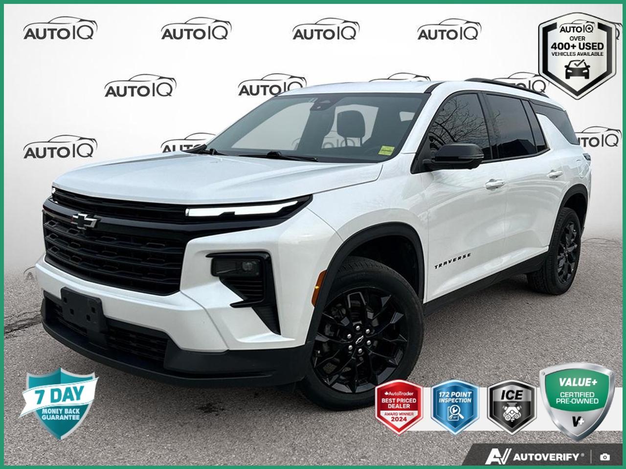 Recent Arrival!<br>CARFAX Canada No Reported Accidents CARFAX Canada One Owner<br><br>| One Owner, | No Accidents, | Apple CarPlay/Android Auto, AWD, 220 Amps Alternator, 6-Speaker Audio System Feature, Heavy-Duty Cooling System, High Gloss Black Door Upper Moulding, Hitch Guidance, Hitch View, Midnight/Sport Edition, Navigation System, Preferred Equipment Group 2LT, Radio: 17.7 Diagonal Display, SiriusXM w/360L, Trailering Package, Wheels: 20 High Gloss Black Painted Aluminum.<br><br>Iridescent Pearl Tricoat LT<br>SPORT PKG | 20 INCH WHEELS | 7-PASSENGER | POWER LIFTGATE 2024 Chevrolet Traverse LT  2.5L DOHC<br>8-Speed Automatic<br>AWD<p> </p><h4>VALUE+ CERTIFIED PRE-OWNED VEHICLE</h4><p>- 36-point Provincial Safety Inspection<br>- 172-point inspection combined mechanical, aesthetic, functional inspection including a vehicle report card<br>- Warranty: 30 Days or 1500 KMS on mechanical safety-related items and extended plans are available<br>- Complimentary CARFAX Vehicle History Report<br>- 2X Provincial safety standard for tire tread depth<br>- 2X Provincial safety standard for brake pad thickness<br>- 7 Day Money Back Guarantee*<br>- Market Value Report provided<br>- Complimentary 3 months SIRIUS XM satellite radio subscription on equipped vehicles<br>- Complimentary wash and vacuum<br>- Vehicle scanned for open recall notifications from manufacturer</p><p>SPECIAL NOTE: This vehicle is reserved for AutoIQs retail customers only. Please, No dealer calls. Errors & omissions excepted.</p><p>*As-traded, specialty or high-performance vehicles are excluded from the 7-Day Money Back Guarantee Program (including, but not limited to Ford Shelby, Ford mustang GT, Ford Raptor, Chevrolet Corvette, Camaro 2SS, Camaro ZL1, V-Series Cadillac, Dodge/Jeep SRT, Hyundai N Line, all electric models)</p>