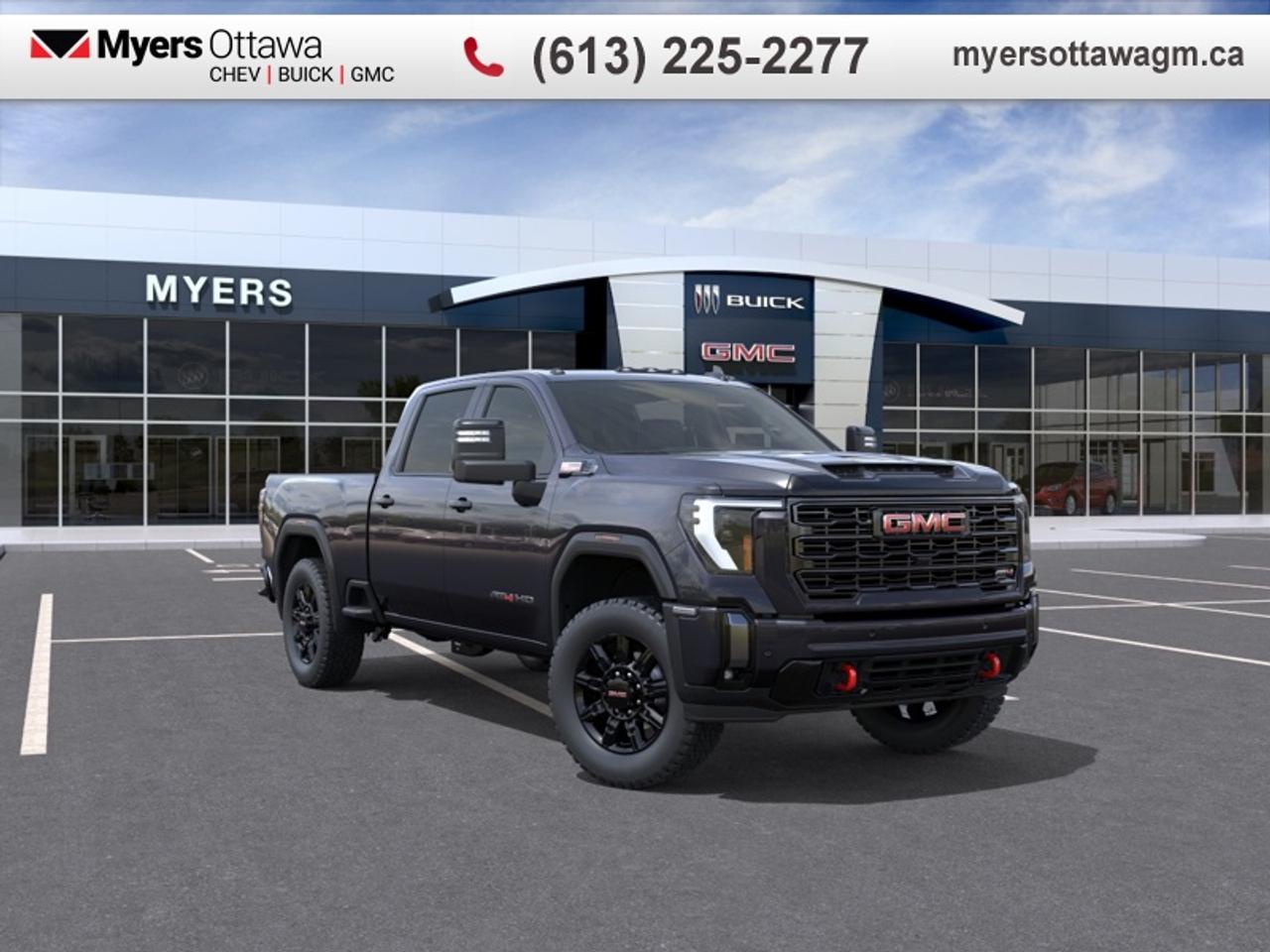 <br> <br>SUNROOF, PREFERRED PACKAGE, DURAMAX, AT4<br> <br>This 2026 GMC 2500HD is highly configurable work truck that can haul a colossal amount of weight thanks to its potent drivetrain. This truck also offers amazing interior features that nestle occupants in comfort and luxury, with a great selection of tech features. For heavy-duty activities and even long-haul trips, the 2500HD is all the truck youll ever need.<br> <br>This Titanium Rush Metallic sought after diesel Crew Cab 4X4 pickup has an Automatic transmission and is powered by a 470HP 6.6L 8 Cylinder Engine. <br> <br> Our Sierra 2500HDs trim level is AT4. This trim rewards you with the X31 Off-Road Package built for rugged adventures with skid plates, Hill Descent Control, off-road suspension, and Rancho twin-tube shocks, plus red recovery hooks for added capability. It comes equipped with the Sierra HD Pro Safety suite, featuring Automatic Emergency Braking, Lane Departure Warning, Forward Collision Alert, and more, alongside advanced trailering technology like Hitch Guidance with Hitch View, the ProGrade Trailering System, and a spray-on bedliner with MultiPro Tailgate. Inside, youll find heated and ventilated leather seats, a Bose premium audio system, a 13.4 infotainment display with Google built-in, wireless Apple CarPlay/Android Auto, and wireless charging, while Adaptive Cruise Control, HD Surround Vision, and Trailer Side Blind Zone Alert add confidence on every drive. Rugged 20 black aluminum wheels, LED animated headlamps and taillamps, and body-colour accents complete the bold, off-road-ready design. This vehicle has been upgraded with the following features: Leather Seats, Sunroof.<br><br> <br>To apply right now for financing use this link: <a href=https://creditonline.dealertrack.ca/Web/Default.aspx?Token=b35bf617-8dfe-4a3a-b6ae-b4e858efb71d&Lang=en target=_blank>https://creditonline.dealertrack.ca/Web/Default.aspx?Token=b35bf617-8dfe-4a3a-b6ae-b4e858efb71d&Lang=en</a><br><br> <br/> Total  rebate of $4000 is reflected in the price.   Incentives expire 2026-04-30.  See dealer for details. <br> <br><br> Come by and check out our fleet of 40+ used cars and trucks and 180+ new cars and trucks for sale in Ottawa.  o~o