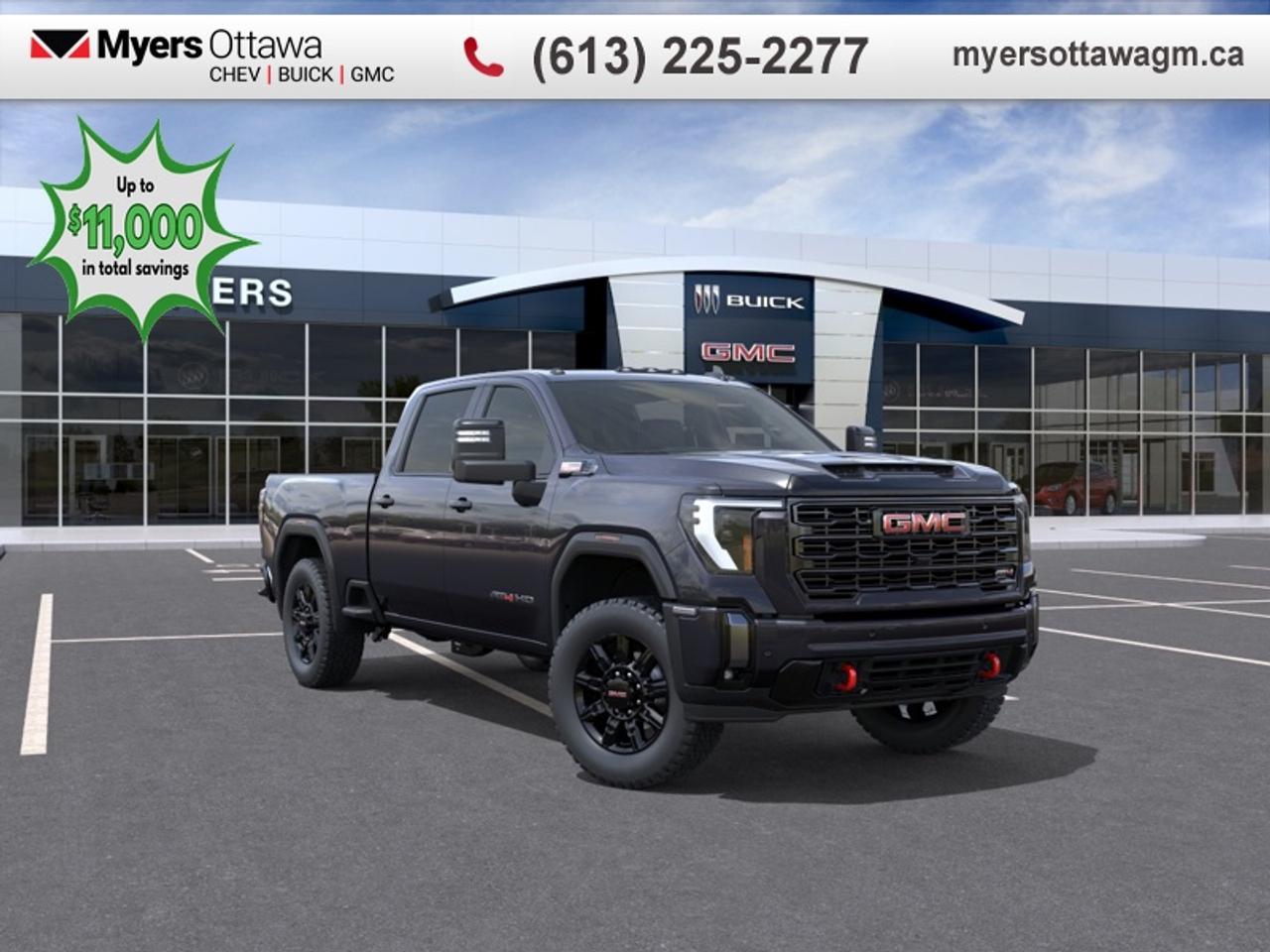 SPECIAL! EMPLOYEE PRICING ON NOW! Was $117105. Now $105966! $11139 discount until Aug 31!  <br> <br/>SUNROOF, PREFERRED PACKAGE, DURAMAX, AT4<br> <br>This 2026 GMC 2500HD is highly configurable work truck that can haul a colossal amount of weight thanks to its potent drivetrain. This truck also offers amazing interior features that nestle occupants in comfort and luxury, with a great selection of tech features. For heavy-duty activities and even long-haul trips, the 2500HD is all the truck youll ever need.<br> <br>This Titanium Rush Metallic sought after diesel Crew Cab 4X4 pickup has an Automatic transmission and is powered by a 470HP 6.6L 8 Cylinder Engine. <br> <br> Our Sierra 2500HDs trim level is AT4. This trim rewards you with the X31 Off-Road Package built for rugged adventures with skid plates, Hill Descent Control, off-road suspension, and Rancho twin-tube shocks, plus red recovery hooks for added capability. It comes equipped with the Sierra HD Pro Safety suite, featuring Automatic Emergency Braking, Lane Departure Warning, Forward Collision Alert, and more, alongside advanced trailering technology like Hitch Guidance with Hitch View, the ProGrade Trailering System, and a spray-on bedliner with MultiPro Tailgate. Inside, youll find heated and ventilated leather seats, a Bose premium audio system, a 13.4 infotainment display with Google built-in, wireless Apple CarPlay/Android Auto, and wireless charging, while Adaptive Cruise Control, HD Surround Vision, and Trailer Side Blind Zone Alert add confidence on every drive. Rugged 20 black aluminum wheels, LED animated headlamps and taillamps, and body-colour accents complete the bold, off-road-ready design. This vehicle has been upgraded with the following features: Leather Seats, Sunroof.<br><br> <br>To apply right now for financing use this link: <a href=https://creditonline.dealertrack.ca/Web/Default.aspx?Token=b35bf617-8dfe-4a3a-b6ae-b4e858efb71d&Lang=en target=_blank>https://creditonline.dealertrack.ca/Web/Default.aspx?Token=b35bf617-8dfe-4a3a-b6ae-b4e858efb71d&Lang=en</a><br> <br/>Weve discounted this vehicle $11139. See dealer for details. <br><br><br> Come by and check out our fleet of 40+ used cars and trucks and 150+ new cars and trucks for sale in Ottawa.  o~o