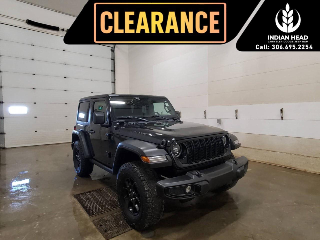 <p>The 2024 Jeep Wrangler Willys 4x4 is built for adventure, combining legendary off-road capability with modern technology and bold styling. Designed to tackle tough terrain while remaining comfortable for everyday driving, this Wrangler is ready for wherever the roador trailtakes you.</p><p>Under the hood, its powered by a <strong>2.0L turbocharged engine with Stop/Start technology</strong>, paired with an automatic transmission for a balance of performance and efficiency. Jeeps proven <strong>Command-Trac® 4x4 system</strong> ensures confident traction in a variety of conditions, making it ideal for both off-road exploration and Canadian winters.</p><p>The Willys trim brings enhanced off-road capability with features like <strong>heavy-duty axles, off-road tires, and a limited-slip rear differential</strong>, along with rugged styling that includes black exterior accents and unique Willys badging.</p><p>Inside, the Wrangler offers a functional and comfortable cabin with durable cloth seating and modern tech. Stay connected with <strong>Uconnect® 5 featuring a 12.3-inch touchscreen</strong>, Apple CarPlay® and Android Auto, Bluetooth® connectivity, and SiriusXM®. Convenience features like remote start, dual-zone climate control, and keyless entry make every drive more enjoyable.</p><p>Additional features such as LED lighting, a backup camera, advanced safety systems including Forward Collision Warning and Adaptive Cruise Control, and available removable roof options add both practicality and fun to the driving experience.</p><p>Whether you're heading off-road or cruising through town, the 2024 Jeep Wrangler Willys 4x4 delivers the iconic Jeep experience with capability, style, and versatility.</p><p>Please confirm all vehicle details and features with our sales team and start the buying process today at Indian Head Chrysler Dodge Jeep Ram Ltd.</p>